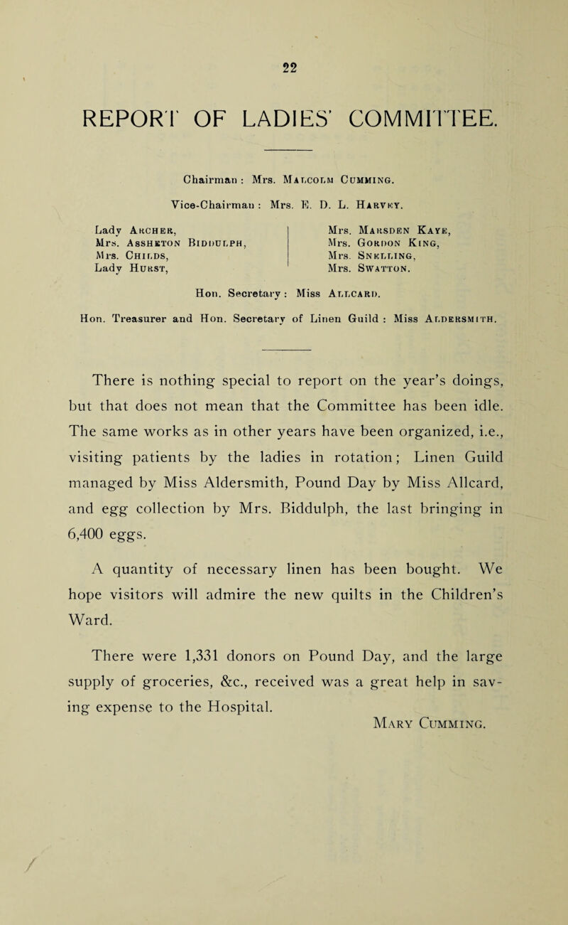 REPORT OF LADIES' COMMITTEE. Chairman : Mrs. Malcolm Cdmming. Vice-Chairmau : Mrs. E. D. L. Harvey. Lady Archer, Mrs. Asshkton Biddulph Mrs. Childs, Ladv Hurst, Mrs. Marsden Kaye, Mrs. Gordon King, Mrs. Snklling, Mrs. Swatton. Hon. Secretary : Miss Allcard. Hon. Treasurer and Hon. Secretary of Linen Guild : Miss Aldersmith. J There is nothing special to report on the year’s doings, but that does not mean that the Committee has been idle. The same works as in other years have been organized, i.e., visiting patients by the ladies in rotation; Linen Guild managed by Miss Aldersmith, Pound Day by Miss Allcard, and egg collection by Mrs. Biddulph, the last bringing in 6,400 eggs. A quantity of necessary linen has been bought. We hope visitors will admire the new quilts in the Children’s Ward. There were 1,331 donors on Pound Day, and the large supply of groceries, &c., received was a great help in sav¬ ing expense to the Hospital. Mary Cumming.