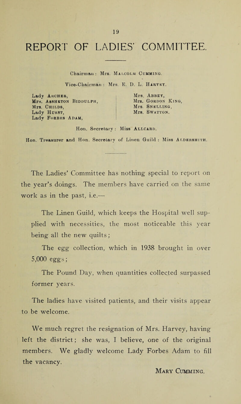 REPORT OF LADIES' COMMITTEE. Chairman: Mrs. Malcolm Cumming. Vice-Chairman : Mrs. E. D. L. Harvey. Lady Archer, Mrs. Asshkton Biddulph, Mrs. Childs, Lady Hurst, Lady Forbes Adam, Hon. Secretary : Hon. Treasurer and Hon. Secretary Mrs. Abbey, Mrs. Gordon King, Mrs. Snklling, Mrs. Swatton. Miss Allcard. of Linen Guild: Miss Aldkrsmith. The Ladies’ Committee has nothing special to report on the year’s doings. The members have carried on the same work as in the past, i.e.— The Linen Guild, which keeps the Hospital well sup¬ plied with necessities, the most noticeable this year being all the new quilts; The egg collection, which in 1938 brought in over 5,000 eggs; The Pound Day, when quantities collected surpassed former years. The ladies have visited patients, and their visits appear to be welcome. We much regret the resignation of Mrs. Harvey, having left the district; she was, I believe, one of the original members. We gladly welcome Lady Forbes Adam to fill the vacancy. Mary Cumming,