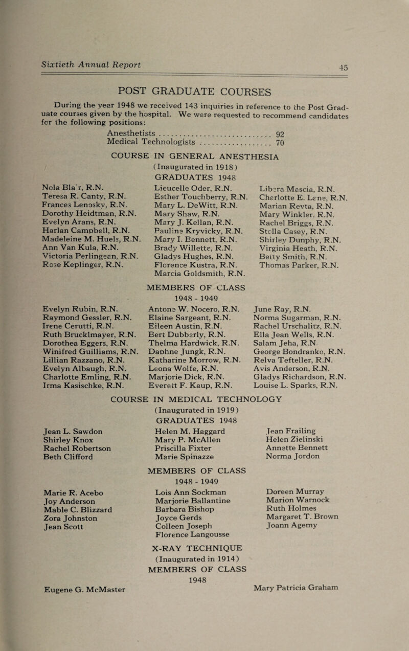 POST GRADUATE COURSES During the year 1948 we received 143 inquiries in reference to the Post Grad¬ uate courses given by the hospital. We were requested to recommend candidates for the following positions: Anesthetists. 92 Medical Technologists . 70 COURSE IN GENERAL ANESTHESIA Nola Bla'r, R.N. Teresa R. Canty, R.N. Frances Lenoskv, R.N. Dorothy Heidtman, R.N. Evelyn Arans, R.N. Harlan Campbell, R.N. Madeleine M. Huels, R.N. Ann Van Kula, R.N. Victoria Perlingean, R.N. Rose Keplinger, R.N. Evelyn Rubin, R.N. Raymond Gessler, R.N. Irene Cerutti, R.N. Ruth Brucklmayer, R.N. Dorothea Eggers, R.N. Winifred Guilliams, R.N. Lillian Razzano, R.N. Evelyn Albaugh, R.N. Charlotte Emling, R.N. Irma Kasischke, R.N. (Inaugurated in 1918) GRADUATES 1948 Lieucelle Oder, R.N. Esther Touchberry, R.N. Mary L. DeWitt, R.N. Mary Shaw, R.N. Mary J. Kellan, R.N. Pauline Kryvicky, R.N. Mary I. Bennett. R.N. Brady Willette, R.N. Gladys Hughes, R.N. Florence Kustra, R.N. Marcia Goldsmith, R.N. MEMBERS OF CLASS 1948 - 1949 Antone W. Nocero, R.N. Elaine Sargeant, R.N. Eileen Austin, R.N. Bert Dubberly, R.N. Thelma Hardwick, R.N. Daphne Jungk, R.N. Katharine Morrow, R.N. Leona Wolfe, R.N. Marjorie Dick, R.N. Everett F. Kaup, R.N. Libera Mascia, R.N. Charlotte E. Lane, R.N. Marian Revta, R.N. Mary Winkler. R.N. Rachel Briggs, R.N. Stella Casey, R.N. Shirley Dunphy, R.N. Virginia Heath, R.N. Betty Smith, R.N. Thomas Parker, R.N. June Ray, R.N. Norma Sugarman, R.N. Rachel Urschalitz, R.N. Ella Jean Wells, R.N. Salam Jeha, R.N. George Bondranko, R.N. Relva Tefteller, R.N. Avis Anderson, R.N. Gladys Richardson, R.N. Louise L. Sparks, R.N. COURSE IN MEDICAL TECHNOLOGY (Inaugurated in 1919) GRADUATES 1948 Jean L. Sawdon Shirley Knox Rachel Robertson Beth Clifford Helen M. Haggard Mary P. McAllen Priscilla Fixter Marie Spinazze Jean Frailing Helen Zielinski Annette Bennett Norma Jordon Marie R. Acebo Joy Anderson Mable C. Blizzard Zora Johnston Jean Scott MEMBERS OF CLASS 1948 - 1949 Lois Ann Sockman Marjorie Ballantine Barbara Bishop Joyce Gerds Colleen Joseph Florence Langousse Doreen Murray Marion Warnock Ruth Holmes Margaret T. Brown Joann Agemy X-RAY TECHNIQUE (Inaugurated in 1914) MEMBERS OF CLASS 1948 Eugene G. McMaster Mary Patricia Graham