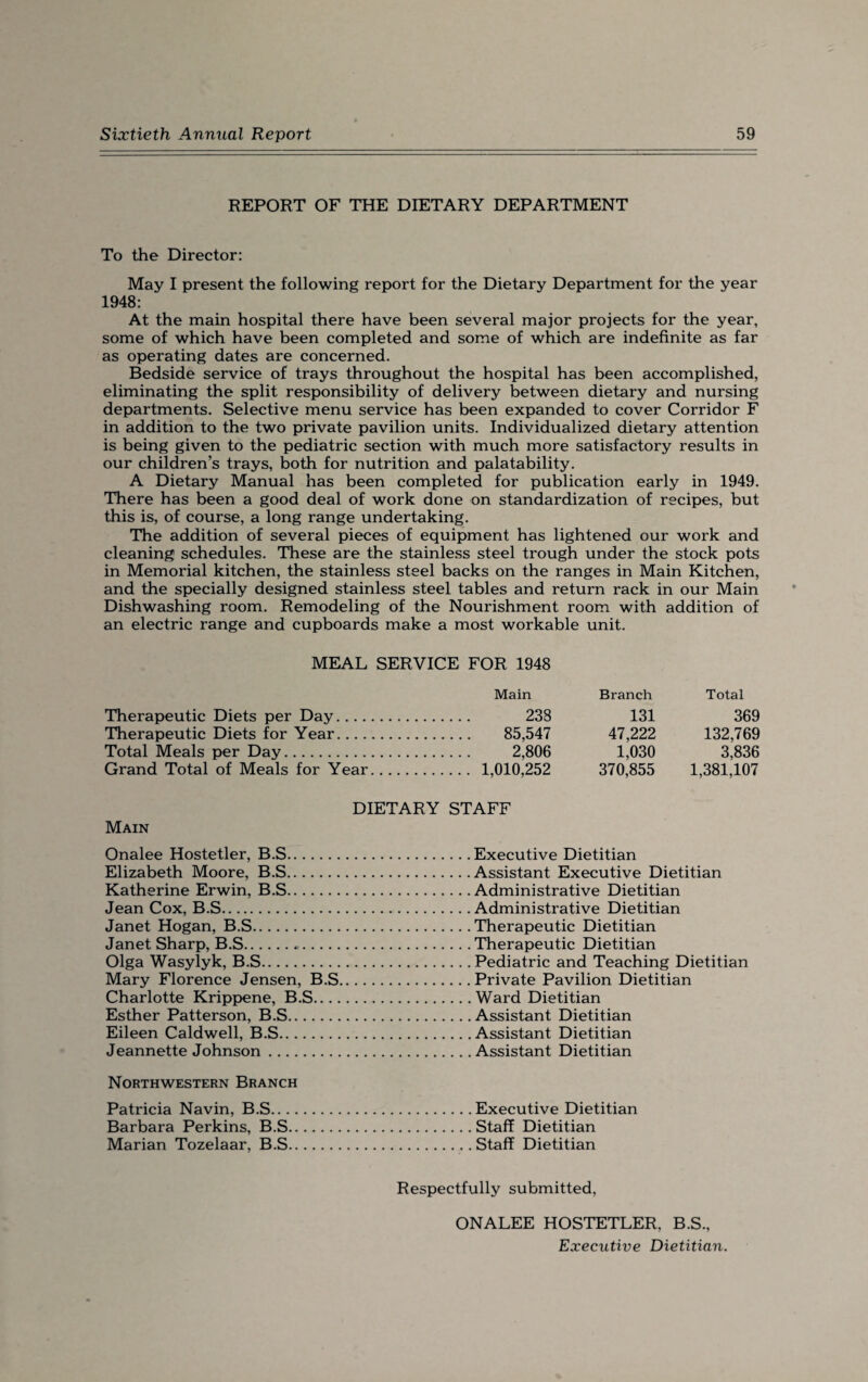REPORT OF THE DIETARY DEPARTMENT To the Director: May I present the following report for the Dietary Department for the year 1948: At the main hospital there have been several major projects for the year, some of which have been completed and some of which are indefinite as far as operating dates are concerned. Bedside service of trays throughout the hospital has been accomplished, eliminating the split responsibility of delivery between dietary and nursing departments. Selective menu service has been expanded to cover Corridor F in addition to the two private pavilion units. Individualized dietary attention is being given to the pediatric section with much more satisfactory results in our children’s trays, both for nutrition and palatability. A Dietary Manual has been completed for publication early in 1949. There has been a good deal of work done on standardization of recipes, but this is, of course, a long range undertaking. The addition of several pieces of equipment has lightened our work and cleaning schedules. These are the stainless steel trough under the stock pots in Memorial kitchen, the stainless steel backs on the ranges in Main Kitchen, and the specially designed stainless steel tables and return rack in our Main Dishwashing room. Remodeling of the Nourishment room with addition of an electric range and cupboards make a most workable unit. MEAL SERVICE FOR 1948 Therapeutic Diets per Day.... Therapeutic Diets for Year.... Total Meals per Day. Grand Total of Meals for Year Main Branch Total 238 131 369 85,547 47,222 132,769 2,806 1,030 3,836 1,010,252 370,855 1,381,107 DIETARY STAFF Main Onalee Hostetler, B.S. Elizabeth Moore, B.S. Katherine Erwin, B.S. Jean Cox, B.S. Janet Hogan, B.S. Janet Sharp, B.S. Olga Wasylyk, B.S. Mary Florence Jensen, B.S Charlotte Krippene, B.S.... Esther Patterson, B.S.. Eileen Caldwell, B.S.. Jeannette Johnson. Northwestern Branch Patricia Navin, B.S.Executive Dietitian Barbara Perkins, B.S.Staff Dietitian Marian Tozelaar, B.S.Staff Dietitian Executive Dietitian Assistant Executive Dietitian Administrative Dietitian Administrative Dietitian Therapeutic Dietitian Therapeutic Dietitian Pediatric and Teaching Dietitian Private Pavilion Dietitian Ward Dietitian Assistant Dietitian Assistant Dietitian Assistant Dietitian Respectfully submitted, ONALEE HOSTETLER, B.S., Executive Dietitian.