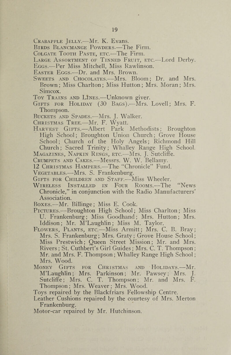 Crabapple Jelly.—Mr. K. Evans. Birds Blancmange Powders.—The Firm. Colgate Tooth Paste, etc.—The Firm. Large Assortment of Tinned Fruit, etc.—Lord Derby. Eggs.—Per Miss Mitchell, Miss Rawlinson. Easter Eggs.—Dr. and Mrs. Brown. Sweets and Chocolates.—Mrs. Bloom; Dr. and Mrs. Brown; Miss Charlton; Miss Hutton; Mrs. Moran; Mrs. Simcox. Toy Trains and LInes.—Unknown giver. Gifts for Holiday (30 Bags).—Mrs. Lovell; Mrs. F. Thompson. Buckets and Spades.—Mrs. J. Walker. Christmas Tree.—Mr. F. Wyatt. Harvest Gifts.—Albert Park Methodists; Broughton High School; Broughton Union Church; Grove House School; Church of the Holy Angels; Richmond Hill Church; Sacred Trinity; Whalley Range High School. Magazines, Napkin Rings, etc.—Mrs. J. Sutcliffe. Crumpets and Cakes.—Messrs. W. W. Bellamy. 12 Christmas Hampers.—The “Chronicle” Fund. Vegetables.—Mrs. S. Frankenburg. Gifts for Children and Staff.—Miss Wheeler. Wireless Installed in Four Rooms.—The “News Chronicle,” in conjunction with the Radio Manufacturers’ Association. Boxes.—Mr. Billinge; Miss E. Cook. Pictures.—Broughton High School; Miss Charlton; Miss U. Frankenburg; Miss Goodhand; Mrs. Hutton; Mrs. Iddison; Mr. M’Laughlin; Miss M. Taylor. Flowers, Plants, etc.—Miss Armitt; Mrs. C. B. Bray; Mrs. S. Frankenburg; Mrs. Graty; Grove House School; Miss Prestwich; Queen Street Mission; Mr. and Mrs. Rivers; St. Cuthbert’s Girl Guides; Mrs. C. T. Thompson; Mr. and Mrs. F. Thompson; Whalley Range High School; Mrs. Wood. Money Gifts for Christmas and Holidays.—Mr. M’Laughlin; Mrs. Parkinson; Mr. Pawsey; Mrs. J. Sutcliffe; Mrs. C. T. Thompson; Mr. and Mrs. F. Thompson; Mrs. Weaver; Mrs. Wood. Toys repaired by the Blackfriars Fellowship Centre. Leather Cushions repaired by the courtesy of Mrs. Merton Frankenburg. Motor-car repaired by Mr. Hutchinson.