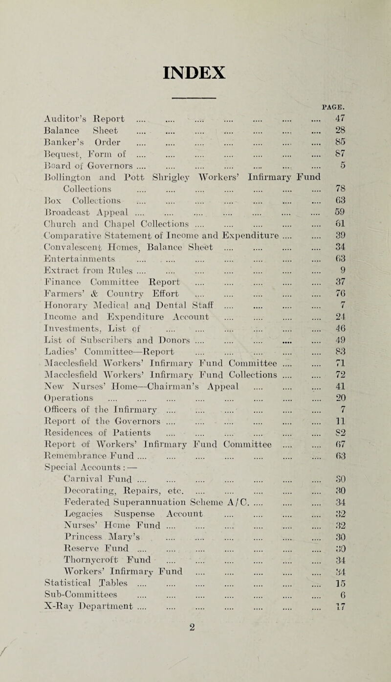 INDEX PAGE. Auditor’s Report .... .... .... .... .... .... .... 47 Balance Sheet .... .... .... .... .... ..., .... 28 Banker’s Order .... .... .... .... .... .... .... 85 Bequest, Form of .... .... .... .... .... .... .... 87 Beard of Governors .... .... .... .... .... .... .... 5 Bollington and Pott Shrigley Workers’ Infirmary Fund Collections .... .... .... .... .... .... .... 78 Box Collections .... .... .... .... .... .... .... 63 Broadcast Appeal .... .... .... .... .... .... .... 59 Church and Chapel Collections .... .... .... .... .... 61 Comparative Statement of Income and Expenditure .... .... 39 Convalescent Homes, Balance Sheet .... .... .... .... 34 Entertainments .... .... .... .... .... .... .... 63 Extract from Rules .... .... .... .... .... .... .... 9 Finance Committee Report .... .... .... .... .... 37 Farmers’ & Country Effort .... .... .... .... .... 76 Honorary Medical and Dental Staff .... .... .... .... 7 Income and Expenditure Account .... .... .... .... 24 Investments, List of .... .... .... .... .... .... 46 List of Subscribers, and Donors .... .... .... .... .... 49 Ladies’ Committee—Report .... .... .... .... .... 83 Macclesfield Workers’ Infirmary Fund Committee .... .... 71 Macclesfield Workers’ Infirmary Fund Collections .... .... 72 New Nurses’ Home—Chairman’s Appeal .... .... .... 41 Operations .... .... .... .... .... .... .... .... 20 Officers of the Infirmary .... .... .... .... .... .... 7 Report of the Governors .... .... .... .... .... .... 11 Residences of Patients .... .... .... .... .... .... 82 Report of Workers’ Infirmary Fund Committee .... .... 67 Remembrance Fund .... .... .... .... .... .... .... 63 Special Accounts : — Carnival Fund. SO Decorating, Repairs, etc. .... .... .... .... 30 Federated Superannuation Scheme A/C. .... .... 34 Legacies Suspense Account .... .... .... .... 32 Nurses’ Home Fund .... .... .... .... .... .... 32 Princess Mary’s .... .... .... .... .... .... 30 Reserve Fund .... .... .... .... .... .... .... 30 Thornycroft Fund .... .... .... .... .... .... 34 Workers’ Infirmary Fund .... .... .... .... .... 34 Statistical .Tables .... .... .... .... .... .... .... 15 Sub-Committees .... .... .... .... .... .... .... 6 X-Ray Department. 17