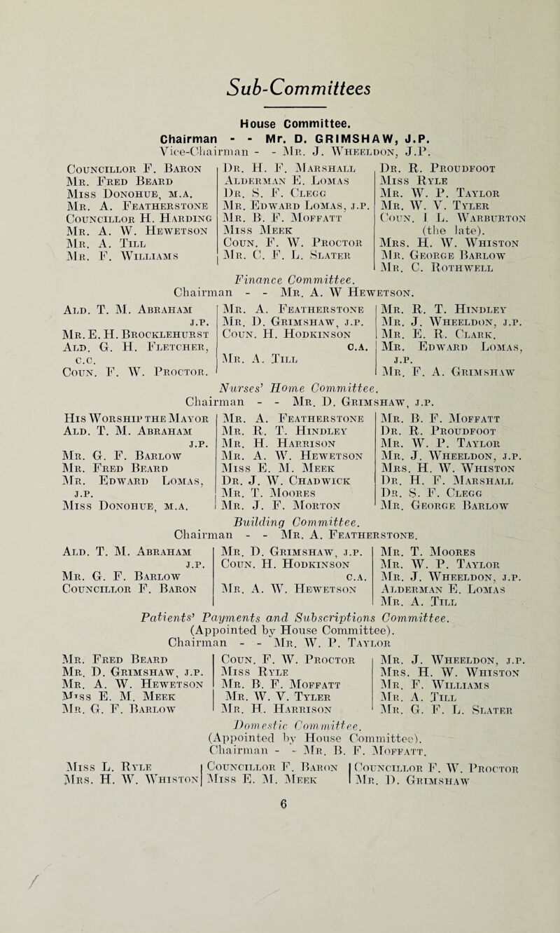 Sub-Committees House Committee. Chairman - - Mr. D. GRIMSHAW, J.P. Vice-Chairman - - Me. J. Wheeluon. J.P. COUNCILLOE F. BABON Me. Feed Beaed Miss Donohue, m.a. Me. A. Featheestone COUNCILLOE H. HaEDING Me. A. W. Hewetson Me, A. Till Me. F. Williams De. H. F. Maeshall Aldeeman E. Lomas De. S. F. Clegg Me. Edwabd Lomas, j.p. Me. B. F. Mofpatt Miss Meek Coun. F. W. Peoctoe Me. C. F. L. Slatee De. R. Piioudfoot Miss Ryle Me. W. P. Tayloe Me. W. V. Tylee Coun. I L. Waebueton (the late). Mes. H. W. Whiston Me. Geoege Baelow Me. C. Roth well Finance Committee. Chairman - - Me. A. W Hewetson. Ald. T. M. Abeaham j.p. Me. E. H. Beocklehubst Ald. G. H. Fletchee, c.c. Coun. F. W. Peoctoe. Me. A. Feathebstone Me. D. Geimshaw, j.p. Coun. H. Hodkinson c.a. Me. A. Jill Me. R. T. Hindley Me. J. Wheeldon, j.p. Me. E. R. Claek. Me. Edwaed Lomas, j.p. Me. F. A. Geimshaw Nurses’ Home Committee. Chairman - - Me. D. Geimshaw, j.p. His Woeship the Mayoe Ald. T. M. Abeaham j.p. Me. G. F. Baelow Me. Feed Beaed Me. Edwaed Lomas, j.p. Miss Donohue, m.a. Me. A. Feathebstone Me. R. T. Hindley Me. H. Haeeison Me. A. W. Hewetson Miss E. M. Meek De. J. W. Chadwick Me. T. Mooees Me. J. F. Moeton Me. B. F. Moffatt De. R. Peoudfoot Me. W. P. Tayloe Me. J. Wheeldon, j.p. Mes. H. W. Whiston De. H. F. Mae shall De. S. F. Clegg Me. Geoege Baelow Building Committee. Chairman - - Me. A. Feathebstone. Ald. T. M. Abeaham j.p. Me. G. F. Baelow COUNCILLOE F. BAEON Me. D. Geimshaw, j.p. Coun. H. Hodkinson c.a. Me. A. W. Hewetson Me. T. Mooees Me. W. P. Tayloe Me. J. Wheeldon, j.p. Aldeeman E. Lomas Me. A. Till Patients’ Payments and Subscriptions Committee. (Appointed by House Committee). Chairman - - Me. W. P. Tayloe Me. Feed Beaed Me. D. Geimshaw, j.p. Me. A. W. Hewetson Muss E. M. Meek Mb. G. F. Baelow Coun. F. W. Peoctoe Miss Ryle Me. B. F. Moffatt Me. W. V. Tylee Me. H. Haeeison Domestic Committee (Appointed Chairman - Me. J. Wheeldon, j.p. Mes. H. W. Whiston Me. F. Williams Me. A. .Till Me. G. F. L. Slatee by House Committee). - Mb. B. F. Moffatt. Miss L. Ryle i Councilloe F. Baeon I Councilloe F. W. Peoctoe Mes. H. W. Whiston] Miss E. M. Meek I Me, D. Geimshaw