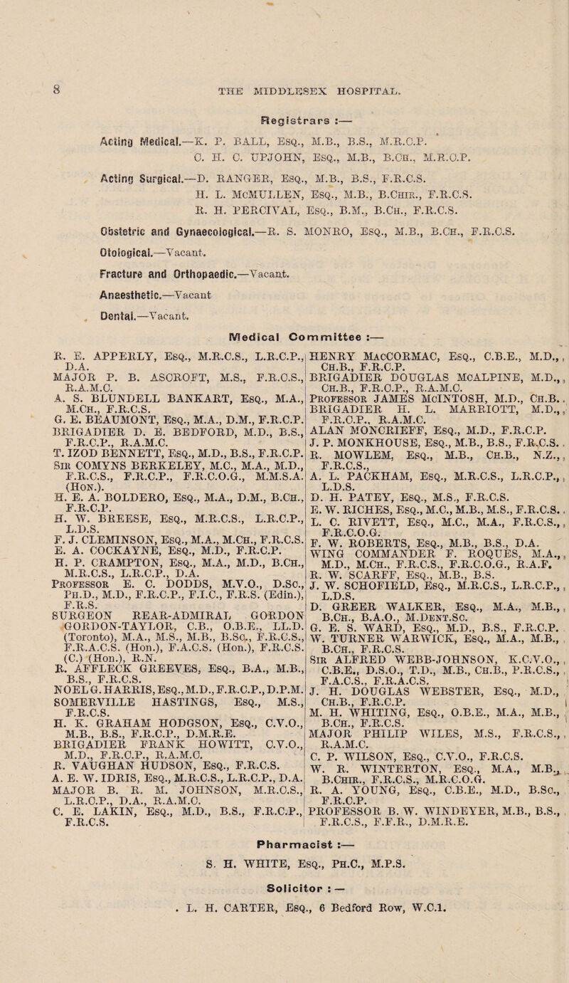 Registrars :— Acting Medical.—K. p. ball, esq., m.b., b.s., m.r.o.p. 0. H. C. UPJOHN, ESQ., M.B., B.On., M.R.O.P. Acfinrj Surgical— D. RANGER, Esq., M.B., B.S., E.R.C.S. H. L. MCMULLEN, ESQ., M.B., B.Chir., E.R.C.S. R. H. PERCIYAL, ESQ., B.M., B.Ch., F.R.C.S. Obstetric and Gynaecological.—R. S. MONRO, Esq., H.B., B.Ch., E.R.C.S. Otoiogical.—Vacant. Fracture and Orthopaedic.—Vacant. Anaesthetic.—Vacant Dental.—v aeant. Medical Committee :— R. E. APPERLY, Esq., M.R.C.S., L.R.C.P., D.A. MAJOR P. B. ASOROET, M.S.. E.R.O.S., R.A.M.O. A. S. BLUNDELL BANKART, ESQ., M.A., M.Ch frcs G. E. BEAUMONT, ESQ., M.A., D.M., F.R.C.P. BRIGADIER D. E. BEDFORD, M.D., B.S., F.R.C.P., R.A.M.C. T. IZOD BENNETT, ESQ., M.D., B.S., F.R.C.P. SHl COMYNS BERKELEY, M.C., M.A., M.D., F.R.C.S., F.R.C.P., F.R.C.O.G., M.M.S.A. (Hon.). H. E. A. BOLDERO, ESQ., M.A., D.M., B.CH., F.R.C.P. H. W. BREESE, ESQ., M.R.C.S., L.R.C.P., L. D.S. F. J. CLEMINSON, ESQ., M.A., M.CH., E.R.C.S. E. A. COCKAYNE, ESQ., M.D., F.R.C.P. H. P. CRAMPTON, ESQ., M.A., M.D., B.CH., M. R.C.S., L.R.C.P., D.A. Professor E. C. DODDS, M.Y.O., D.Sc., Ph.D., M.D., F.R.C.P., F.I.C., F.R.S. (Edin.), F XI S SURGEON REAR-ADMIRAL GORDON GORDON-TAYLOR, C.B., O.B.E., LL.D. (Toronto), M.A., M.S., M.B., B.SOr, F.R.C.S., F.R.A.C.S. CHon.), E.A.C.S. (Hon.), F.R.C.S. (C.) (Hon.), R.N. R. AFFLECK GREEVES, ESQ., B.A., M.B., B.S,, F.R.C.S. NOEL G. HARRIS, ESQ., M.D., E.R.C.P., D.P.M. SOMERVILLE HASTINGS, ESQ., M.S., rues H. K. GRAHAM HODGSON, ESQ., C.Y.O., M.B., B.S., F.R.C.P., D.M.R.E. BRIGADIER FRANK HOWITT, C.V.O., M.D., F.R.C.P., R.A.M.O. R, VAUGHAN HUDSON, ESQ., F.R.C.S. A. E. W. IDRIS, ESQ., M.R.C.S., L.R.C.P., D.A. MAJOR B. R. M. JOHNSON, M.R.O.S., L.R.O.P., D.A., R.A.M.O. C. E. LAKIN, ESQ., M.D., B.S., F.R.C.P., F.R.C.S. HENRY MacCORMAC, Esq., C.B.E., M.D., Ch.B., F.R.C.P. BRIGADIER DOUGLAS MOALPINE, M.D., CH.B., F.R.O.P., R.A.M.C. Professor JAMES McINTOSH. M.D., Ch.B. BRIGADIER H. L. MARRIOTT, M.D., F.R.O.P., R.A.M.C. ALAN MONCRIEEF, ESQ., M.D.. F.R.C.P. J. P. MONKHOUSE, ESQ.s M.B., B.S., F.R.C.S. R. MOWLEM, ESQ., M.B., Ch.B., N.Z., F R C S A. L. ’PACKHAM, ESQ., M.R.C.S., L.R.C.P., L. D.S. D. H. PATEY, Esq., M.S., E.R.C.S. E. W. RICHES, Esq., M.C., M.B., M.S., F.R.C.S. L. C. RIVETT, Esq., M.C., M.A., F.R.C.S., F.R.C.O.G. F. W. ROBERTS, ESQ., M.B., B.S., D.A. WING COMMANDER F. ROQUES, M.A., M. D., M.CH., F.R.C.S., F.R.C.O.G., R.A.F, R. W. SCARFF, ESQ,, M.B., B.S. J. W. SCHOFIELD, ESQ., M.R.C.S., L.R.C.P., L.D.S. D. GREER WALKER, ESQ., M.A., M.B., B.Ch., B.A.O., M.Dent.Sc. G. E. S. WARD, ESQ., M.D., B.S., F.R.C.P. W. TURNER WARWICK, ESQ., M.A., M.B., B. CH., F.R.C.S. SIR ALFRED WEBB-JOHNSON, K.C.V.O., C. B.E., D.S.O., T.D., M.B., Ch.B., P.R.C.S., F.A.C.S., F.R.A.C.S. J. H. DOUGLAS WEBSTER, ESQ., M.D., Ch.B., F.R.C.P. M. H. WHITING, ESQ., O.B.E., M.A., M.B., B.Ch., E.R.C.S. MAJOR PHILIP WILES, M.S., F.R.C.S., R.A.M.C. C. P. WILSON, Esq., C.V.O., F.R.C.S. W. R. WINTERTON, ESQ., M.A., M.B., B.Chir., E.R.C.S., M.R.C.O.G. R. A. YOUNG, ESQ., C.B.E., M.D., B.Sc., F.R.C.P. PROFESSOR B. W. WINDEYER, M.B., B.S., F.R.C.S., F.F.R., D.M.R.E. Pharmacist :— S. H. WHITE, ESQ., PH.C., M.P.S. Solicitor : —