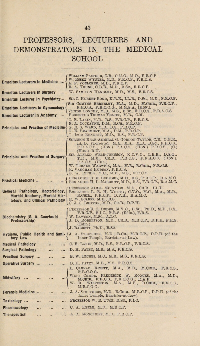 PROFESSORS, LECTURERS AND DEMONSTRATORS IN THE MEDICAL SCHOOL {William Pasteur, C.B., C.M.G., M.D., F.R.C.P. W. Essex wtynter, m.d., F.R.C.P., F.R.O.S. A. F. YOELCKER. M.D., F.R.C.P. R. A. YOUNG, C.B.E., M.D., B.SO., F.R.C.P. Emeritus Lecturers In Surgery • Emeritus Lecturer In Psychiatry. Emeritus Lecturers in Gyneecologyt W. Sampson Handley, M.D., M.S., F.R.C.S. Sir c. Hubert bond, K.B.E., LL.B., D.So., M.D., F.R.C.P. rSiR Comyns Berkeley, M.A., M.D., M.Ohir., F.R.C.P., F.R.C.S., F.R.C.O.G., M.M.S.A. (HON.). Emeritus Lecturer in Anatomy ^Victor bonney, M.D., M.S., B.Sc., F.R.C.S., F.R.A.C.S professor Thomas Yeates, M.B., C.M. /C. E. LAIQN, M.D., B.S., F.R.C.P., F.R.C.S. E. A. Cockayne, D.M., B.Ch., F.R.C.P. Principles and Practice of Medicines G. E. S. Ward, M.D., B.S., F.R.C.P. G. E. Beaumont, M.A., D.M., F.R.C.P. l^T. Izod Bennett, M.D., B.S., F.R.C.P. /■Surgeon Rear-Admiral G. Gordon-Taylor, C.B., O.B.E., LL.D. (Toronto), M.A., M.S., M.B., B.SC., F.R.C.S., F.R.A.C.S., (HON.) F.A.C.S., (HON.) F.R.C.S., (C.) (HON.) R.N. Sir Alfred Webb-Johnson, K.C.V.O., C.B.E., D.S.O., T.D., M.B., Ch.B., P.R.C.S., F.R.A.C.S. (HON.). F.A.C.S. (PION.) W. Turner Warwick, M.A., M.B., B.Ohir., F.R.O.S. R. Vaughan Hudson, F.R.C.S. ivB. W. Riches, M.C., M.B., M.S., F.R.C.S. / Brigadier D. E. Bedford, M.D., B.S., F.R.C.P., R.A.M.C. \ Brigadier H. L. Marriott, M.D., B.S., F.R.C.P., R.A.M.C. Principles and Practice of Surgery-< Practica! Medicine... /Professor James McIntosh, M.D., Ch.B., LL.D. General Pathology, Bacteriology, brigadier L. e. h. Whitby, C.V.O., M.C., M.A., M.D., Morbid Anatomy, Morbid Hls-^J B.Ohir., F.R.C.P., D.P.H., R.A.M.C. tology. and Clinical Pathology Scarff, m.b., b.s. Biochemistry (S. A. Courtauld Professorship) Hygiene, Public Health and Sanl- tary Law Medical Pathology . Surgical Pathology . Practical Surgery. Operative Surgery. Midwifery ... ... ... •• Forensic Medicine. Toxicology. Pharmacology . Therapeutics . {, CH.B., D.P.H. Professor e. 0. Dodds, M.V.O., D.So., Ph.d., M.D., B.S., F.R.C.P., F.I.O., F.R.S. (Edin.), F.R.S. W. LAWSON, M.SC., A.I.C. J. D. Robertson, M.D., Ch.B., M.R.C.P., D.P.H. F.R.S. (Edin.). ^J. Barrett, Ph.D., B.Sc. A. Struthers, M.D., B.CH., M.R.C.P., D.P.H. (of the Inner Temple, Barrister-at-Law). C. E. LAKIN, M.D., B.S., F.R.C.P., F.R.C.S. D. H. Patey, M.B., M.S., F.R.O.S. E. W. RICHES, M.C., M.B., M.S., F.R.O.S. D. H. PATEY, M.B., M.S., F.R.C.S. L. CARNAC RIVETT, M.A., M.B., M.CHIR., F.R.C.S., F.R.C.O.G. Wing Comdr. Frederick w. Roques, M.A., M.D., M.Ohir., F.R.O.S., F.R.C.O.G., R.A.F. W. R. WINTERTON, M.A., M.B., B.OHIR., F.R.C.S., M.R.C.O.G. J. A. Struthers, M.D., B.Ohir., M.R.C.P., D.P.H. (of the Inner Temple, Barrister-at-Law). PROFESSOR W. B. TUCK, D.SC., F.I.O. C. A. KEELE, M.D., M.R.C.P. A. A. MONCRIEFF, M.D-., F.R.C.P.