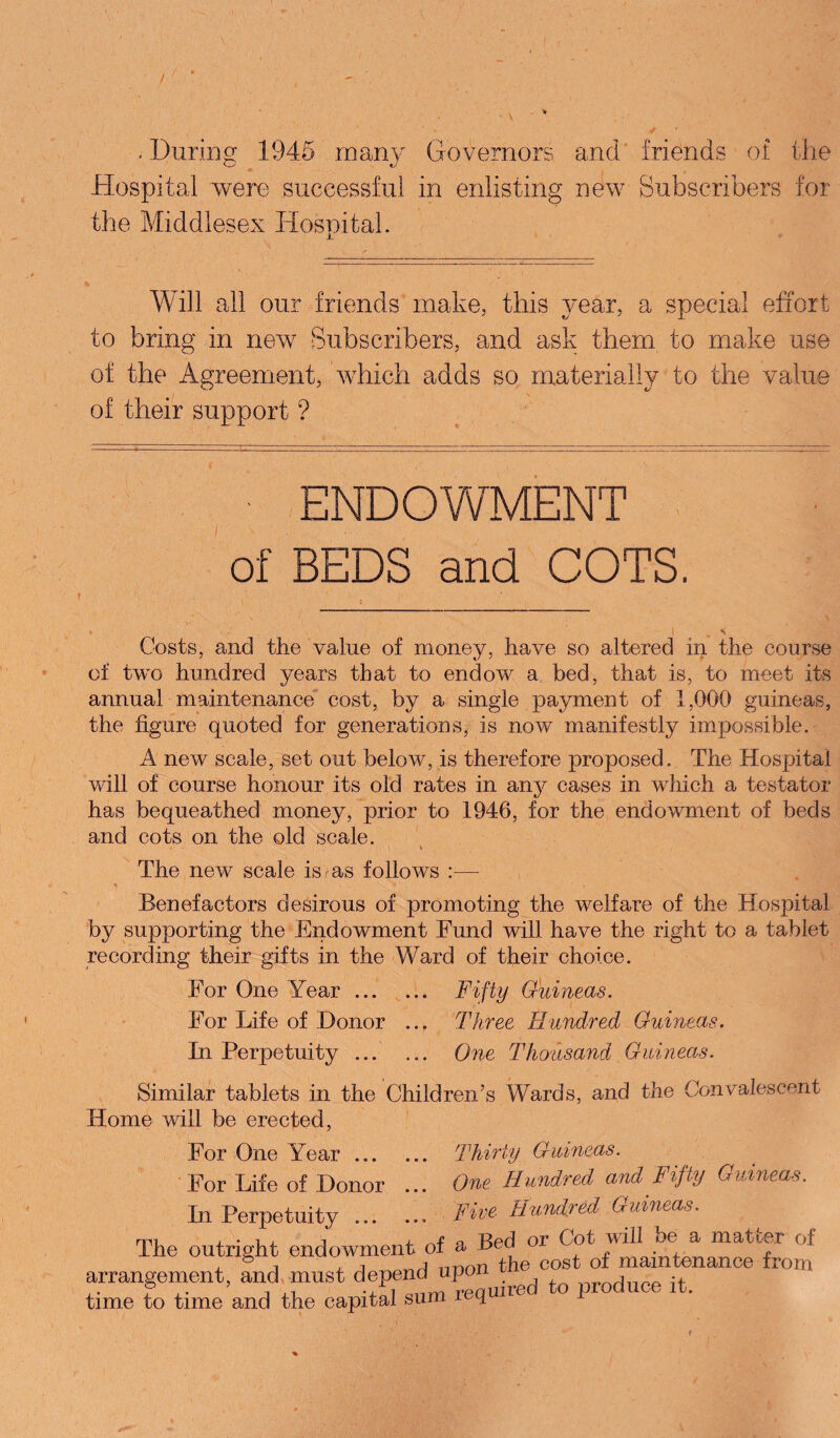 . During 1945 many Governors and friends of the Hospital were successful in enlisting new Subscribers for the Middlesex Hospital. Will all our friends make, this year, a special effort to bring in new Subscribers, and ask them to make use of the Agreement, which adds so materially to the value of their support ? ■ ENDOWMENT of BEDS and COTS. • Is Costs, and the value of money, have so altered in the course of two hundred years that to endow a bed, that is, to meet its annual maintenance cost, by a single payment of 1,000 guineas, the figure quoted for generations, is now manifestly impossible. A new scale, set out below, is therefore proposed. The Hospital will of course honour its old rates in any cases in which a testator has bequeathed money, prior to 1946, for the endowment of beds and cots on the old scale. The new scale isms follows :— Benefactors desirous of promoting the welfare of the Hospital by supporting the Endowment Fund will have the right to a tablet recording their gifts in the Ward of their choice. For One Year. Fifty Guineas. For Life of Donor ... Three Hundred Guineas. In Perpetuity ... ... One Thousand Guineas. Similar tablets in the Children’s Wards, and the Convalescent Home will be erected, For One Year. Thirty Guineas. For Life of Donor ... One Hundred and Fifty Guineas. In Perpetuity.. Five Hundred Guineas. The outright endowment of a Bed or Cot wit! .be a matnu oi arrangement, and must depend upon ^ e ° j -t ° i‘OIn time to time and the capital sum requite