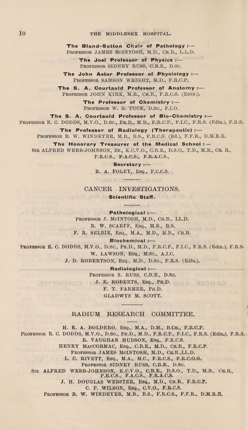 The Biand-Sutton Chair of Pathology :— PROFESSOR JAMES MCINTOSH, M.D., CH.B., L.L.D. The Joel Professor of Physics :— PROFESSOR SIDNEY BUSS, C.B.E., D.SC. The John Astor Professor of Physiology :— PROFESSOR SAMSON WEIGHT, M.D., P.B.O.P. The S. A. Courtauld Professor of Anatomy :— Professor JOHN kirk, M.B., Ch.b., E.B.O.S. (Edin.). The Professor of Chemistry :— Professor W. b. TUCK, D.Sc., F.I.O. The S. A. Courtauld Professor of Bio-Chemistry :— Professor E. C. DODDS, M.V.O., D.Sc., Ph.D., M.D., E.B.C.P., E.I.C., E.B.S. (Edin.), E.B.S. The Professor of Radiology (Therapeutic) :— PROFESSOR B. W. WINDEYEB, M.B., B.S., E.B.O.S. (Ed.), E.E.B., D.M.B.E. The Honorary Treasurer of the Medical School : — SIR ALEBED WEBB-JOHNSON, BT., K.O.V.O., C.B.E., D.S.O., T.D., M.B., Oh. B., P.B.C.S., F.A.C.S., F.B.A.C.S., Secretary :— B. A. FOLEY, ESQ., F.C.C.S. CANCER INVESTIGATIONS. Scientific Staff. Pathological :— PROFESSOR J. MCINTOSH, M.D., CH.B., LL.D. B. W. SCABFF, ESQ., M.B., B.S. F. B. SELBIE, ESQ., M.A., M.D., M.B., Ch.B. Biochemical :— PROFESSOR E. C. DODDS, M.V.O., D.SC., PH.D., M.D., F.B.C.P., F.I.C., F.B.S. (Edin.), F.B.S- W. LAWSON, ESQ., M.SO., A.I.C. J. D. BOBEBTSON, ESQ., M.D., D.Sc., F.B.S. (Edin.). Radiological :— PROFESSOR S. BUSS, C.B.E., D.SC. J. E. BOBEBTS, ESQ., PH.D. F. T. FARMER,, Ph.D. GLADWYS M. SCOTT. RADIUM RESEARCH COMMITTEE. H. E. A. BOLDEBO, Esq., M.A., D.M., B.Ch., F.B.C.P. PROFESSOR E. C. DODDS, M.Y.O., D.SC., Ph.D., M.D., F.B.C.P., F.I.C., F.B.S. (Edin.), F.B.S. B. VAUGHAN HUDSON, Esq., F.B.C.S. HENBY MacCOBMAC, ESQ., C.B.E., M.D., Ch.B., F.B.C.P. Professor JAMES McINTOSH, M.D., Ch.B.,LL.D. L. C. BIVETT, ESQ., M.A., M.C., F.B.C.S., F.B.C.O.G. Professor SIDNEY BUSS, C.B.E., D.Sc. SIR ALFRED WEBB-JOHNSON, K.C.V.O., C.B.E., D.S.O., T.D., M.B., CH.B., P.B.C.S., F.A.C.S., F.B.A.C.S. J. H. DOUGLAS WEBSTEB, ESQ., M.D., CH.B., F.B.C.P. C. P. WILSON, ESQ., C.V.O., F.B.C.S. PROFESSOR B. W. WINDEYEB, M.B., B.S., F.B.C.S., F.F.B., D.M.R.E.