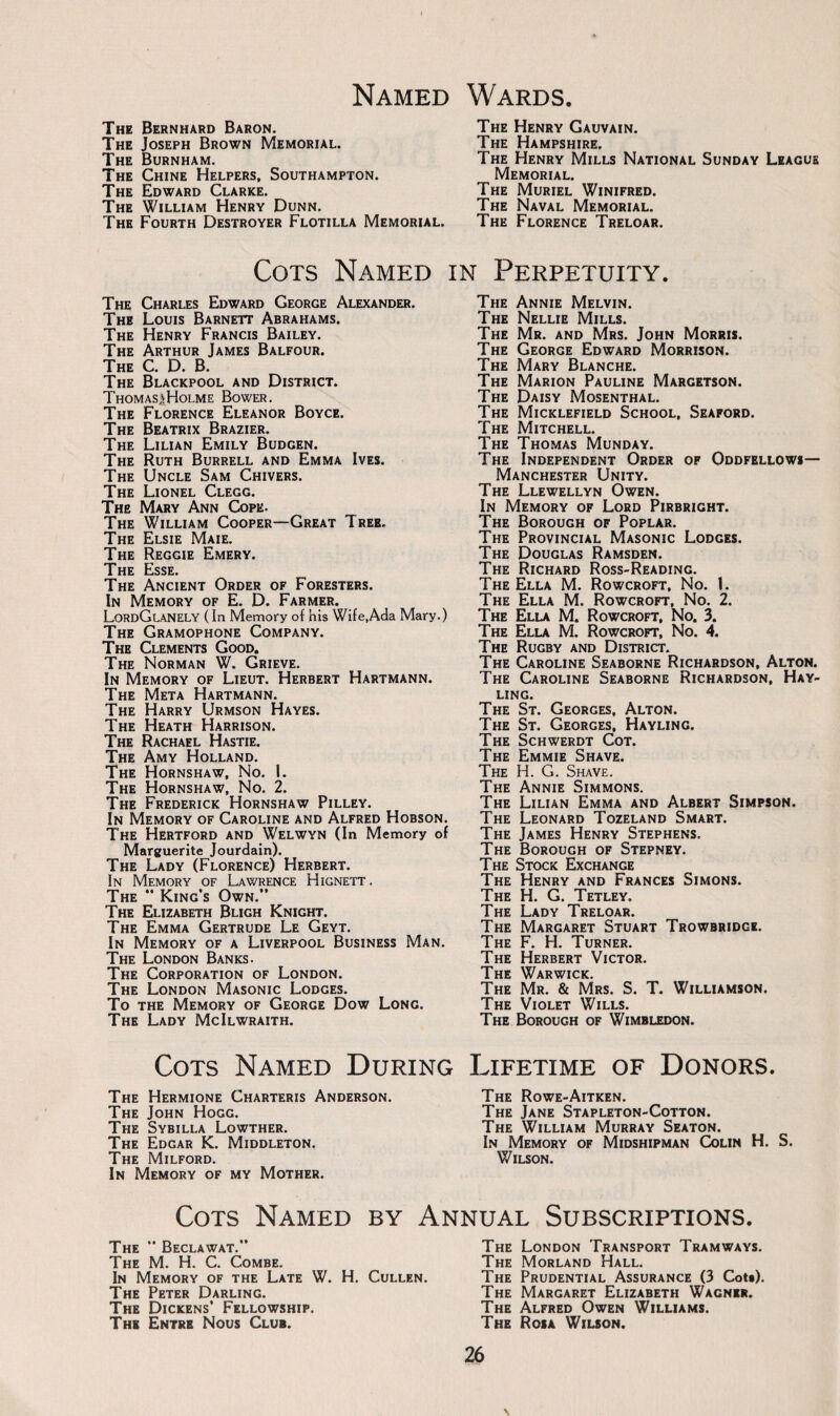 Named The Bernhard Baron. The Joseph Brown Memorial. The Burnham. The Chine Helpers, Southampton. The Edward Clarke. The William Henry Dunn. The Fourth Destroyer Flotilla Memorial. Wards. The Henry Gauvain. The Hampshire. The Henry Mills National Sunday League Memorial. The Muriel Winifred. The Naval Memorial. The Florence Treloar. Cots Named in Perpetuity The Charles Edward George Alexander. The Louis Barnett Abrahams. The Henry Francis Bailey. The Arthur James Balfour. The C. D. B. The Blackpool and District. Thomas^Holme Bower. The Florence Eleanor Boyce. The Beatrix Brazier. The Lilian Emily Budgen. The Ruth Burrell and Emma Ives. The Uncle Sam Chivers. The Lionel Clegg. The Mary Ann Cope. The William Cooper—Great Tree. The Elsie Maie. The Reggie Emery. The Esse. The Ancient Order of Foresters. In Memory of E. D. Farmer. LordGlanely (In Memory of his Wife,Ada Mary.) The Gramophone Company. The Clements Good. The Norman W. Grieve. In Memory of Lieut. Herbert Hartmann. The Meta Hartmann. The Harry Urmson Hayes. The Heath Harrison. The Rachael Hastie. The Amy Holland. The Hornshaw, No. 1. The Hornshaw, No. 2. The Frederick Hornshaw Pilley. In Memory of Caroline and Alfred Hobson. The Hertford and Welwyn (In Memory of Marguerite Jourdain). The Lady (Florence) Herbert. In Memory of Lawrence Hignett. The  King’s Own. The Elizabeth Bligh Knight. The Emma Gertrude Le Geyt. In Memory of a Liverpool Business Man. The London Banks. The Corporation of London. The London Masonic Lodges. To the Memory of George Dow Long. The Lady McIlwraith. The Annie Melvin. The Nellie Mills. The Mr. and Mrs. John Morris. The George Edward Morrison. The Mary Blanche. The Marion Pauline Margetson. The Daisy Mosenthal. The Micklefield School, Seaford. The Mitchell. The Thomas Munday. The Independent Order of Oddfellows— Manchester Unity. The Llewellyn Owen. In Memory of Lord Pirbright. The Borough of Poplar. The Provincial Masonic Lodges. The Douglas Ramsden. The Richard Ross-Reading. The Ella M. Rowcroft, No. I. The Ella M. Rowcroft, No. 2. The Ella M. Rowcroft, No. 3. The Ella M. Rowcroft, No. 4. The Rugby and District. The Caroline Seaborne Richardson, Alton. The Caroline Seaborne Richardson, Hay- ling. The St. Georges, Alton. The St. Georges, Hayling. The Schwerdt Cot. The Emmie Shave. The H. G. Shave. The Annie Simmons. The Lilian Emma and Albert Simpson. The Leonard Tozeland Smart. The James Henry Stephens. The Borough of Stepney. The Stock Exchange The Henry and Frances Simons. The H. G. Tetley. The Lady Treloar. The Margaret Stuart Trowbridge. The F. H. Turner. The Herbert Victor. The Warwick. The Mr. & Mrs. S. T. Williamson. The Violet Wills. The Borough of Wimbledon. Cots Named During The Hermione Charteris Anderson. The John Hogg. The Sybilla Lowther. The Edgar K. Middleton. The Milford. In Memory of my Mother. Lifetime of Donors. The Rowe-Aitken. The Jane Stapleton-Cotton. The William Murray Seaton. In Memory of Midshipman Colin H. S. Wilson. Cots Named by Annual Subscriptions The  Beclawat.” The M. H. C. Combe. In Memory of the Late W. H. Cullen. The Peter Darling. The Dickens’ Fellowship. The Entre Nous Club. The London Transport Tramways. The Morland Hall. The Prudential Assurance (3 Cot*). The Margaret Elizabeth Wacner. The Alfred Owen Williams. The Rosa Wilson. 26 \