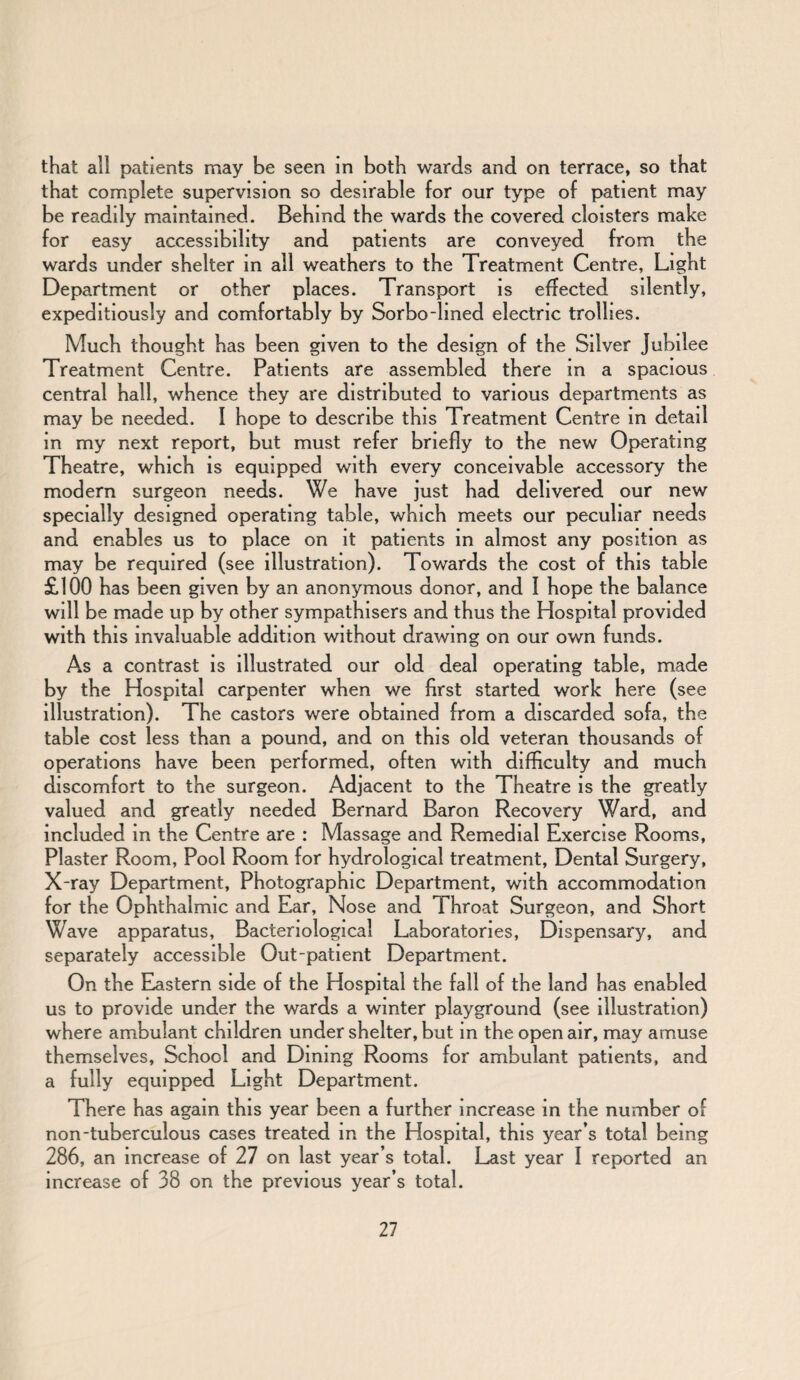that all patients may be seen in both wards and on terrace, so that that complete supervision so desirable for our type of patient may be readily maintained. Behind the wards the covered cloisters make for easy accessibility and patients are conveyed from the wards under shelter in all weathers to the Treatment Centre, Light Department or other places. Transport is effected silently, expeditiously and comfortably by Sorbo-lined electric trollies. Much thought has been given to the design of the Silver Jubilee Treatment Centre. Patients are assembled there in a spacious central hall, whence they are distributed to various departments as may be needed. I hope to describe this Treatment Centre in detail in my next report, but must refer briefly to the new Operating Theatre, which is equipped with every conceivable accessory the modern surgeon needs. We have just had delivered our new specially designed operating table, which meets our peculiar needs and enables us to place on it patients in almost any position as may be required (see illustration). Towards the cost of this table £100 has been given by an anonymous donor, and I hope the balance will be made up by other sympathisers and thus the Hospital provided with this invaluable addition without drawing on our own funds. As a contrast is illustrated our old deal operating table, made by the Hospital carpenter when we first started work here (see illustration). The castors were obtained from a discarded sofa, the table cost less than a pound, and on this old veteran thousands of operations have been performed, often with difficulty and much discomfort to the surgeon. Adjacent to the Theatre is the greatly valued and greatly needed Bernard Baron Recovery Ward, and included in the Centre are : Massage and Remedial Exercise Rooms, Plaster Room, Pool Room for hydrological treatment, Dental Surgery, X-ray Department, Photographic Department, with accommodation for the Ophthalmic and Ear, Nose and Throat Surgeon, and Short Wave apparatus, Bacteriological Laboratories, Dispensary, and separately accessible Out-patient Department. On the Eastern side of the Hospital the fall of the land has enabled us to provide under the wards a winter playground (see illustration) where ambulant children under shelter, but in the open air, may amuse themselves, Schocl and Dining Rooms for ambulant patients, and a fully equipped Light Department. There has again this year been a further increase in the number of non-tuberculous cases treated in the Hospital, this year’s total being 286, an increase of 27 on last year’s total. Last year I reported an increase of 38 on the previous year’s total.