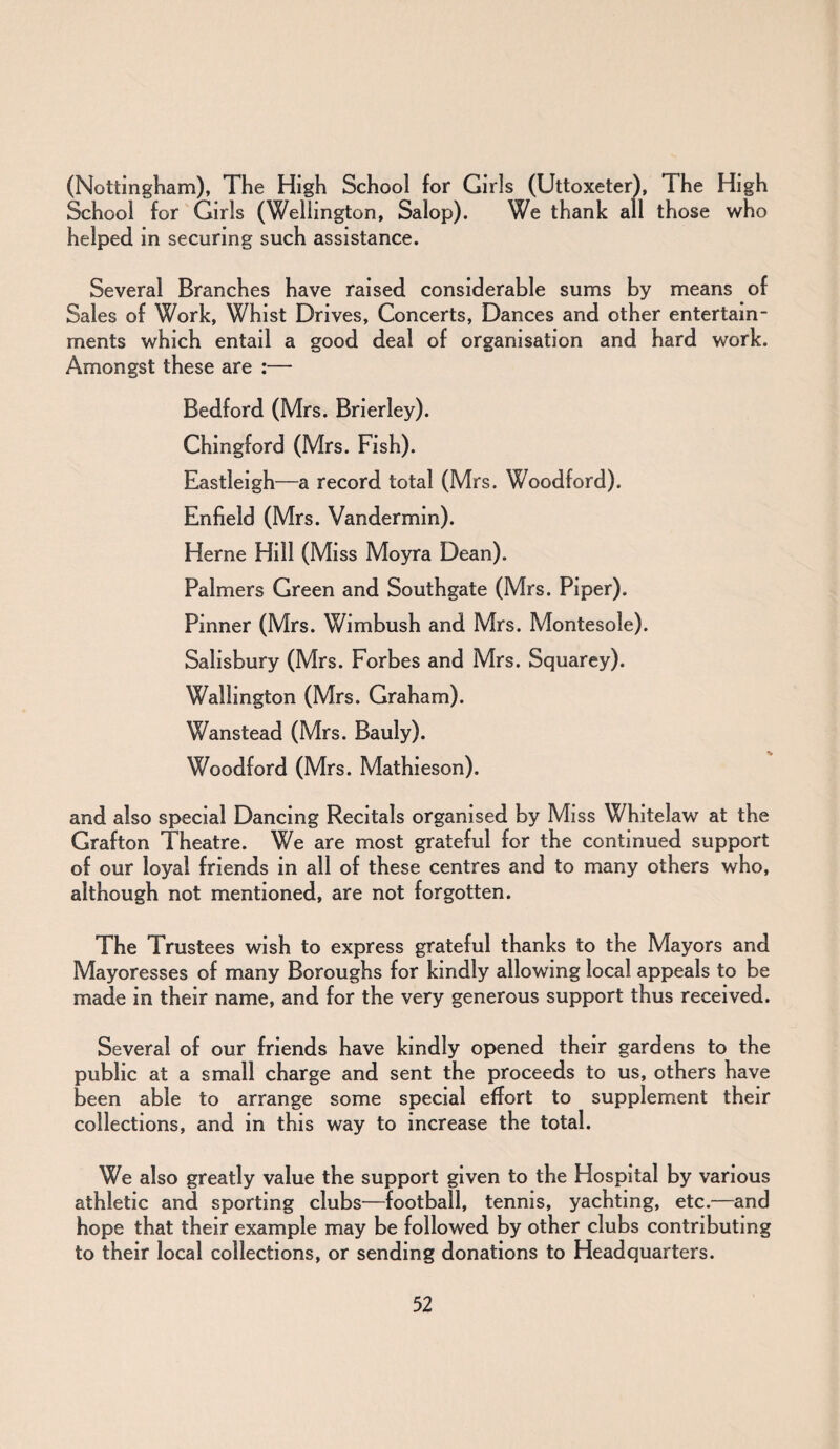 (Nottingham), The High School for Girls (Uttoxeter), The High School for Girls (Wellington, Salop). We thank all those who helped in securing such assistance. Several Branches have raised considerable sums by means of Sales of Work, Whist Drives, Concerts, Dances and other entertain¬ ments which entail a good deal of organisation and hard work. Amongst these are :— Bedford (Mrs. Brierley). Chingford (Mrs. Fish). Eastleigh—a record total (Mrs. Woodford). Enfield (Mrs. Vandermin). Herne Hill (Miss Moyra Dean). Palmers Green and Southgate (Mrs. Piper). Pinner (Mrs. Wimbush and Mrs. Montesole). Salisbury (Mrs. Forbes and Mrs. Squarey). Wallington (Mrs. Graham). Wanstead (Mrs. Bauly). Woodford (Mrs. Mathieson). and also special Dancing Recitals organised by Miss Whitelaw at the Grafton Theatre. We are most grateful for the continued support of our loyal friends in all of these centres and to many others who, although not mentioned, are not forgotten. The Trustees wish to express grateful thanks to the Mayors and Mayoresses of many Boroughs for kindly allowing local appeals to be made in their name, and for the very generous support thus received. Several of our friends have kindly opened their gardens to the public at a small charge and sent the proceeds to us, others have been able to arrange some special effort to supplement their collections, and in this way to increase the total. We also greatly value the support given to the Hospital by various athletic and sporting clubs—football, tennis, yachting, etc.—and hope that their example may be followed by other clubs contributing to their local collections, or sending donations to Headquarters.