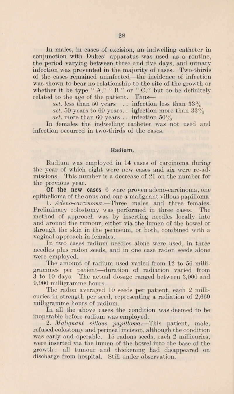 In males, in cases of excision, an indwelling catheter in conjunction with Dukes' apparatus was used as a routine, the period varying between three and five days, and urinary infection was prevented in the majority of cases. Two-thirds of the cases remained uninfected—the incidence of infection was shown to bear no relationship to the site of the growth or whether it be type “ A,” “ B ” or “ C,” but to be definitely related to the age of the patient. Thus— aet. less than 50 years . . infection less than 33% aet. 50 years to 60 years. . infection more than 33% aet. more than 60 years . . infection 50% In females the indwelling catheter was not used and infection occurred in two-thirds of the cases. Radium. Radium was employed in 14 cases of carcinoma during the year of which eight were new cases and six were re-ad¬ missions. This number is a decrease of 21 on the number for the previous year. Of the new cases 6 were proven adeno-carcinoma, one epithelioma of the anus and one a malignant villous papilloma. 1. Acleno-carcinoma.—Three males and three females. Preliminary colostomy was performed in three cases. The method of approach was by inserting needles locally into and around the tumour, either via the lumen of the bowel or through the skin in the perineum, or both, combined with a vaginal approach in females. In two cases radium needles alone were used, in three needles plus radon seeds, and in one case radon seeds alone were employed. The amount of radium used varied from 12 to 56 milli¬ grammes per patient—duration of radiation varied from 3 to 10 days. The actual dosage ranged between 3,000 and 9,000 milligramme hours. The radon averaged 10 seeds per patient, each 2 milli- curies in strength per seed, representing a radiation of 2,660 milligramme hours of radium. In all the above cases the condition was deemed to be inoperable before radium was employed. 2. Malignant villous papilloma.—This patient, male, refused colostomy and perineal incision, although the condition was early and operable. 15 radons seeds, each 2 millicuries, were inserted via the lumen of the bowel into the base of the growth : all tumour and thickening had disappeared on discharge from hospital. Still under observation.