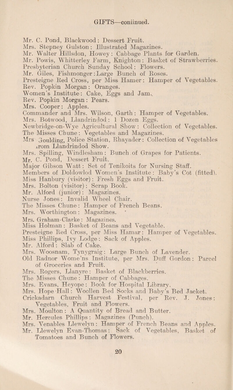 Mr. C. Pond, Blackwood: Dessert Fruit. Mrs. Stepney Gulston: Illustrated Magazines. Mr. Waiter Hillsdon, Howey : Cabbage Plants for Garden. Mr. Powis, Whitterley Farm, Knighton : Basket of Strawberries. Presbyterian Church Sunday School: Flowers. Mr. Giles, Fishmonger : Large Bunch of Roses. Presteigne Red Cross, per Miss Hamer: Hamper of Vegetables. Rev. Popkin Morgan: Oranges. Women’s Institute: Cake, Eggs and Jam.. Rev. Popkin Morgan: Pears. Mrs. Cooper: Apples. Commander and Mrs. Wilson, Garth : Hamper of Vegetables. Mrs. Botwood, Llandrindod : 1 Dozen Eggs. Newbridge-on-Wye Agricultural Show: Collection of Vegetables. The Misses Chune : Vegetables and Magazines. Mrs Goulding, Police Station, Rhayader: Collection of Vegetables mom Llandrindod Show. Mrs. Spilling, Windlesham: Bunch.of Grapes for Patients. Mr. C. Pond, Dessert Fruit. Major Gibson Watt: Set of Tenikoits for Nursing Staff. Members of Doldowlod Women’s Institute: Baby’s Cot (fitted!. Miss Hanbury (visitor): Fresh Eggs and Fruit. Mrs. Bolton (visitor) : Scrap Book. Mr. Alford (junior): Magazines. Nurse Jones: Invalid Wheel Chair. The Misses Chune: Hamper of French Beans. Mrs. Worthington: Magazines. Mrs. Graham-Clarke: Magazines. Miss Holman: Basket of Beans and Vegetable. Presteigne Red Cross, per Miss Hamar: Hamper of Vegetables. Miss Phillips, Ivy Lodge : Sack of Apples. Mr. Alford: Slab of Cake. Mrs. Woosnam, Tynygraig: Large Bunch of Lavender. Old Radnor Womens Institute, per Mrs. Duff Gordon: Parcel of Groceries and Fruit'. Mrs. Rogers, Llanyre: Basket of Blackberries. The Misses Chune : Hamper of Cabbages. Mrs. Evans, Heyope : Book for Hospital Library. Mrs. Hope -Hall: Woollen Bed Socks and Baby’s Bed Jacket. Crickadarn Church Harvest Festival, per Rev. J. Jones: Vegetables, Fruit and Flowers, Mrs. Moulton : A Quantity of Bread and Butter. Mr. Hercules Phillips: Magazines (Punch). Mrs. Venables Llewelyn: Hamper of French Beans and Apples. Mr. Llewelyn Evan-Thomas: Sack of Vegetables, Basket of Tomatoes and Bunch of Flowers.