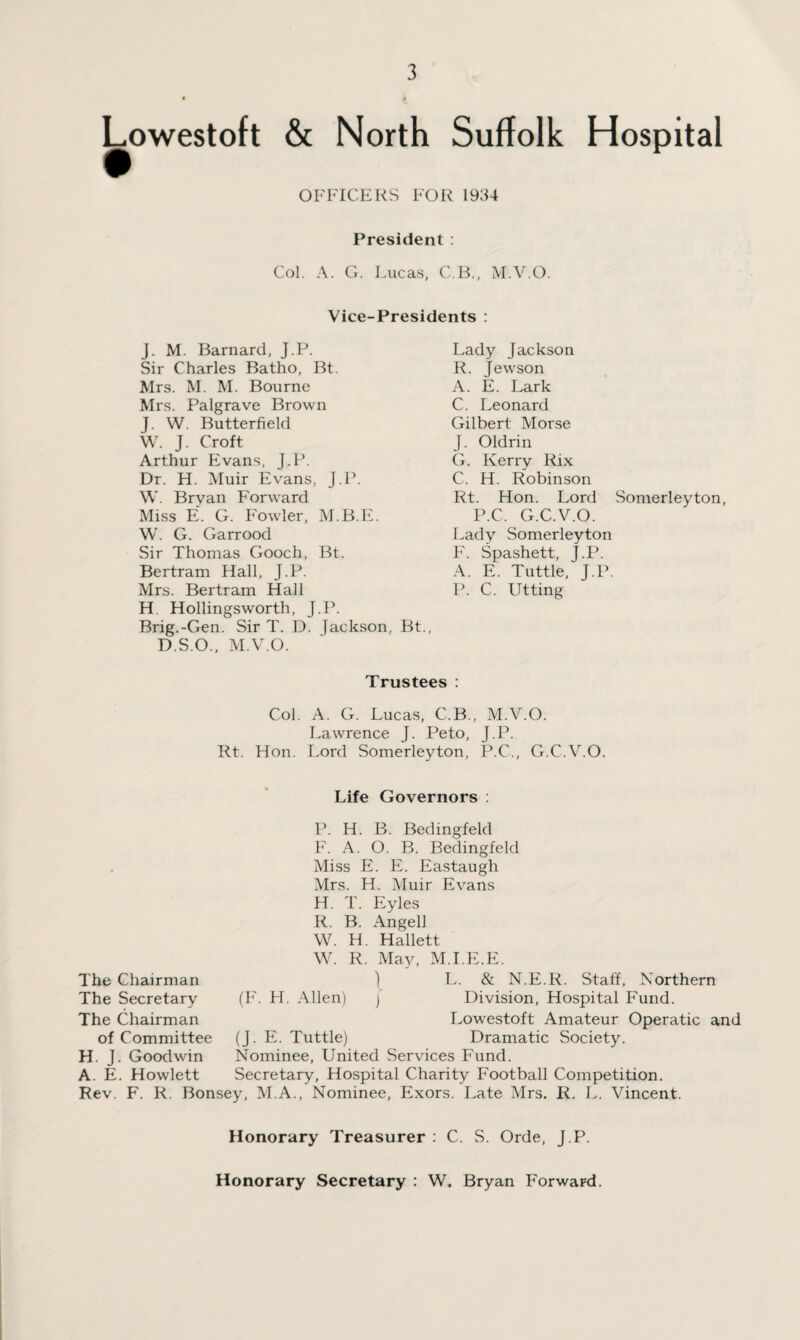 Lowestoft & North Suffolk Hospital OFFICERS FOR 1934 President : Col. A. G. Lucas, C.B., M.V.O. Vice-Presidents : J. M. Barnard, J.P. Sir Charles Batho, Bt. Mrs. M. M. Bourne Mrs. Palgrave Brown J. W. Butterfield W. J. Croft Arthur Evans, J.P. Dr. H. Muir Evans, J.P. W. Bryan Forward Miss E. G. Fowler, M.B.E. W. G. Garrood Sir Thomas Gooch, Bt. Bertram Hall, J.P. Mrs. Bertram Hall H Hollingsworth, J.P. Brig.-Gen. Sir T. D. Jackson, Bt., D.S.O., M.V.O. Lady Jackson R. Jewson A. E. Lark C. Leonard Gilbert Morse J. Oldrin G. Kerry Rix C. H. Robinson Rt. Hon. Lord Somerleyton, P.C, G.C.V.O. Lady Somerleyton F. Spashett, J.P. A. E. Tuttle, J.P. P. C. Utting Trustees : Col. A. G. Lucas, C.B., M.V.O. Lawrence J. Peto, J.P. Rt. Hon. Lord Somerleyton, P.C., G.C.V.O. Life Governors : P. H. B. Bedingfeld F. A. O. B. Bedingfeld Miss E. E. Eastaugh Mrs. H. Muir Evans H. T. Eyles R. B. Angell The Chairman The Secretary The Chairman of Committee H. J. Goodwin A. E. Howlett W. H. Hallett W. R. May, M.I.E.E. ) L. & N.E.R. Staff, Northern (F. H. Allen) j Division, Hospital Fund. Lowestoft Amateur Operatic and (J. E. Tuttle) Dramatic Society. Nominee, United Services Fund. Secretary, Hospital Charity Football Competition. Rev. F. R. Bonsey, M.A., Nominee, Exors. Late Mrs. R. L. Vincent. Honorary Treasurer : C. S. Orde, J.P. Honorary Secretary : W. Bryan Forward.