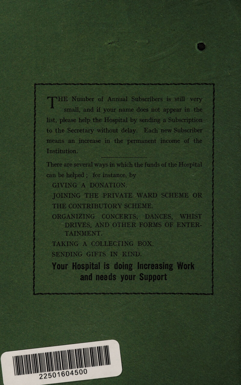 ‘HE Number of Annual Subscribers is still very small, and if your name does not appear in the list, please help the Hospital by sending a Subscription to the Secretary without delay. Each new Subscriber means an increase in the permanent income of the Institution. | | There are several ways in which the funds of the Hospital j can be helped ; for instance, by | GIVING A DONATION. | JOINING THE PRIVATE | THE CONTRIBUTORY SCHEME. 1 ORGANIZING CONCERTS, DANCES, WHIST { DRIVES, AND OTHER FORMS OF ENTER- l TAINMENT. j TAKING A COLLECTING BOX. j SENDING GIFTS IN KIND. j Your Hospital is doing increasing Work l and needs your Support