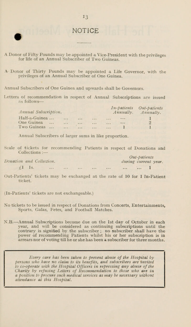 NOTICE A Donor of Fifty Pounds may be appointed a Vice-President with the privileges for life of an Annual Subscriber of Two Guineas. A Donor of Thirty Pounds may be appointed a Life Governor, with the privileges of an Annual Subscriber of One Guinea. Annual Subscribers of One Guinea and upwards shall be Governors. Letters of recommendation in respect of Annual Subscriptions are issued as follows— Annual Subscription. Half-a-Guinea ... One Guinea Two Guineas ... In-patients Annually. 1 Out-patients A nnually. 1 2 1 Annual Subscribers of larger sums in like proportion. Scale of tickets for recommending Patients in respect of Donations and Collections :— Out-patients Donation and Collection. during current year. £ 1 Is. ... ... ... ... ... ... ... 1 Out-Patients’ tickets may be exchanged at the rate of 10 for 1 In-Patient ticket. (In-Patients’ tickets are not exchangeable.) No tickets to be issued in respect of Donations from Concerts, Entertainments, Sports, Galas, Fetes, and Football Matches. X.B.—Annual Subscriptions become due on the 1st day of October in each year, and will be considered as continuing subscriptions until the contrary is signified by the subscriber ; no subscriber shall have the power of recommending Patients whilst his or her subscription is in arrears nor of voting till he or she has been a subscriber for three months. Every care has been taken to prevent abuse of the Hospital by persons who have no claim to its benefits, and subscribers are invited to co-operate with the Hospital Off icers in repressing any abuse of the Charity by refusing Letters of Recommendation to those who are in a position to procure such medical services as may be necessary without attendance at this Hospital.