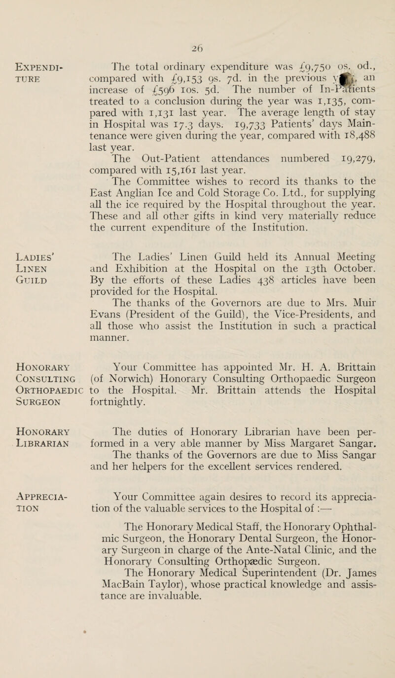 Expendi JURE Ladies' Linen Guild Honorary Consulting Orthopaedic Surgeon Honorary Librarian Apprecia¬ tion The total ordinary expenditure was £9,750 os. od., compared with £9,153 9s. yd. in the previous vjfc, an increase of £596 10s. 5d. The number of In-Patients treated to a conclusion during the year was 1,135, com¬ pared with 1,131 last year. The average length of stay in Hospital was 17.3 days. 19,733 Patients' days Main¬ tenance were given during the year, compared with 18,488 last year. The Out-Patient attendances numbered 19,279, compared with 15,161 last year. The Committee wishes to record its thanks to the East Anglian Ice and Cold Storage Co. Ltd., for supplying all the ice required by the Hospital throughout the year. These and all other gifts in kind very materially reduce the current expenditure of the Institution. The Ladies’ Linen Guild held its Annual Meeting and Exhibition at the Hospital on the 13th October. By the efforts of these Ladies 438 articles have been provided for the Hospital. The thanks of the Governors are due to Mrs. Muir Evans (President of the Guild), the Vice-Presidents, and all those who assist the Institution in such a practical manner. Your Committee has appointed Mr. H. A. Brittain (of Norwich) Honorary Consulting Orthopaedic Surgeon to the Hospital. Mr. Brittain attends the Hospital fortnightly. The duties of Honorary Librarian have been per¬ formed in a very able manner by Miss Margaret Sangar. The thanks of the Governors are due to Miss Sangar and her helpers for the excellent services rendered. Your Committee again desires to record its apprecia¬ tion of the valuable services to the Hospital of :—- The Honorary Medical Staff, the Honorary Ophthal¬ mic Surgeon, the Honorary Dental Surgeon, the Honor¬ ary Surgeon in charge of the Ante-Natal Clinic, and the Honorary Consulting Orthopaedic Surgeon. The Honorary Medical Superintendent (Dr. James MacBain Taylor), whose practical knowledge and assis¬ tance are invaluable.