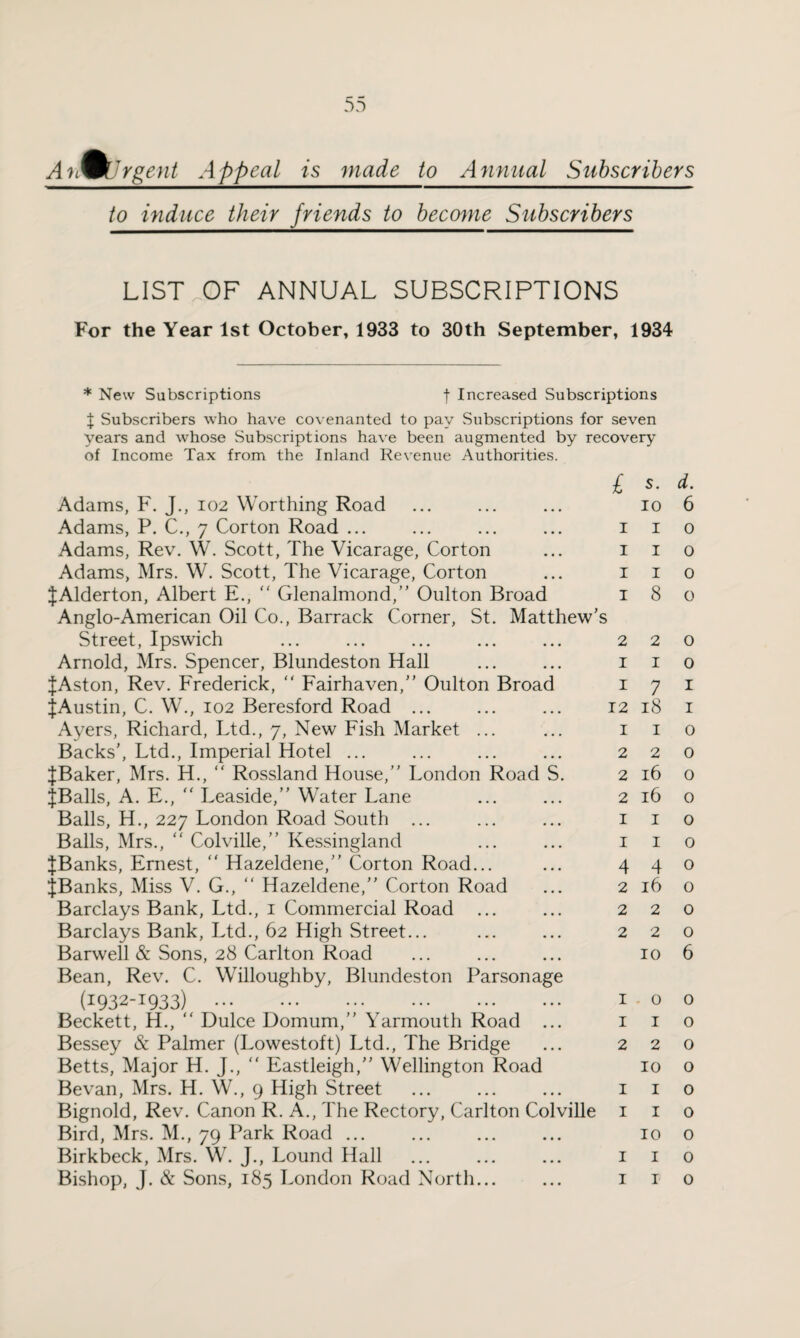 AnWUrgent Appeal is made to Annual Subscribers to induce their friends to become Subscribers LIST OF ANNUAL SUBSCRIPTIONS For the Year 1st October, 1933 to 30th September, 1934 * New Subscriptions f Increased Subscriptions | Subscribers who have covenanted to pay Subscriptions for seven years and whose Subscriptions have been augmented by recovery of Income Tax from the Inland Revenue Authorities. £ Adams, F. J., 102 Worthing Road ... ... ... 10 Adams, P. C., 7 Corton Road ... ... ... ... 1 1 Adams, Rev. W. Scott, The Vicarage, Corton ... 1 1 Adams, Mrs. W. Scott, The Vicarage, Corton ... 1 1 {Alderton, Albert E., “ Glenalmond,” Oulton Broad 1 8 Anglo-American Oil Co., Barrack Corner, St. Matthew's Street, Ipswich . 2 2 Arnold, Mrs. Spencer, Blundeston Hall ... ... 1 1 {Aston, Rev. Frederick, “ Fairhaven, Oulton Broad 1 7 {Austin, C. W., 102 Beresford Road ... ... ... 12 18 Ayers, Richard, Ltd., 7, New Fish Market ... ... 1 1 Backs', Ltd., Imperial Hotel ... ... ... ... 2 2 {Baker, Mrs. H., “ Rossland House,’' London Road S. 2 16 {Balls, A. E., “ Leaside,” Water Lane ... ... 2 16 Balls, H., 227 London Road South ... ... ... 1 1 Balls, Mrs.,  Colville,’’ Kessingland ... ... 1 1 {Banks, Ernest,  Hazeldene, Corton Road... ... 4 4 {Banks, Miss V. G., “ Hazeldene, Corton Road ... 2 16 Barclays Bank, Ltd., 1 Commercial Road ... ... 2 2 Barclays Bank, Ltd., 62 High Street... ... ... 2 2 Barwell & Sons, 28 Carlton Road ... ... ... 10 Bean, Rev. C. Willoughby, Blundeston Parsonage (1932-1933) . ;;. 1 o Beckett, H., “ Dulce Domum,” Yarmouth Road ... 1 1 Bessey & Palmer (Lowestoft) Ltd., The Bridge ... 22 Betts, Major H. J., “ Eastleigh, Wellington Road 10 Be van, Mrs. H. W., 9 High Street ... ... ... 1 1 Bignold, Rev. Canon R. A., The Rectory, Carlton Colville 1 1 Bird, Mrs. M., 79 Park Road ... ... ... ... 10 Birkbeck, Mrs. W. J., Lound Hall ... ... ... 1 1 Bishop, J. & Sons, 185 London Road North... ... 1 1 d. 6 o 0 0 0 o 0 I I 0 0 o o o o o 0 o 0 6 0 0 o o o o o 0 0