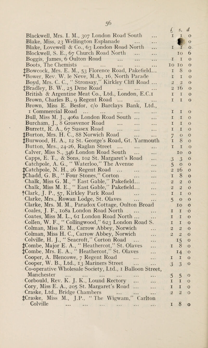 Blackwell, Mrs. I. M., 307 London Road South Blake, Miss, 23 Wellington Esplanade Blake, Lovewell & Co., 63 London Road North Blockwell, S. E., 67 Church Road North Boggis, James, 6 Oulton Road Boots, The Chemists JBowcock, Mrs. E. M., 53 Florence Road, Pakefield... *Bower, Rev. W. le Neve, M.A., 16, North Parade Boyd, Mrs. C. C., “ Stronsay,” Ivirkley Cliff Road ... JBradley, B. W., 25 Dene Road British & Argentine Meat Co., Ltd., London, E.C.i Brown, Charles B., 9 Regent Road ... Brown, Miss E. Besfor, c/o Barclays Bank, Ltd., 1 Commercial Road Bull, Miss M. J., 406a London Road South ... Burcham, J., 8 Grosvenor Road Burrett, R. A., 67 Sussex Road |Burton, Mrs. H. C., 88 Norwich Road JBurwood, H. A., 12 St. George's Road, Gt. Yarmouth Button, Mrs., 24-26, Raglan Street ... Calver, Miss S., 346 London Road South Capps, E. T., & Sons, 102 St. Margaret’s Road Catchpole, A. G., “ Waterloo,” The Avenue JCatchpole, N. H., 26 Regent Road JChadd, G. B., “ Four Stones,” Corton Chalk, Miss G. M., ” East Gable,” Pakefield... Chalk, Miss M. E., “ East Gable,” Pakefield... jClark, J. P., 57, Kirkley Park Road Clarke, Mrs., Rowan Lodge, St. Olaves Clarke, Mrs. M. M., Paradox Cottage, Oulton Broad Coales, J. F., 108a London Road North Coates, Miss M. L., 61 London Road North ... Collen, W. F., “ Collingwood,” 623 London Road S. Colman, Miss E. M., Carrow Abbey, Norwich Colman, Miss H. C., Carrow Abbey, Norwich Colville, H. J., “ Seacroft,” Corton Road {Combe, Major E. A., “ Heathercot,” St. Olaves JCombe, Mrs. E. A., “ Heathercot,” St. Olaves Cooper, A. Blencowe, 7 Regent Road Cooper, W. B., Ltd., 13 Mariners Street Co-operative Wholesale Society, Ltd., 1 Balloon Street, Manchester Corbould, Rev. K. J. K., Lound Rectory Cory, Miss E. A., 205 St. Margaret’s Road ... Craske, Ltd., Bridge Chambers JCraske, Miss M., J.P., “The Wigwam,” Carlton Colville . -f s. d AO 1 1 o §'0 I I o 10 6 1 1 o 10 10 o 180 1 1 o 220 2 16 o 1 1 o 1 1 o 1 1 o I I o I I o I I o 700 180 1 I o 10 o 330 500 2 16 O 180 2 2 0 2 2 0 I I O 5 0 0 10 o I I o I I o 1 I o 2 2 0 2 2 0 15 o l80 14 o I I o 330 550 I I o 1 I o 2 2 0 l8o
