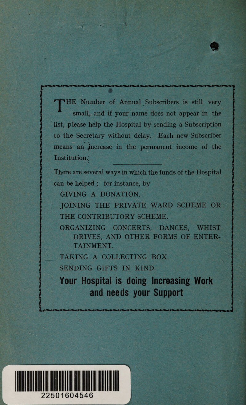 * # rJ*,HE Number of Annual Subscribers is still very small, and if your name does not appear in the list, please help the Hospital by sending a Subscription to the Secretary without delay. Each new Subscriber V » means an increase in the permanent income of the Institution. There are several ways in which the funds of the Hospital can be helped ; for instance, by GIVING A DONATION. JOINING THE PRIVATE WARD SCHEME OR THE CONTRIBUTORY SCHEME. ORGANIZING CONCERTS, DANCES, WHIST DRIVES, AND OTHER FORMS OF ENTER¬ TAINMENT. TAKING A COLLECTING BOX. SENDING GIFTS IN KIND. Your Hospital is doing Increasing Work and needs your Support i_ 22501604546