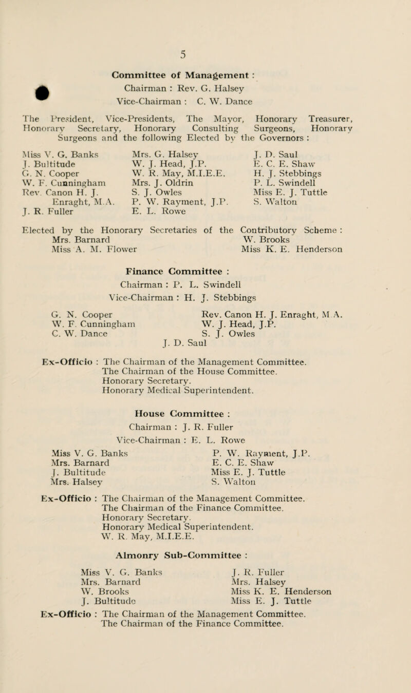 Committee of Management : Chairman : Rev. G. Halsey Vice-Chairman : C. W. Dance The President, Vice-Presidents, The Mayor, Honorary Treasurer, Honorary Secretary, Honorary Consulting Surgeons, Honorary Surgeons and the following Elected by the Governors : Miss V. G. Banks J. Bultitude G. N. Cooper W. F. Cunningham Rev. Canon H. J. Enraght, M.A. J. R. Fuller Mrs. G. Halsey W. J. Head, J.P. W. R. May, M.I.E.E. Mrs. j. Oldrin S. J. Owles P. W. Rayment, J.P. E. L. Rowe J. D. Saul E. C. E. Shaw H. J. Stebbings P. L. Swindell Miss E. J. Tuttle S. Walton Contributory Scheme : W. Brooks Miss K. E. Henderson Elected by the Honorary Secretaries of the Mrs. Barnard Miss A. M. Flower Finance Committee : Chairman : P. L. Sw'indeli Vice-Chairman : H. J. Stebbings G. N. Cooper Rev. Canon H. J. Enraght, M.A. W. F. Cunningham W. J. Head, J.P. C. W. Dance S. J. Owles J. D. Saul Ex-Officio : The Chairman of the Management Committee. The Chairman of the House Committee. Honorary Secretary. Honorary Medical Superintendent. House Committee : Chairman : J. R. Fuller Vice-Chairman : E. L. Rowe Miss V. G. Banks Mrs. Barnard J. Bultitude Mrs. Halsey P. W. Rayment, J.P. E. C. E. Shaw Miss E. J. Tuttle S. Walton Ex-Officio : The Chairman of the Management Committee. The Chairman of the Finance Committee. Honorary Secretary. Honorary Medical Superintendent. W. R. May, M.I.E.E. Almonry Sub-Committee : Miss V. G. Banks Mrs. Barnard W. Brooks J. Bultitude J. R. Fuller Mrs. Halsey Miss K. E. Henderson Miss E. J. Tuttle Ex-Officio : The Chairman of the Management Committee. The Chairman of the Finance Committee.