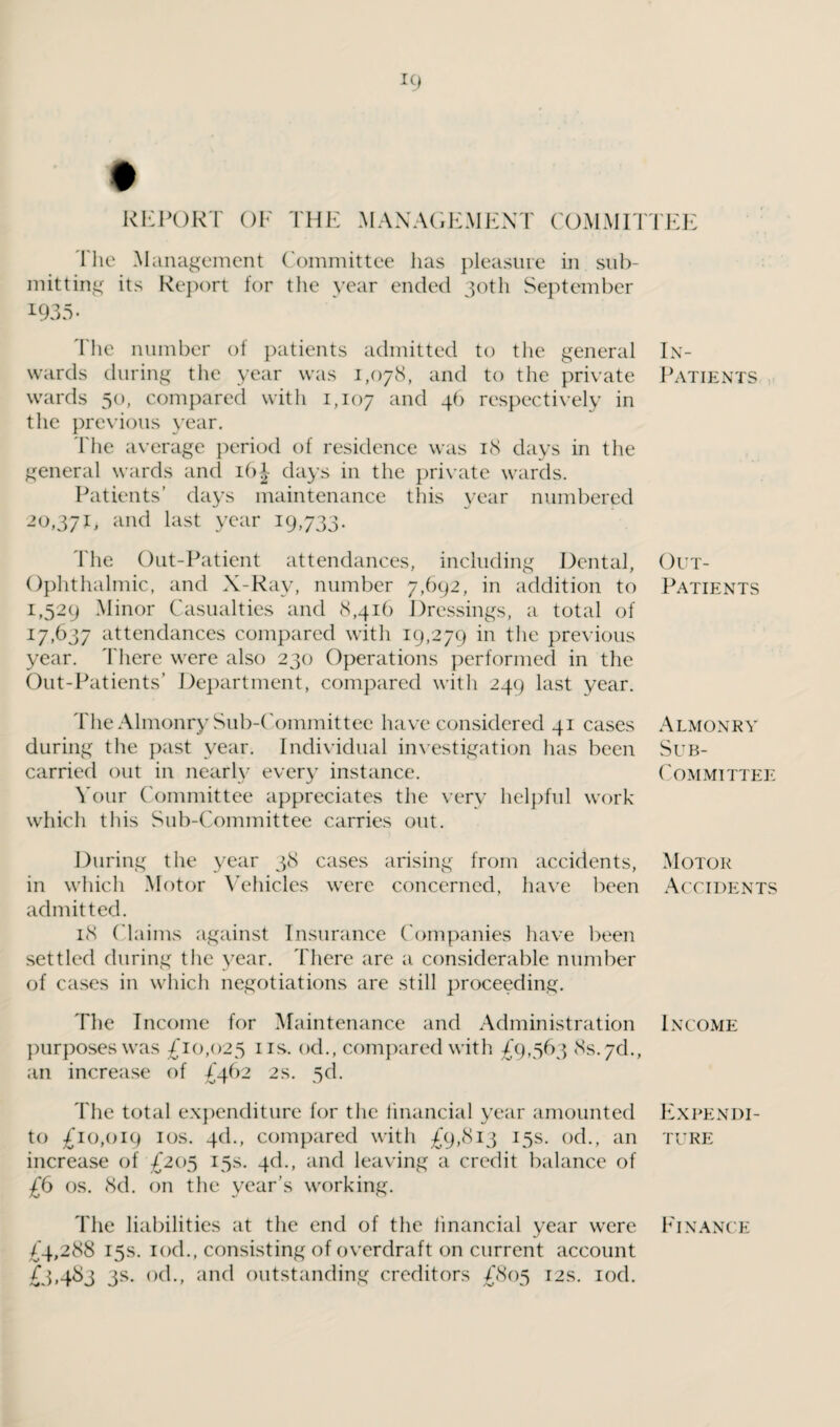 The Management Committee lias pleasure in sub¬ mitting its Report for the year ended 30th September 1935. The number of patients admitted to the general wards during the year was 1,078, and to the private wards 50, compared with 1,107 and 46 respectively in the previous year. The average period of residence was 18 days in the general wards and 16J days in the private wards. Patients’ days maintenance this year numbered 20,371, and last year 19,733. The Out-Patient attendances, including Dental, Ophthalmic, and X-Ray, number 7,692, in addition to 1,529 Minor Casualties and 8,416 Dressings, a total of 17,637 attendances compared with 19,279 in the previous year, 'there were also 230 Operations performed in the Out-Patients’ Department, compared with 249 last year. The Almonry Sub-Committee have considered 41 cases during the past year. Individual investigation has been carried out in nearly every instance. Your Committee appreciates the very helpful work which this Sub-Committee carries out. During the year 38 cases arising from accidents, in which Motor Vehicles were concerned, have been admitted. 18 Claims against Insurance C ompanies have been settled during the year. There are a considerable number of cases in which negotiations are still proceeding. The Income for Maintenance and Administration purposes was £10,025 ns. od., compared with £9,563 8s. 7d., an increase of £462 2s. 56. The total expenditure for the financial year amounted to £10,019 10s. 4d., compared with £9,813 15s. od., an increase of £205 15s. 3d., and leaving a credit balance of £6 os. 8d. on the year’s working. The liabilities at the end of the financial year were £4,288 15s. iod., consisting of overdraft on current account £3,483 3s. od., and outstanding creditors £805 12s. iod. In- Patients Out- Patients Almonry Sub¬ committee Motor Accidents Income Expendi¬ ture Finance