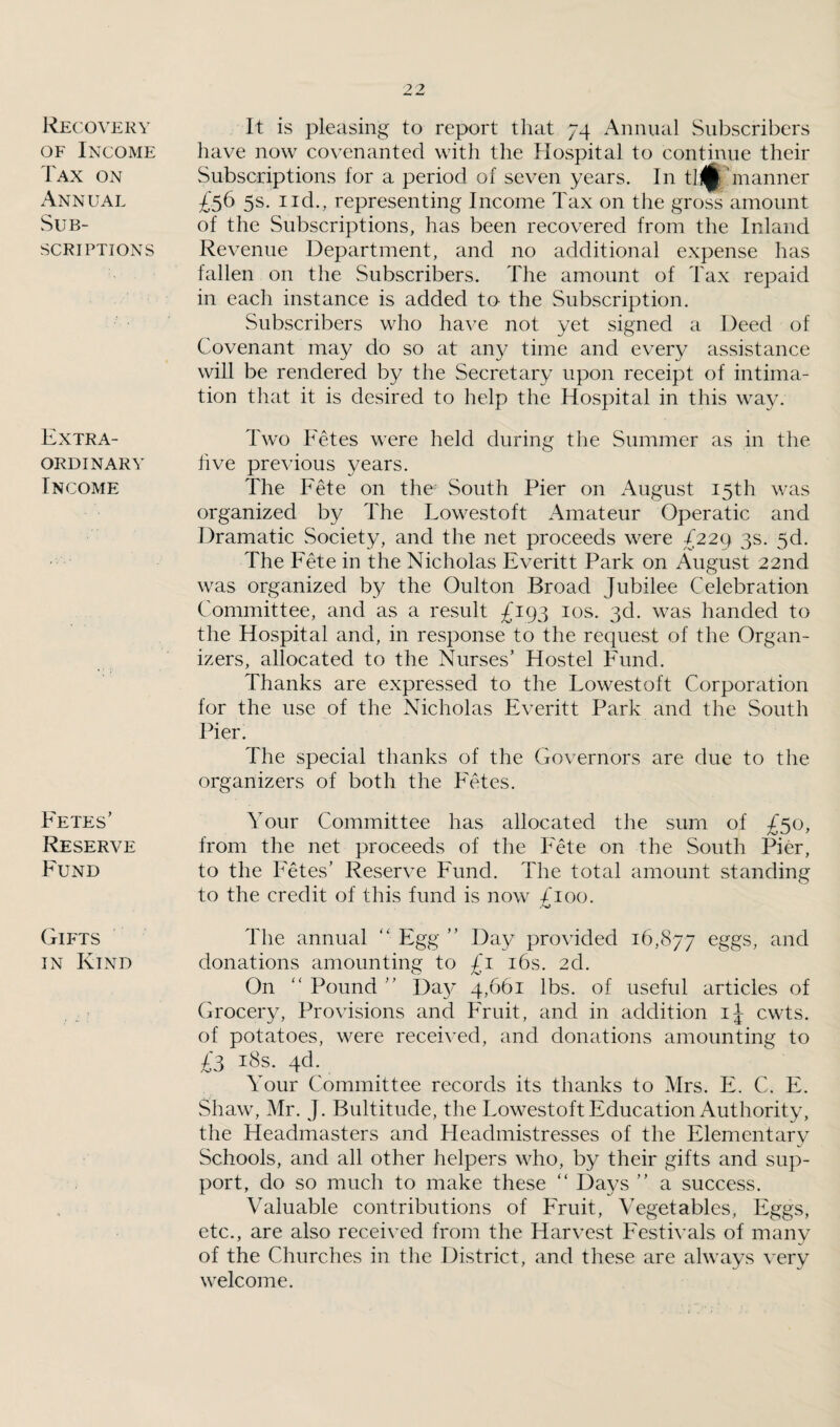 Recovery of Income Tax on Annual Sub¬ scriptions Extra¬ ordinary Income Fetes’ Reserve Fund Gifts in Rind It is pleasing to report that 74 Annual Subscribers have now covenanted with the Hospital to continue their Subscriptions for a period of seven years. In 11*1 manner £56 5s. 1 id., representing Income Tax on the gross amount of the Subscriptions, has been recovered from the Inland Revenue Department, and no additional expense has fallen on the Subscribers. The amount of Tax repaid in each instance is added to the Subscription. Subscribers who have not yet signed a Deed of Covenant may do so at any time and every assistance will be rendered by the Secretary upon receipt of intima¬ tion that it is desired to help the Hospital in this way. Two Fetes were held during the Summer as in the five previous years. The Fete on the' South Pier on August 15th was organized by The Lowestoft Amateur Operatic and Dramatic Society, and the net proceeds were £229 3s. 3d. The Fete in the Nicholas Everitt Park on August 22nd was organized by the Oulton Broad Jubilee Celebration Committee, and as a result £193 10s. 3d. was handed to the Hospital and, in response to the request of the Organ¬ izers, allocated to the Nurses’ Hostel Fund. Thanks are expressed to the Lowestoft Corporation for the use of the Nicholas Everitt Park and the South Pier. The special thanks of the Governors are due to the organizers of both the Fetes. Your Committee has allocated the sum of £50, from the net proceeds of the Fete on the South Pier, to the Fetes’ Reserve Fund. The total amount standing to the credit of this fund is now £100. The annual “ Egg ” Day provided 16,877 eggs, and donations amounting to £1 16s. 2d. On “ Pound ” Da}^ 4,661 lbs. of useful articles of Grocery, Provisions and Fruit, and in addition ij cwts. of potatoes, were received, and donations amounting to £3 18s. 4d. Your Committee records its thanks to Mrs. E. C. E. Shaw, Mr. J. Bultitude, the Lowestoft Education Authority, the Headmasters and Headmistresses of the Elementarv Schools, and all other helpers who, by their gifts and sup¬ port, do so much to make these “ Days ” a success. Valuable contributions of Fruit, Vegetables, Eggs, etc., are also received from the Harvest Festivals of manv of the Churches in the District, and these are always very welcome.