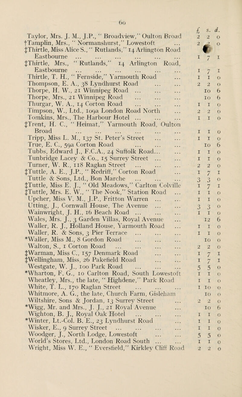 Taylor, Mrs. J. M., J.P., “ Broadview,” Oulton Broad fTamplin, Mrs., “ Normanshurst,” Lowestoft {Thirtle, Miss Alice S., “ Rutlands,” 14 Arlington Road Eastbourne {Thirtle, Mrs., “ Rutlands,” 14 Arlington Road, Eastbourne Thirtle, T. H., “ Fernside,” Yarmouth Road Thompson, E. A., 38 Lyndhurst Road Thorpe, H. W., 21 Winnipeg Road ... Thorpe, Mrs., 21 Winnipeg Road Thurgar, W. A., 14 Corton Road Timpson, W., Ltd., 109a London Road North Tomkins, Mrs., The Harbour Hotel ... {Trent, H. C., “ Heimat,” Yarmouth Road, Oulton Broad Tripp, Miss L. M., 137 St. Peter’s Street True, E. C., 59a Corton Road Tubbs, Edward J., F.C.A., 24 Suffolk Road... Tunbridge Lacey & Co., 15 Surrey Street ... Turner, W. R., 118 Raglan Street {Tuttle, A. E., J.P., “ Redriff,” Corton Road Tuttle & Sons, Ltd., Bon Marche {Tuttle, Miss E. J., “ Old Meadows,” Carlton Colvif {Tuttle, Mrs. E. W., “ The Nook,” Station Road Upcher, Miss V. M., J.P., Fritton Warren ... Utting, J., Cornwall House, The Avenue ... Wainwright, J. H., 16 Beach Road ... Wales, Mrs. J., 3 Garden Villas, Royal Avenue Waller, R. J., Holland House, Yarmouth Road Waller, R. & Sons, 3 Pier Terrace *Waller, Miss M., 8 Gordon Road Walton, S., 1 Corton Road {Warman, Miss C., 157 Denmark Road {Wellingham, Miss, 26 Pakefield Road Westgate, W. J., 100 Park Road *Wharton, F. G., 10 Carlton Road, South Lowestoft Wheatley, Mrs., the late, “ Highdene,” Park Road White, T. L., 170 Raglan Street Whitmore, A. G., the late, Church Farm, Gisleham Wiltshire, Sons & Jordan, 13 Surrey Street *Wigg, Mr. and Mrs., J. J., 21 Royal Avenue Wighton, B. J., Royal Oak Hotel *Winter, Lt.-Col. B. E., 23 Lyndhurst Road Wisker, E., 9 Surrey Street Woodger, J., North Lodge, Lowestoft World’s Stores, Ltd., London Road South . Wright, Miss W. E., “ Eversheld,” Kirkley Cliff Road £ s. d. 2 2 0 1 I O 2 2 0 10 6 10 6 1 I O 2 2 0 I I O I I O I I O 10 6 I I O 1 I O 2 2 0 1 7 i 3 3 0 I 7 I I I O I I 0 330 I I 0 12 6 I I 0 1 I O 10 o 2 2 0 I 7 I I 7 I 5 5 0 I I o I I o 1 10 o 10 o 2 2 0 10 6 I I o I I o I I o 550 1 I 0 2 2 0