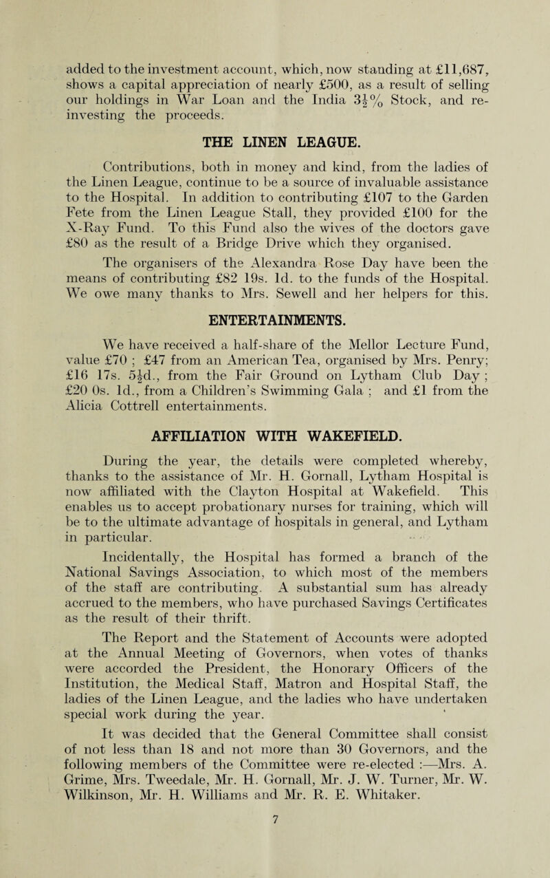 added to the investment account, which, now standing at £11,687, shows a capital appreciation of nearly £500, as a result of selling our holdings in War Loan and the India 3|% Stock, and re¬ investing the proceeds. THE LINEN LEAGUE. Contributions, both in money and kind, from the ladies of the Linen League, continue to be a source of invaluable assistance to the Hospital. In addition to contributing £107 to the Garden Fete from the Linen League Stall, they provided £100 for the X-Ray Fund. To this Fund also the wives of the doctors gave £80 as the result of a Bridge Drive which they organised. The organisers of the Alexandra Rose Day have been the means of contributing £82 19s. Id. to the funds of the Hospital. We owe many thanks to Mrs. Sewell and her helpers for this. ENTERTAINMENTS. We have received a half-share of the Mellor Lecture Fund, value £70 ; £47 from an American Tea, organised by Mrs. Penry; £16 17s. 5|d., from the Fair Ground on Lytham Club Day ; £20 0s. Id., from a Children’s Swimming Gala ; and £1 from the Alicia Cottrell entertainments. AFFILIATION WITH WAKEFIELD. During the year, the details were completed whereby, thanks to the assistance of Mr. H. Gornall, Lytham Hospital is now affiliated with the Clayton Hospital at Wakefield. This enables us to accept probationary nurses for training, which will be to the ultimate advantage of hospitals in general, and Lytham in particular. Incidentally, the Hospital has formed a branch of the National Savings Association, to which most of the members of the staff are contributing. A substantial sum has already accrued to the members, who have purchased Savings Certificates as the result of their thrift. The Report and the Statement of Accounts were adopted at the Annual Meeting of Governors, when votes of thanks were accorded the President, the Honorary Officers of the Institution, the Medical Staff, Matron and Hospital Staff, the ladies of the Linen League, and the ladies who have undertaken special work during the year. It was decided that the General Committee shall consist of not less than 18 and not more than 30 Governors, and the following members of the Committee were re-elected :—Mrs. A. Grime, Mrs. Tweedale, Mr. H. Gornall, Mr. J. W. Turner, Mr. W. Wilkinson, Mr. H. Williams and Mr. R. E. Whitaker.
