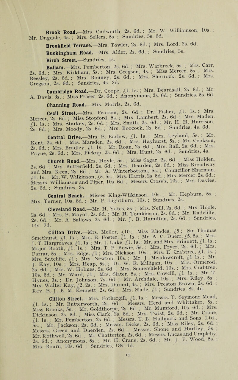 Brook Road.—Mrs. Cudworth, 2s. 6d. ; Mr. W. Williamson, 10s. ; Mr. Dugdale, 4s. ; Mrs. Sellers, 5s. ; Sundries, 3s. 6d. Brookfield Terrace.—Mrs. Towler, 2s. 6d. ; Mrs. Lord, 2s. 6d. Buckingham Road.—Mrs. Alder, 2s. 6d. ; Sundries, 3s. Birch Street.—Sundries, Is. Ballam.—Mrs. Pemberton, 2s. 6d. ; Mrs. Warbreck, 5s. ; Mrs. Carr, 2s. 6d. ; Mrs. Kirkham, 5s. ; Mrs. Gregson, 4s. ; Miss Mercer, 5s. , Mrs. Beesley, 2s. 6d. ; Mrs. Bonney, 2s. 6d. ; Mrs. Shorrock, 2s. 6d. ; Mrs. Gregson, 2s.. 6d. ; Sundries, 4s. 3d. Cambridge Road.—Dr. Coope, £1. Is. ; Mrs. Beardsall, 2s. 6d. ; Mr. A. Davis, 3s. ; Miss Fraser, 2s. 6d. ; Anonymous, 2s. 6d. ; Sundries, 5s. bd. Channing Road.—Mrs. Morris, 2s. 6d. Cecil Street.—Mrs. Pearson, 2s. 6d. ; Dr. Fisher, £\. Is.; Mrs. Mercer, 2s. 6d. ; Miss Stopford, 5s. ; Mrs. Lambert, 2s. 6d. ; Mrs. Maden, /1. Is. ; Mrs. Starkey, 2s. 6d. ; Mrs. Smith, 2s. 6d. ; Mr. H. H. Harrison, 2s. 6d. ; Mrs. Moody, 2s. 6d. ; Mrs. Boocock, 2s. 6d. ; Sundries, 4s. 6d. Central Drive.—Mrs. F. Barlow, £\. Is. ; Mrs. Leyland, 5s. ; Mr. Kent, 2s. 6d. ; Mrs. Marsden, 2s. 6d. ; Mrs. Hayhurst, 5s. ; Mr. Cookson, 2s. 6d. ; Mrs. Bradley, £1. Is. ; Mr. Roan, 2s. 6d.; Mrs. Ball, 2s. 6d. , Mrs. Payne, 2s. 6d. ; Mrs. Pickup, 2s. 6d. ; Mrs. Hunt, 2s. 6d. ; Sundries, 4s. Church Road.—Mrs. Hoyle, 5s. ; Miss Sagar, 2s. 6d. ; Miss Holden, 2s. 6d. ; Mrs. Butterfield, 2s. 6d. ; Mrs. Dearden, 2s. 6d. ; Miss Broadway and Mrs. Keen, 2s. 6d. ; Mr. A. Winterbottom, 5s. ; Councillor Sharman, /l. Is. ; Mr. W. Wilkinson, £5. 5s.; Mrs. Harris, 2s. 6d.; Mrs. Mercer, 2s. 6d.; Messrs. Williamson and Piper, 10s. 6d. ; Messrs. Cross s, 10s. ; Mrs. Dames, 2s. 6d. ; Sundries, 3s. Central Beach.—Misses King-Wilkinson, 10s. ; Mr. Hepburn, 5s. , Mrs. Turner, 10s. 6d. ; Mr. F. Lightburn, 10s. ; Sundries, 2s. Cleveland Road.—Mr. H. Abates, 5s. ; Mrs. Neill, 2s. 6d. ; Mrs. Hoole, 2s 6d. ; Mrs. F. Mayor, 2s. 6d. ; Mr. H. Tomkinson, 2s. 6d. ; Mr. Radcliffe, 2s. 6d.Mr. A. Sallows, 2s. 6d. ; Mr. J. B. Hamilton, 2s. 6d. ; Sundries, 14s. 7d. Clifton Drive.—Mrs. Mellor, ^10 ; Miss Rhodes, £5 ; Sir Thomas Smethurst, £1. Is. ; Mrs. E. Foster, £1. Is. ; Mr. A. C. Duerr, ^5. os. ; Mrs. T T. Hargreaves, /I. Is.; Mr. J. Luke, £1. Is.; Mr. and Mrs. Prmnett, £1. Is., Major Booth, £l~U. ; Mrs. T. F. Bowie, 5s. ; Mrs. Fryer, 2s. 6d. ; Mrs. Farrar, 5s. ; Mrs. Edge, £\ ; Mrs. Nickson, 10s. ; Mrs. E. Crabtree £1. Is. ; Mrs. Sutcliffe, £\ ; Mrs. Newton, 10s. ; Mr. J . Meadowcroft, £\ Is. ; Mr. T. Kay, 10s. ; Mrs. Heap, 5s. ; Dr. W. E. Milligan, 10s. ; Mrs. Ormerod, 2s. 6d. ; Mrs. W. Holmes, 2s. 6d. ; Mrs. Somershield, 10s. ; Mrs. Crabtree, 10s. 6d. ; Mr. Ward, £1 ; Mrs. Slater, 5s. ; Mrs. Cowcill, £1. Is. ; Mr T. Hynes, 3s. ; Dr. Johnson, 7s. 6d. ; Mr. Archdale, 10s. ; Mrs. Riley, 5s. ; Mrs. Walter Kay, £2. 2s. ; Mrs. Durant, 4s. ; Mrs. Preston Brown, 2s. bd. ; Rev. E. J. B. M. Kennett, 2s. 6d. ; Mrs. Slade, £\ ; Sundries, 8s. 4d. Clifton Street.—Mrs. Fothergill, £1. Is. ; Messrs. T. Seymour Mead, £\ Is. ; Mr. Butterworth, 2s. 6d. ; Messrs. Herd and Whittaker, os. ; Miss Brooks, 5s. ; Mr. Goldthorpe, 2s. 6d. ; Mr. Mumford, 10s. 6d. , Mrs. Dickinson, 2s. 6d. ; Miss Clark, 2s. 6d. ; Mrs. Twist, 2s. 6d. ; Mr. Crane, / l. Is. ; Mr. Pemberton, 2s. 6d. ; Messrs. T. B. Hallmark and Sons, Ltd., 5s. ; Mr. Jackson, 2s. 6d. ; Messrs. Dicks, 2s. 6d. ; Miss Riley, 2s. 6_d. ; Messrs. Green and Duerden, 2s. 6d. ; Messrs. Shone and Hartley, 5s. , Mr. Roth well, 2s. 6d. ; Mr. Chatterton, 2s. 6d. ; Messrs. Lucas and Umpleby, 2s. 6d. ; Anonymous, 5s. ; Mr. H. Crane, 2s. 6d. ; Mr. J. P. Mood, ^s. , Mrs. Bourn, 10s. 6d. ; Sundries, 13s. Id.