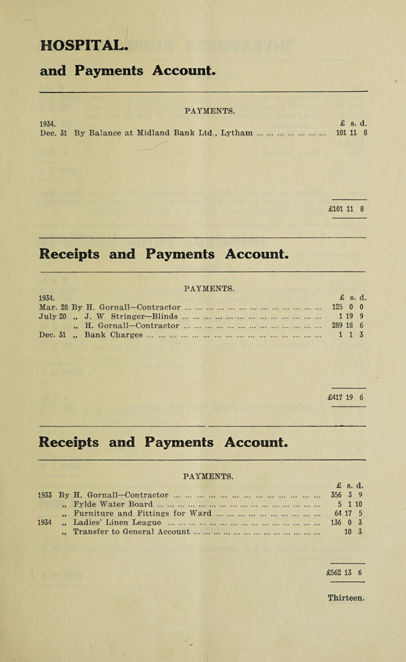 and Payments Account. PAYMENTS. 1934. £ s. d. Dec. 31 By Balance at Midland Bank Ltd., Lytham . 101 11 8 £101 11 8 Receipts and Payments Account. PAYMENTS. 1934. £ s. d. Mar. 28 By H. Gornall—Contractor . 125 0 0 July 20 ,, J. W Stringer—Blinds . 1 19 9 „ H. Gornall—Contractor . 289 18 6 Dec. 31 „ Bank Charges . 113 £417 19 6 Receipts and Payments Account. PAYMENTS. £ s. d. 1933 By H. Gornall—Contractor . 356 3 9 „ Fylde Water Board . 5 1 10 „ Furniture and Fittings for Ward . 64 17 5 1934 „ Ladies' Linen League . 136 0 3 „ Transfer to General Account . 10 3 £562 13 6 Thirteen.