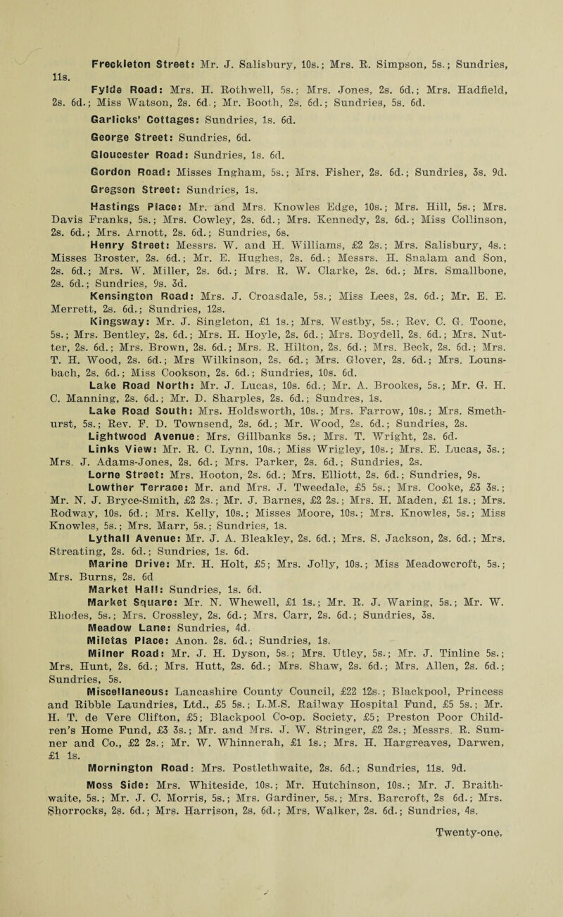 Freckleton Street: Mr. J. Salisbury, 10s.; Mrs. E. Simpson, 5s.; Sundries, 11s. Fylde Road: Mrs. H. Eothwell, 5s.; Mrs. Jones, 2s. 6d.; Mrs. Hadfield, 2s. 6d.; Miss Watson, 2s. 6d.; Mr. Booth, 2s. 6d.; Sundries, 5s. 6d. Garlicks’ Cottages: Sundries, Is. 6d. George Street: Sundries, 6d. Gloucester Road: Sundries, Is. 6d. Gordon Road: Misses Ingham, 5s.; Mrs. Fisher, 2s. 6d.; Sundries, 3s. 9d. Gregson Street: Sundries, Is. Hastings Place: Mr. and Mrs. Knowles Edge, 10s.; Mrs. Hill, 5s.; Mrs. Davis Franks, 5s.; Mrs. Cowley, 2s. 6d.; Mrs. Kennedy, 2s. 6d.; Miss Collinson, 2s. 6d.; Mrs. Arnott, 2s. 6d.; Sundries, 6s. Henry Street: Messrs. W. and H. Williams, £2 2s.; Mrs. Salisbury, 4s.; Misses Broster, 2s. 6d.; Mr. E. Hughes, 2s. 6d.; Messrs. H. Snalam and Son, 2s. 6d.; Mrs. W. Miller, 2s. 6d.; Mrs. E. W. Clarke, 2s. 6d.; Mrs. Smallbone, 2s. 6d.; Sundries, 9s. 3d. Kensington Road: Mrs. J. Croasdale, 5s.; Miss Lees, 2s. 6d.; Mr. E. E. Merrett, 2s. 6d.; Sundries, 12s. Kingsway: Mr. J. Singleton, £1 Is.; Mrs. Westby, 5s.; Eev. C. G. Toone, 5s.; Mrs. Bentley, 2s. 6d.; Mrs. H. Hoyle, 2s. 6d.; Mrs. Boj^dell, 2s. 6d.; Mrs. Nut¬ ter, 2s. 6d.; Mrs. Brown, 2s. 6d.; Mrs. E. Hilton, 2s. 6d.; Mrs. Beck, 2s. 6d.; Mrs. T. H. Wood, 2s. 6d.; Mrs Wilkinson, 2s. 6d.; Mrs. Glover, 2s. 6d.; Mrs. Louns- bach, 2s. 6d.; Miss Cookson, 2s. 6d.; Sundries, 10s. 6d. Lake Road North: Mr. J. Lucas, 10s. 6d.; Mr. A. Brookes, 5s.; Mr. G. H. C. Manning, 2s. 6d.; Mr. D. Sharpies, 2s. 6d.; Sundres, Is. Lake Road South: Mrs. Holdsworth, 10s.; Mrs. Farrowr, 10s.; Mrs. Smeth- urst, 5s.; Eev. F. D. Townsend, 2s. 6d.; Mr. Wood, 2s. 6d.; Sundries, 2s. Lightwood Avenue: Mrs. Gillbanks 5s.; Mrs. T. Wright, 2s. 6d. Links View: Mr. E. C. Lynn, 10s.; Miss Wrigley, 10s.; Mrs. E. Lucas, 3s.; Mrs. J. Adams-Jones, 2s. 6d.; Mrs. Parker, 2s. 6d.; Sundries, 2s. Lome Street: Mrs. Hooton, 2s. 6d.; Mrs. Elliott, 2s. 6d.; Sundries, 9s. Lowther Terrace: Mr. and Mrs. J. Tweedale, £5 5s.; Mrs. Cooke, £3 3s.; Mr. N. J. Bryce-Smith, £2 2s.; Mr. J. Barnes, £2 2s.; Mrs. H. Maden, £1 Is.; Mrs. Eodway, 10s. 6d.; Mrs. Kelly, 10s.; Misses Moore, 10s.; Mrs. Knowles, 5s.; Miss Knowles, 5s.; Mrs. Marr, 5s.; Sundries, Is. Lythall Avenue: Mr. J. A. Bleakley, 2s. 6d.; Mrs. S. Jackson, 2s. 6d.; Mrs. Streating, 2s. 6d.; Sundries, Is. 6d. Marine Drive: Mr. H. Holt, £5; Mrs. Jolly, 10s.; Miss Meadowcroft, 5s.; Mrs. Burns, 2s. 6d Market Hal!: Sundries, Is. 6d. Market Square: Mr. N. Whewell, £1 Is.; Mr. E. J. Waring, 5s.; Mr. W. Eliodes, 5s.; Mrs. Crossley, 2s. 6d.; Mrs. Carr, 2s. 6d.; Sundries, 3s. Meadow Lane: Sundries, 4d. Miletas Place: Anon. 2s. 6d.; Sundries, Is. Milner Road: Mr. J. H. Dyson, 5s.; Mrs. Utley, 5s.; Mr. J. Tinline 5s.; Mrs. Hunt, 2s. 6d.; Mrs. Hutt, 2s. 6d.; Mrs. Shaw, 2s. 6d.; Mrs. Allen, 2s. 6d.; Sundries, 5s. Miscellaneous: Lancashire County Council, £22 12s.; Blackpool, Princess and Eibble Laundries, Ltd., £5 5s.; L.M.S. Eailway Hospital Fund, £5 5s.; Mr. H. T. de Yere Clifton, £5; Blackpool Co-op. Society, £5; Preston Poor Child¬ ren’s Home Fund, £3 3s.; Mr. and Mrs. J. W. Stringer, £2 2s.; Messrs. E. Sum¬ ner and Co., £2 2s.; Mr. W. Whinnerah, £1 Is.; Mrs. H. Hargreaves, Darwen, £1 Is. Mornington Road: Mrs. Postlethwaite, 2s. 6d.; Sundries, 11s. 9d. Moss Side: Mrs. Whiteside, 10s.; Mr. Hutchinson, 10s.; Mr. J. Braith- waite, 5s.; Mr. J. C. Morris, 5s.; Mrs. Gardiner, 5s.; Mrs. Barcroft, 2s 6d.; Mrs. Shorrocks, 2s. 6d.; Mrs. Harrison, 2s. 6d.; Mrs, Walker, 2s. 6d.; Sundries, 4s.