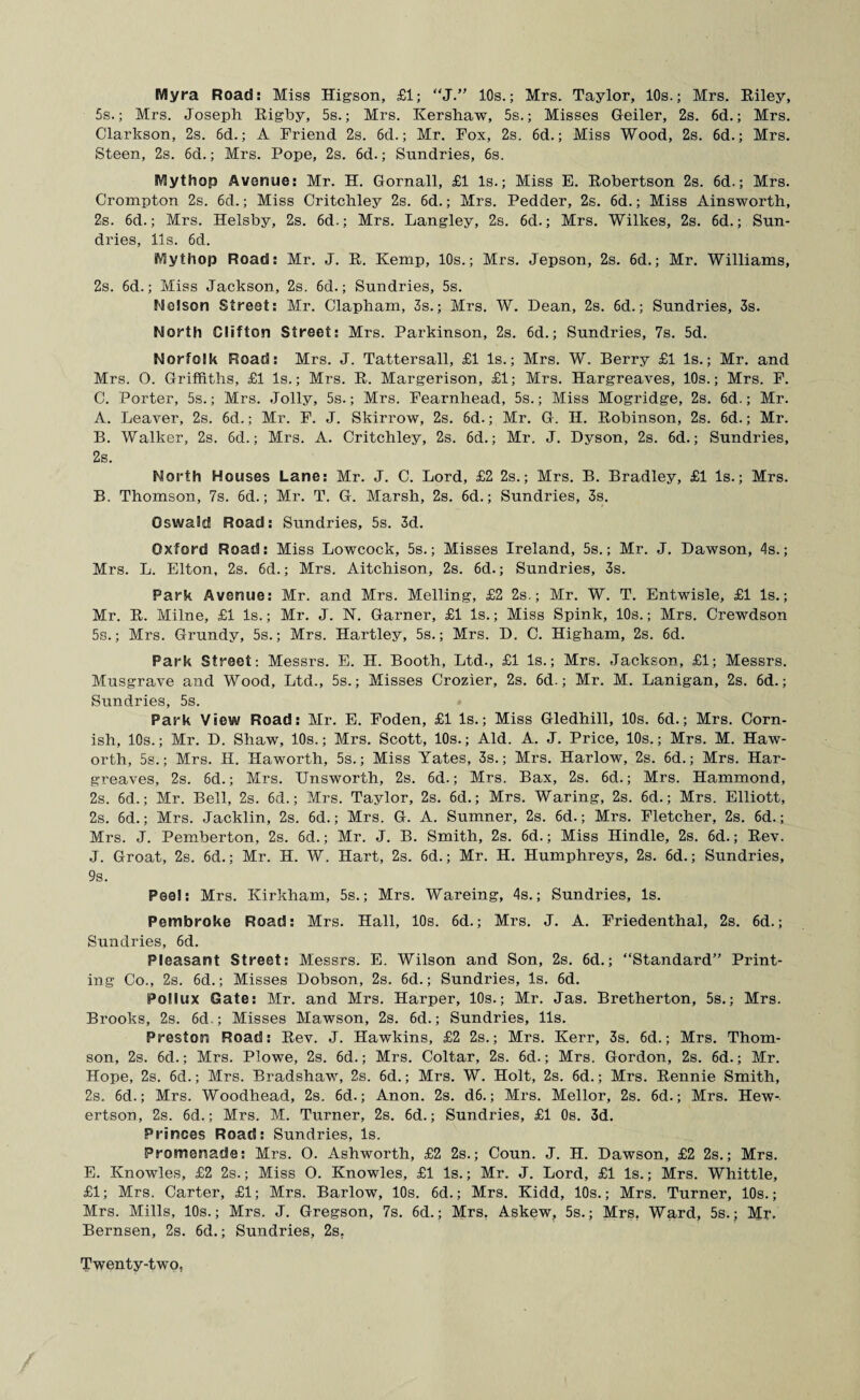 Myra Road: Miss Higson, £1; “J.” 10s.; Mrs. Taylor, 10s.; Mrs. Riley, 5s.; Mrs. Joseph Rigby, 5s.; Mrs. Kershaw, 5s.; Misses Geiler, 2s. 6d.; Mrs. Clarkson, 2s. 6d.; A Friend 2s. 6d.; Mr. Fox, 2s. 6d.; Miss Wood, 2s. 6d.; Mrs. Steen, 2s. 6d.; Mrs. Pope, 2s. 6d.; Sundries, 6s. Mythop Avenue: Mr. H. Gornall, £1 Is.; Miss E. Robertson 2s. 6d.; Mrs. Crompton 2s. 6d.; Miss Critchley 2s. 6d.; Mrs. Pedder, 2s. 6d.; Miss Ainsworth, 2s. 6d.; Mrs. Helsby, 2s. 6d.; Mrs. Langley, 2s. 6d.; Mrs. Wilkes, 2s. 6d.; Sun¬ dries, 11s. 6d. Mythop Road: Mr. J. R. Kemp, 10s.; Mrs. Jepson, 2s. 6d.; Mr. Williams, 2s. 6d.; Miss Jackson, 2s. 6d.; Sundries, 5s. Nelson Street: Mr. Clapham, 3s.; Mrs. W. Dean, 2s. 6d.; Sundries, 3s. North Clifton Street: Mrs. Parkinson, 2s. 6d.; Sundries, 7s. 5d. Norfolk Road: Mrs. J. Tattersall, £1 Is.; Mrs. W. Berry £1 Is.; Mr. and Mrs. O. Griffiths, £1 Is.; Mrs. R. Margerison, £1; Mrs. Hargreaves, 10s.; Mrs. F. C. Porter, 5s.; Mrs. Jolly, 5s.; Mrs. Fearnhead, 5s.; Miss Mogridge, 2s. 6d.; Mr. A. Leaver, 2s. 6d.; Mr. F. J. Skirrow, 2s. 6d.; Mr. G. H. Robinson, 2s. 6d.; Mr. B. Walker, 2s. 6d.; Mrs. A. Critchley, 2s. 6d.; Mr. J. Dyson, 2s. 6d.; Sundries, 2s. North Houses Lane: Mr. J. C. Lord, £2 2s.; Mrs. B. Bradley, £1 Is.; Mrs. B. Thomson, 7s. 6d.; Mr. T. G. Marsh, 2s. 6d.; Sundries, 3s. Oswald Road: Sundries, 5s. 3d. Oxford Road: Miss Lowcock, 5s.; Misses Ireland, 5s.; Mr. J. Dawson, 4s.; Mrs. L. Elton, 2s. 6d.; Mrs. Aitchison, 2s. 6d.; Sundries, 3s. Park Avenue: Mr. and Mrs. Melling, £2 2s.; Mr. W. T. Entwisle, £1 Is.; Mr. R. Milne, £1 Is.; Mr. J. N. Garner, £1 Is.; Miss Spink, 10s.; Mrs. Crewdson 5s.; Mrs. Grundy, 5s.; Mrs. Hartley, 5s.; Mrs. D. C. Higham, 2s. 6d. Park Street: Messrs. E. H. Booth, Ltd., £1 Is.; Mrs. Jackson, £1; Messrs. Musgrave and Wood, Ltd., 5s.; Misses Crozier, 2s. 6d.; Mr. M. Lanigan, 2s. 6d.; Sundries, 5s. Park View Road: Mr. E. Foden, £1 Is.; Miss Gledhill, 10s. 6d.; Mrs. Corn¬ ish, 10s.; Mr. D. Shaw, 10s.; Mrs. Scott, 10s.; Aid. A. J. Price, 10s.; Mrs. M. Haw¬ orth, 5s.; Mrs. H. Haworth, 5s.; Miss Yates, 3s.; Mrs. Harlow, 2s. 6d.; Mrs. Har¬ greaves, 2s. 6d.; Mrs. Unsworth, 2s. 6d.; Mrs. Bax, 2s. 6d.; Mrs. Hammond, 2s. 6d.; Mr. Bell, 2s. 6d.; Mrs. Taylor, 2s. 6d.; Mrs. Waring, 2s. 6d.; Mrs. Elliott, 2s. 6d.; Mrs. Jacklin, 2s. 6d.; Mrs. G. A. Sumner, 2s. 6d.; Mrs. Fletcher, 2s. 6d.; Mrs. J. Pemberton, 2s. 6d.; Mr. J. B. Smith, 2s. 6d.; Miss Hindle, 2s. 6d.; Rev. J. Groat, 2s. 6d.; Mr. H. W. Hart, 2s. 6d.; Mr. H. Humphreys, 2s. 6d.; Sundries, 9s. Peel: Mrs. Kirkham, 5s.; Mrs. Wareing, 4s.; Sundries, Is. Pembroke Road: Mrs. Hall, 10s. 6d.; Mrs. J. A. Friedenthal, 2s. 6d.; Sundries, 6d. Pleasant Street: Messrs. E. Wilson and Son, 2s. 6d.; “Standard” Print¬ ing Co., 2s. 6d.; Misses Dobson, 2s. 6d.; Sundries, Is. 6d. Pollux Gate: Mr. and Mrs. Harper, 10s.; Mr. Jas. Bretherton, 5s.; Mrs. Brooks, 2s. 6d.; Misses Mawson, 2s. 6d.; Sundries, 11s. Preston Road: Rev. J. Hawkins, £2 2s.; Mrs. Kerr, 3s. 6d.; Mrs. Thom¬ son, 2s. 6d.; Mrs. Plowe, 2s. 6d.; Mrs. Coltar, 2s. 6d.; Mrs. Gordon, 2s. 6d.; Mr. Hope, 2s. 6d.; Mrs. Bradshaw, 2s. 6d.; Mrs. W. Holt, 2s. 6d.; Mrs. Rennie Smith, 2s. 6d.; Mrs. Woodhead, 2s. 6d.; Anon. 2s. d6.; Mrs. Mellor, 2s. 6d.; Mrs. Hew- ertson, 2s. 6d.; Mrs. M. Turner, 2s. 6d.; Sundries, £1 0s. 3d. Princes Road: Sundries, Is. Promenade: Mrs. O. Ashworth, £2 2s.; Coun. J. H. Dawson, £2 2s.; Mrs. E. Knowles, £2 2s.; Miss O. Knowles, £1 Is.; Mr. J. Lord, £1 Is.; Mrs. Whittle, £1; Mrs. Carter, £1; Mrs. Barlow, 10s. 6d.; Mrs. Kidd, 10s.; Mrs. Turner, 10s.; Mrs. Mills, 10s.; Mrs. J. Gregson, 7s. 6d.; Mrs. Askew, 5s.; Mrs. Ward, 5s.; Mr. Bernsen, 2s. 6d.; Sundries, 2s,