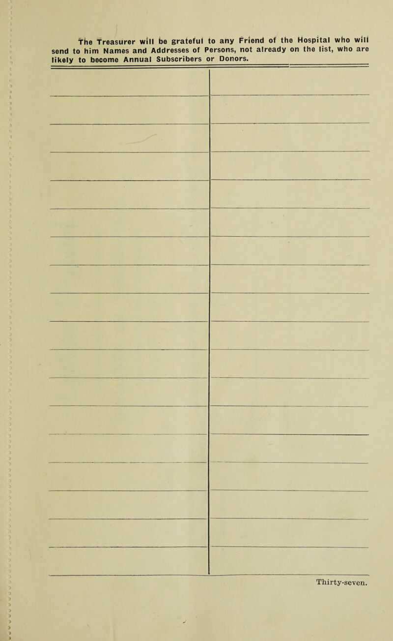 the treasurer will be grateful to any Friend of the Hospital who will send to him Names and Addresses of Persons, not already on the list, who are likely to become Annual Subscribers or Donors.