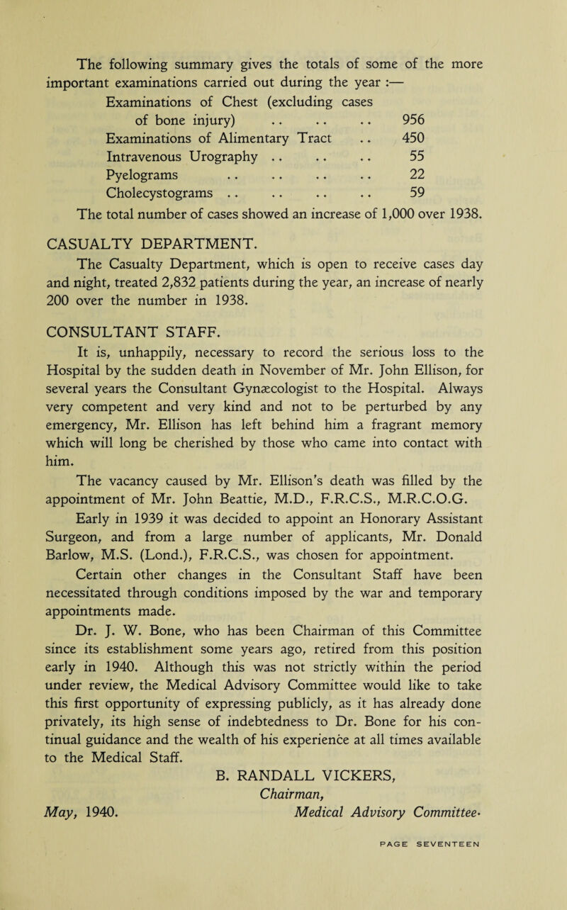 The following summary gives the totals of some of the more important examinations carried out during the year :— Examinations of Chest (excluding cases of bone injury) 956 Examinations of Alimentary Tract 450 Intravenous Urography .. 55 Pyelograms 22 Cholecystograms .. 59 The total number of cases showed an increase of 1,000 over 1938. CASUALTY DEPARTMENT. The Casualty Department, which is open to receive cases day and night, treated 2,832 patients during the year, an increase of nearly 200 over the number in 1938. CONSULTANT STAFF. It is, unhappily, necessary to record the serious loss to the Hospital by the sudden death in November of Mr. John Ellison, for several years the Consultant Gynaecologist to the Hospital. Always very competent and very kind and not to be perturbed by any emergency, Mr. Ellison has left behind him a fragrant memory which will long be cherished by those who came into contact with him. The vacancy caused by Mr. Ellison's death was filled by the appointment of Mr. John Beattie, M.D., F.R.C.S., M.R.C.O.G. Early in 1939 it was decided to appoint an Honorary Assistant Surgeon, and from a large number of applicants, Mr. Donald Barlow, M.S. (Lond.), F.R.C.S., was chosen for appointment. Certain other changes in the Consultant Staff have been necessitated through conditions imposed by the war and temporary appointments made. Dr. J. W. Bone, who has been Chairman of this Committee since its establishment some years ago, retired from this position early in 1940. Although this was not strictly within the period under review, the Medical Advisory Committee would like to take this first opportunity of expressing publicly, as it has already done privately, its high sense of indebtedness to Dr. Bone for his con¬ tinual guidance and the wealth of his experience at all times available to the Medical Staff. B. RANDALL VICKERS, Chairman, May, 1940. Medical Advisory Committee*