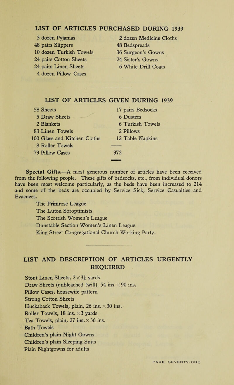 LIST OF ARTICLES PURCHASED DURING 1939 3 dozen Pyjamas 2 dozen Medicine Cloths 48 pairs Slippers 48 Bedspreads 10 dozen Turkish Towels 36 Surgeon's Gowns 24 pairs Cotton Sheets 24 Sister's Gowns 24 pairs Linen Sheets 6 White Drill Coats 4 dozen Pillow Cases LIST OF ARTICLES GIVEN DURING 1939 58 Sheets 17 pairs Bedsocks 5 Draw Sheets 6 Dusters 2 Blankets 6 Turkish Towels 83 Linen Towels 2 Pillows 100 Glass and Kitchen Cloths 12 Table Napkins 8 Roller Towels 73 Pillow Cases 372 Special Gifts.—A most generous number of articles have been received from the following people. These gifts of bedsocks, etc., from individual donors have been most welcome particularly, as the beds have been increased to 214 and some of the beds are occupied by Service Sick, Service Casualties and Evacuees. The Primrose League The Luton Soroptimists The Scottish Women's League Dunstable Section Women's Linen League King Street Congregational Church Working Party. LIST AND DESCRIPTION OF ARTICLES URGENTLY REQUIRED Stout Linen Sheets, 2 X 3£ yards Draw Sheets (unbleached twill), 54 ins. X 90 ins. Pillow Cases, housewife pattern Strong Cotton Sheets Huckaback Towels, plain, 26 ins. X 30 ins. Roller Towels, 18 ins. X 3 yards Tea Towels, plain, 27 ins. X 36 ins. Bath Towels Children's plain Night Gowns Children's plain Sleeping Suits Plain Nightgowns for adults PAGE SEVENTY-ONE