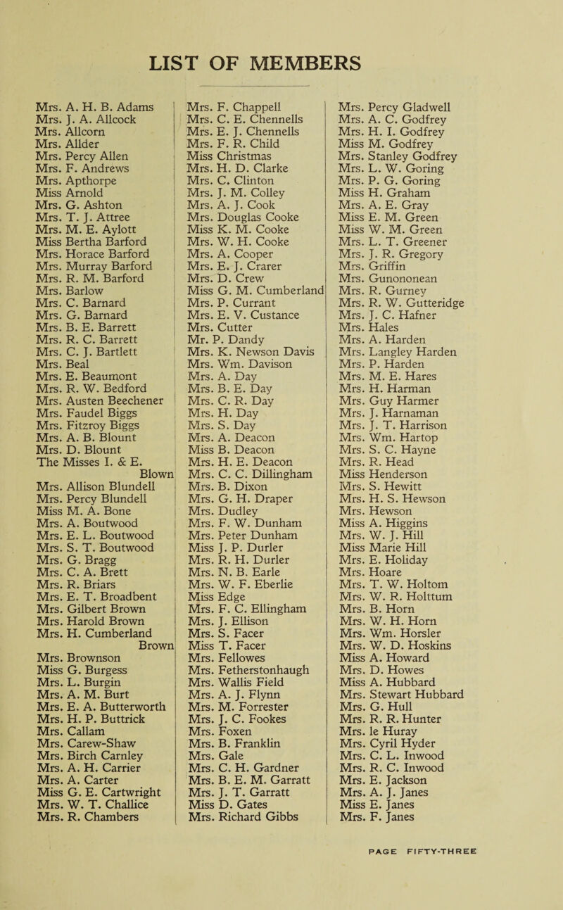LIST OF MEMBERS Mrs. A. H. B. Adams Mrs. J. A. Allcock Mrs. Allcorn Mrs. Allder Mrs. Percy Allen Mrs. F. Andrews Mrs. Apthorpe Miss Arnold Mrs. G. Ashton Mrs. T. J. Attree Mrs. M. E. Aylott Miss Bertha Barford Mrs. Horace Barford Mrs. Murray Barford Mrs. R. M. Barford Mrs. Barlow Mrs. C. Barnard Mrs. G. Barnard Mrs. B. E. Barrett Mrs. R. C. Barrett Mrs. C. J. Bartlett Mrs. Beal Mrs. E. Beaumont Mrs. R. W. Bedford Mrs. Austen Beechener Mrs. Faudel Biggs Mrs. Fitzroy Biggs Mrs. A. B. Blount Mrs. D. Blount The Misses I. & E. Blown Mrs. Allison Blundell Mrs. Percy Blundell Miss M. A. Bone Mrs. A. Boutwood Mrs. E. L. Boutwood Mrs. S. T. Boutwood Mrs. G. Bragg Mrs. C. A. Brett Mrs. R. Briars Mrs. E. T. Broadbent Mrs. Gilbert Brown Mrs. Harold Brown Mrs. H. Cumberland Brown Mrs. Brownson Miss G. Burgess Mrs. L. Burgin Mrs. A. M. Burt Mrs. E. A. Butterworth Mrs. H. P. Buttrick Mrs. Callam Mrs. Carew-Shaw Mrs. Birch Carnley Mrs. A. H. Carrier Mrs. A. Carter Miss G. E. Cartwright Mrs. W. T. Challice Mrs. R. Chambers Mrs. F. Chappell Mrs. C. E. Chennells Mrs. E. J. Chennells Mrs. F. R. Child Miss Christmas Mrs. H. D. Clarke Mrs. C. Clinton Mrs. J. M. Colley Mrs. A. J. Cook Mrs. Douglas Cooke Miss K. M. Cooke Mrs. W. H. Cooke Mrs. A. Cooper Mrs. E. J. Crarer Mrs. D. Crew Miss G. M. Cumberland Mrs. P. Currant Mrs. E. V. Custance Mrs. Cutter Mr. P. Dandy Mrs. K. Newson Davis Mrs. Wm. Davison Mrs. A. Day Mrs. B. E. Day Mrs. C. R. Day Mrs. H. Day Mrs. S. Day Mrs. A. Deacon Miss B. Deacon Mrs. H. E. Deacon Mrs. C. C. Dillingham Mrs. B. Dixon Mrs. G. H. Draper Mrs. Dudley Mrs. F. W. Dunham Mrs. Peter Dunham Miss J. P. Durler Mrs. R. H. Durler Mrs. N. B. Earle Mrs. W. F. Eberlie Miss Edge Mrs. F. C. Ellingham Mrs. J. Ellison Mrs. S. Facer Miss T. Facer Mrs. Fellowes Mrs. Fetherstonhaugh Mrs. Wallis Field Mrs. A. J. Flynn Mrs. M. Forrester Mrs. J. C. Fookes Mrs. Foxen Mrs. B. Franklin Mrs. Gale Mrs. C. H. Gardner Mrs. B. E. M. Garratt Mrs. J. T. Garratt Miss D. Gates Mrs. Richard Gibbs Mrs. Percy Gladwell Mrs. A. C. Godfrey Mrs. H. I. Godfrey Miss M. Godfrey Mrs. Stanley Godfrey Mrs. L. W. Goring Mrs. P. G. Goring Miss H. Graham Mrs. A. E. Gray Miss E. M. Green Miss W. M. Green Mrs. L. T. Greener Mrs. J. R. Gregory Mrs. Griffin Mrs. Gunononean Mrs. R. Gurney Mrs. R. W. Gutteridge Mrs. J. C. Hafner Mrs. Hales Mrs. A. Harden Mrs. Langley Harden Mrs. P. Harden Mrs. M. E. Hares Mrs. H. Harman Mrs. Guy Harmer Mrs. J. Harnaman Mrs. J. T. Harrison Mrs. Wm. Hartop Mrs. S. C. Hayne Mrs. R. Head Miss Henderson Mrs. S. Hewitt Mrs. H. S. Hewson Mrs. Hewson Miss A. Higgins Mrs. W. J. Hill Miss Marie Hill Mrs. E. Holiday Mrs. Hoare Mrs. T. W. Holtom Mrs, W. R. Holttum Mrs. B. Horn Mrs. W. H. Horn Mrs. Wm. Horsier Mrs. W. D. Hoskins Miss A. Howard Mrs. D. Howes Miss A. Hubbard Mrs. Stewart Hubbard Mrs. G. Hull Mrs. R. R. Hunter Mrs. le Huray Mrs. Cyril Hyder Mrs. C. L. Inwood Mrs. R. C. Inwood Mrs. E. Jackson Mrs. A. J. Janes Miss E. Janes Mrs. F. Janes