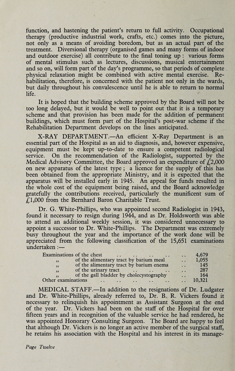 function, and hastening the patient’s return to full activity. Occupational therapy (productive industrial work, crafts, etc.) comes into the picture, not only as a means of avoiding boredom, but as an actual part of the treatment. Diversional therapy (organised games and many forms of indoor and outdoor exercise) all contribute to the final toning up : various forms of mental stimulus such as lectures, discussions, musical entertainment and so on, will form part of the day’s programme, so that periods of complete physical relaxation might be combined with active mental exercise. Re¬ habilitation, therefore, is concerned with the patient not only in the wards, but daily throughout his convalescence until he is able to return to normal life. It is hoped that the building scheme approved by the Board will not be too long delayed, but it would be well to point out that it is a temporary scheme and that provision has been made for the addition of permanent buildings, which must form part of the Hospital’s post-war scheme if the Rehabilitation Department develops on the lines anticipated. X-RAY DEPARTMENT.—An efficient X-Ray Department is an essential part of the Hospital as an aid to diagnosis, and, however expensive, equipment must be kept up-to-date to ensure a competent radiological service. On the recommendation of the Radiologist, supported by the Medical Advisory Committee, the Board approved an expenditure of £2,000 on new apparatus of the latest type; a licence for the supply of this has been obtained from the appropriate Ministry, and it is expected that the apparatus will be installed early in 1945. An appeal for funds resulted in the whole cost of the equipment being raised, and the Board acknowledge gratefully the contributions received, particularly the munificent sum of £1,000 from the Bernhard Baron Charitable Trust. Dr. G. White-Phillips, who was appointed second Radiologist in 1943, found it necessary to resign during 1944, and as Dr. Holdsworth was able to attend an additional weekly session, it was considered unnecessary to appoint a successor to Dr. White-Phillips. The Department was extremely busy throughout the year and the importance of the work done will be appreciated from the following classification of the 15,651 examinations undertaken :— Examinations of the chest . . . . . . . . . . 4,679 „ of the alimentary tract by barium meal . . 1,055 ,, of the alimentary tract by barium enema . . 145 ,, of the urinary tract . . . . . . . . 287 „ of the gall bladder by cholecystography . . 164 Other examinations . . . . . . . . . . . . 10,321 MEDICAL STAFF.—In addition to the resignations of Dr. Ludgater and Dr. White-Phillips, already referred to. Dr. B. R. Vickers found it necessary to relinquish his appointment as Assistant Surgeon at the end of the year. Dr. Vickers had been on the staff of the Hospital for over fifteen years and in recognition of the valuable service he had rendered, he was appointed Honorary Consulting Surgeon. The Board are happy to feel that although Dr. Vickers is no longer an active member of the surgical staff, he retains his association with the Hospital and his interest in its manage- Page Twelve