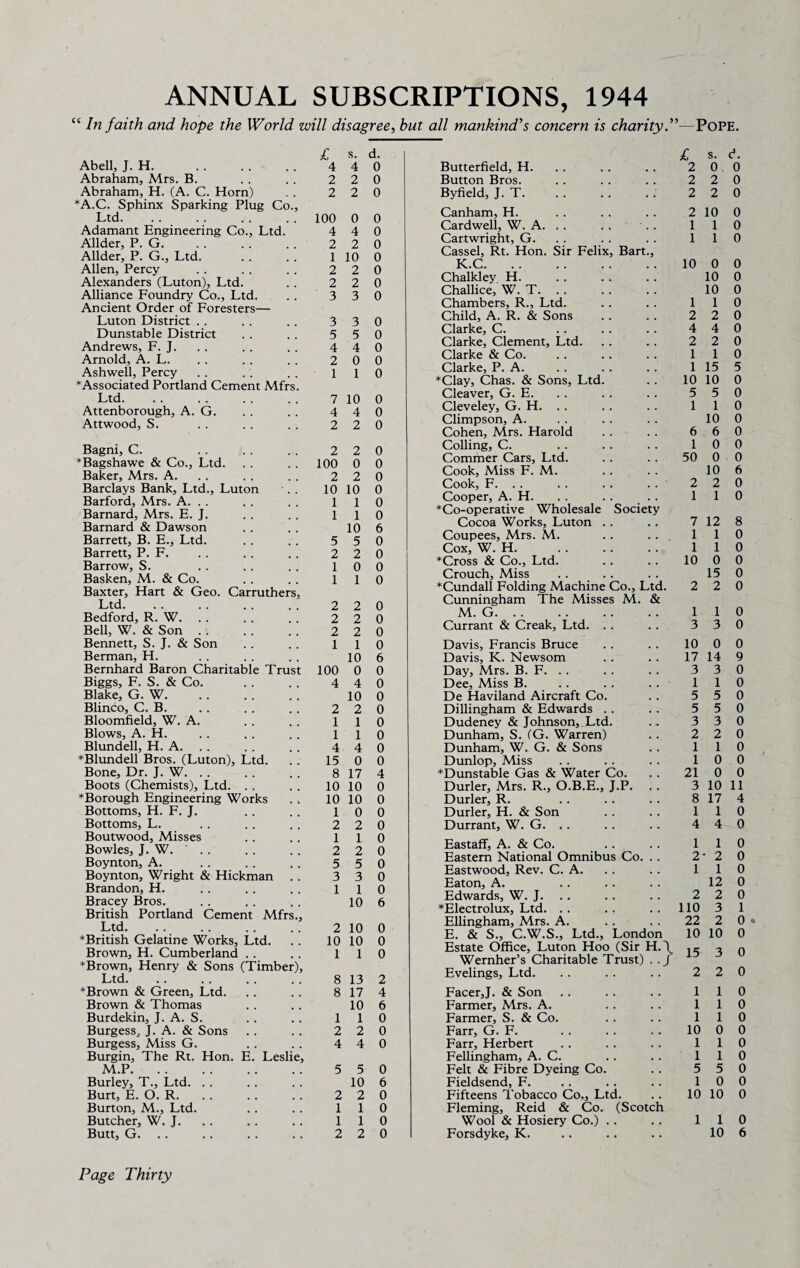 ANNUAL SUBSCRIPTIONS, 1944 cc In faith and hope the World will disagree, but all mankind's concern is charity—Pope. Abell, J. H. Abraham, Mrs. B. Abraham, H. (A. C. Horn) *A.C. Sphinx Sparking Plug Co., Ltd. Adamant Engineering Co., Ltd. Allder, P. G. Allder, P. G., Ltd. Allen, Percy Alexanders (Luton), Ltd. Alliance Foundry Co., Ltd. Ancient Order of Foresters— Luton District Dunstable District Andrews, F. J. Arnold, A. L. Ashwell, Percy ♦Associated Portland Cement Mfrs. Ltd. Attenborough, A. G. Attwood, S. £ s. d. 4 4 0 2 2 0 2 2 0 100 0 0 4 4 0 2 2 0 1 10 0 2 2 0 2 2 0 3 3 0 3 3 0 5 5 0 4 4 0 2 0 0 1 1 0 7 10 0 4 4 0 2 2 0 Bagni, C. ♦Bagshawe & Co., Ltd. Baker, Mrs. A. Barclays Bank, Ltd., Luton Barford, Mrs. A. . . Barnard, Mrs. E. J. Barnard & Dawson Barrett, B. E., Ltd. Barrett, P. F. Barrow, S. Basken, M. & Co. Baxter, Hart & Geo. Carruthers, Ltd. Bedford, R. W. Bell, W. & Son. Bennett, S. J. & Son Berman, H. Bernhard Baron Charitable Trust Biggs, F. S. & Co. Blake, G. W. Blinco, C. B. Bloomfield, W. A. Blows, A. H. Blundell, H. A. ♦Blundell Bros. (Luton), Ltd. Bone, Dr. J. W. Boots (Chemists), Ltd. ♦Borough Engineering Works Bottoms, H. F. J. Bottoms, L. Boutwood, Misses Bowles, J. W. . . Boynton, A. Boynton, Wright & Hickman . . Brandon, H. Bracey Bros. British Portland Cement Mfrs., Ltd. ♦British Gelatine Works, Ltd. Brown, H. Cumberland ♦Brown, Henry & Sons (Timber), Ltd. ♦Brown & Green, Ltd. Brown & Thomas Burdekin, J. A. S. Burgess, J. A. & Sons Burgess, Miss G. Burgin, The Rt. Hon. E. Leslie, M.P. Burley, T., Ltd. Burt, E. O. R. Burton, M., Ltd. Butcher, W. J. Butt, G. . . 2 2 0 100 0 0 2 2 0 10 10 0 1 1 0 1 1 0 10 6 5 5 0 2 2 0 1 0 0 1 1 0 2 2 0 2 2 0 2 2 0 1 1 0 10 6 100 0 0 4 4 0 10 0 2 2 0 1 1 0 1 1 0 4 4 0 15 0 0 8 17 4 10 10 0 10 10 0 1 0 0 2 2 0 1 1 0 2 2 0 5 5 0 3 3 0 1 1 0 10 6 2 10 0 10 10 0 1 1 0 8 13 2 8 17 4 10 6 1 1 0 2 2 0 4 4 0 5 5 0 10 6 2 2 0 1 1 0 1 1 0 2 2 0 Butterfield, H. Button Bros. Byfield, J. T.. Canham, H. Cardwell, W. A. . . Cartwright, G. Cassel, Rt. Hon. Sir Felix, Bart., K C Chalkley H. Challice, W. T. Chambers, R., Ltd. Child, A. R. & Sons Clarke, C. Clarke, Clement, Ltd. Clarke & Co. Clarke, P. A. ♦Clay, Chas. & Sons, Ltd. Cleaver, G. E. Cleveley, G. H. . . Climpson, A. Cohen, Mrs. Harold Colling, C. Commer Cars, Ltd. Cook, Miss F. M. Cook, F. . . . . . . Cooper, A. H. ♦Co-operative Wholesale Society Cocoa Works, Luton Coupees, Mrs. M. . . ... Cox, W. H. ♦Cross & Co., Ltd. Crouch, Miss . . ♦Cundall Folding Machine Co., Ltd. Cunningham The Misses M. & M. G. Currant & Creak, Ltd. . . Davis, Francis Bruce Davis, K. Newsom Day, Mrs. B. F. . . Dee, Miss B. De Haviland Aircraft Co. Dillingham & Edwards Dudeney & Johnson,. Ltd. Dunham, S. (G. Warren) Dunham, W. G. & Sons Dunlop, Miss ♦Dunstable Gas & Water Co. Durler, Mrs. R., O.B.E., J.P. . . Durler, R. Durler, H. & Son Durrant, W. G. . . Eastaff, A. & Co. Eastern National Omnibus Co. . . Eastwood, Rev. C. A. Eaton, A. Edwards, W. J. . . ♦Electrolux, Ltd. Ellingham, Mrs. A. E. & S., C.W.S., Ltd., London Estate Office, Luton Hoo (Sir H.\ Wernher’s Charitable Trust) . .J Evelings, Ltd. FacerJ. & Son Farmer, Mrs. A. Farmer, S. & Co. Farr, G. F. Farr, Herbert Fellingham, A. C. Felt & Fibre Dyeing Co. Fieldsend, F. Fifteens Tobacco Co., Ltd. Fleming, Reid & Co. (Scotch Wool & Hosiery Co.) . . Forsdyke, K. £ s. d. 2 0 0 2 2 0 2 2 0 2 10 0 1 1 0 1 1 0 10 0 0 10 0 10 0 1 1 0 2 2 0 4 4 0 2 2 0 1 1 0 1 15 5 10 10 0 5 5 0 1 1 0 10 0 6 6 0 1 0 0 50 0 0 10 6 2 2 0 1 1 0 7 12 8 1 1 0 1 1 0 10 0 0 15 0 2 2 0 1 1 0 3 3 0 10 0 0 17 14 9 3 3 0 1 1 0 5 5 0 5 5 0 3 3 0 2 2 0 1 1 0 1 0 0 21 0 0 3 10 11 8 17 4 1 1 0 4 4 0 1 1 0 2-2 0 1 1 0 12 0 2 2 0 110 3 1 22 2 0 10 10 0 15 3 0 2 2 0 1 1 0 1 1 0 1 1 0 10 0 0 1 1 0 1 1 0 5 5 0 1 0 0 10 10 0 1 1 0 10 6