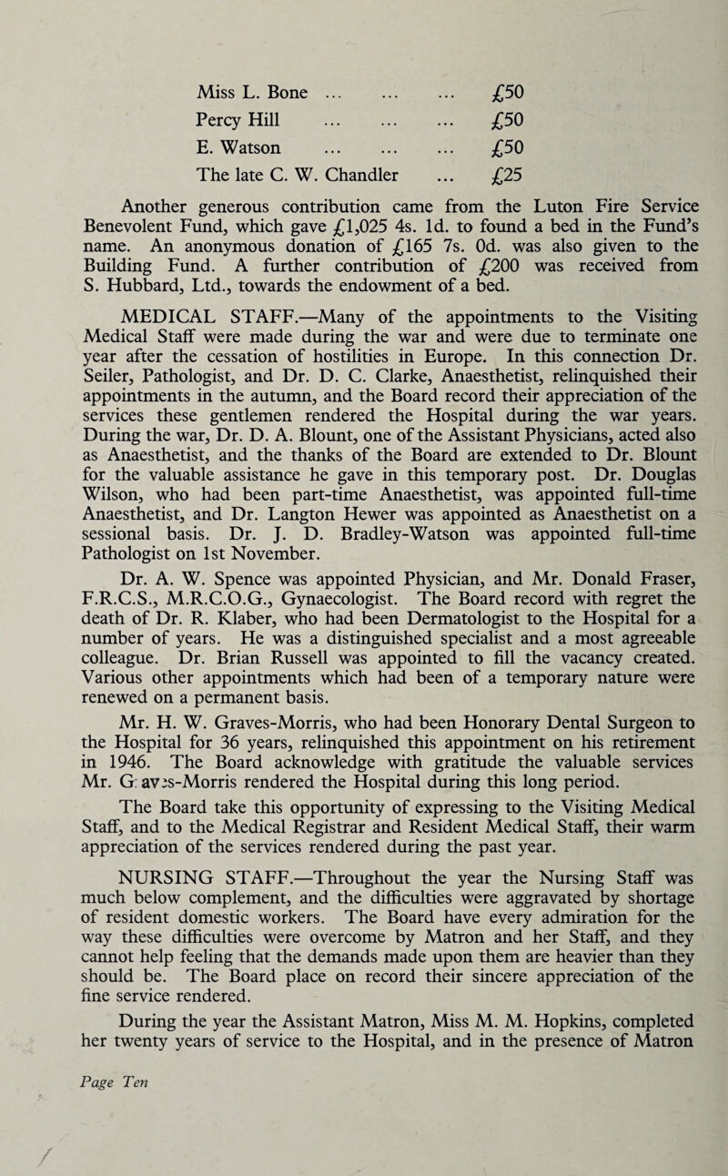 Miss L. Bone . Percy Hill E. Watson . The late C. W. Chandler £50 £50 £50 £25 Another generous contribution came from the Luton Fire Service Benevolent Fund, which gave £1,025 4s. Id. to found a bed in the Fund’s name. An anonymous donation of £165 7s. Od. was also given to the Building Fund. A further contribution of £200 was received from S. Hubbard, Ltd., towards the endowment of a bed. MEDICAL STAFF.—Many of the appointments to the Visiting Medical Staff were made during the war and were due to terminate one year after the cessation of hostilities in Europe. In this connection Dr. Seiler, Pathologist, and Dr. D. C. Clarke, Anaesthetist, relinquished their appointments in the autumn, and the Board record their appreciation of the services these gentlemen rendered the Hospital during the war years. During the war. Dr. D. A. Blount, one of the Assistant Physicians, acted also as Anaesthetist, and the thanks of the Board are extended to Dr. Blount for the valuable assistance he gave in this temporary post. Dr. Douglas Wilson, who had been part-time Anaesthetist, was appointed full-time Anaesthetist, and Dr. Langton Hewer was appointed as Anaesthetist on a sessional basis. Dr. J. D. Bradley-Watson was appointed full-time Pathologist on 1st November. Dr. A. W. Spence was appointed Physician, and Mr. Donald Fraser, F.R.C.S., M.R.C.O.G., Gynaecologist. The Board record with regret the death of Dr. R. Klaber, who had been Dermatologist to the Hospital for a number of years. He was a distinguished specialist and a most agreeable colleague. Dr. Brian Russell was appointed to fill the vacancy created. Various other appointments which had been of a temporary nature were renewed on a permanent basis. Mr. H. W. Graves-Morris, who had been Honorary Dental Surgeon to the Hospital for 36 years, relinquished this appointment on his retirement in 1946. The Board acknowledge with gratitude the valuable services Mr. G: aV's-Morris rendered the Hospital during this long period. The Board take this opportunity of expressing to the Visiting Medical Staff, and to the Medical Registrar and Resident Medical Staff, their warm appreciation of the services rendered during the past year. NURSING STAFF.—Throughout the year the Nursing Staff was much below complement, and the difficulties were aggravated by shortage of resident domestic workers. The Board have every admiration for the way these difficulties were overcome by Matron and her Staff, and they cannot help feeling that the demands made upon them are heavier than they should be. The Board place on record their sincere appreciation of the fine service rendered. During the year the Assistant Matron, Miss M. M. Hopkins, completed her twenty years of service to the Hospital, and in the presence of Matron
