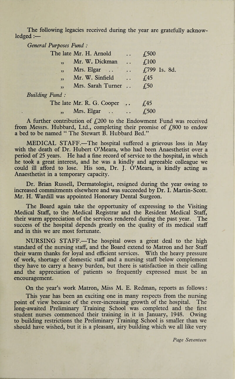 The following legacies received during the year are gratefully acknow¬ ledged :— General Purposes Fund : The late Mr. H. Arnold £500 „ Mr. W. Dickman £100 „ Mrs. Elgar £799 Is. 8d. „ Mr. W. Sinfield £45 „ Mrs. Sarah Turner .. £50 Building Fund : The late Mr. R. G. Cooper ,. £45 „ Mrs. Elgar £500 A further contribution of £200 to the Endowment Fund was received from Messrs. Hubbard, Ltd., completing their promise of £800 to endow a bed to be named “ The Stewart B. Hubbard Bed.” MEDICAL STAFF.—The hospital suffered a grievous loss in May with the death of Dr. Hubert O’Meara, who had been Anaesthetist over a period of 25 years. He had a fine record of service to the hospital, in which he took a great interest, and he was a kindly and agreeable colleague we could ill afford to lose. His son. Dr. J. O’Meara, is kindly acting as Anaesthetist in a temporary capacity. Dr. Brian Russell, Dermatologist, resigned during the year owing to increased commitments elsewhere and was succeeded by Dr. I. Martin-Scott. Mr. H. Wardill was appointed Honorary Dental Surgeon. The Board again take the opportunity of expressing to the Visiting Medical Staff, to the Medical Registrar and the Resident Medical Staff, their warm appreciation of the services rendered during the past year. The success of the hospital depends greatly on the quality of its medical staff and in this we are most fortunate. NURSING STAFF.—The hospital owes a great deal to the high standard of the nursing staff, and the Board extend to Matron and her Staff their warm thanks for loyal and efficient services. With the heavy pressure of work, shortage of domestic staff and a nursing staff below complement they have to carry a heavy burden, but there is satisfaction in their calling and the appreciation of patients so frequently expressed must be an encouragement. On the year’s work Matron, Miss M. E. Redman, reports as follows: This year has been an exciting one in many respects from the nursing point of view because of the ever-increasing growth of the hospital. The long-awaited Preliminary Training School was completed and the first student nurses commenced their training in it in January, 1948. Owing to building restrictions the Preliminary Training School is smaller than we should have wished, but it is a pleasant, airy building which we all like very