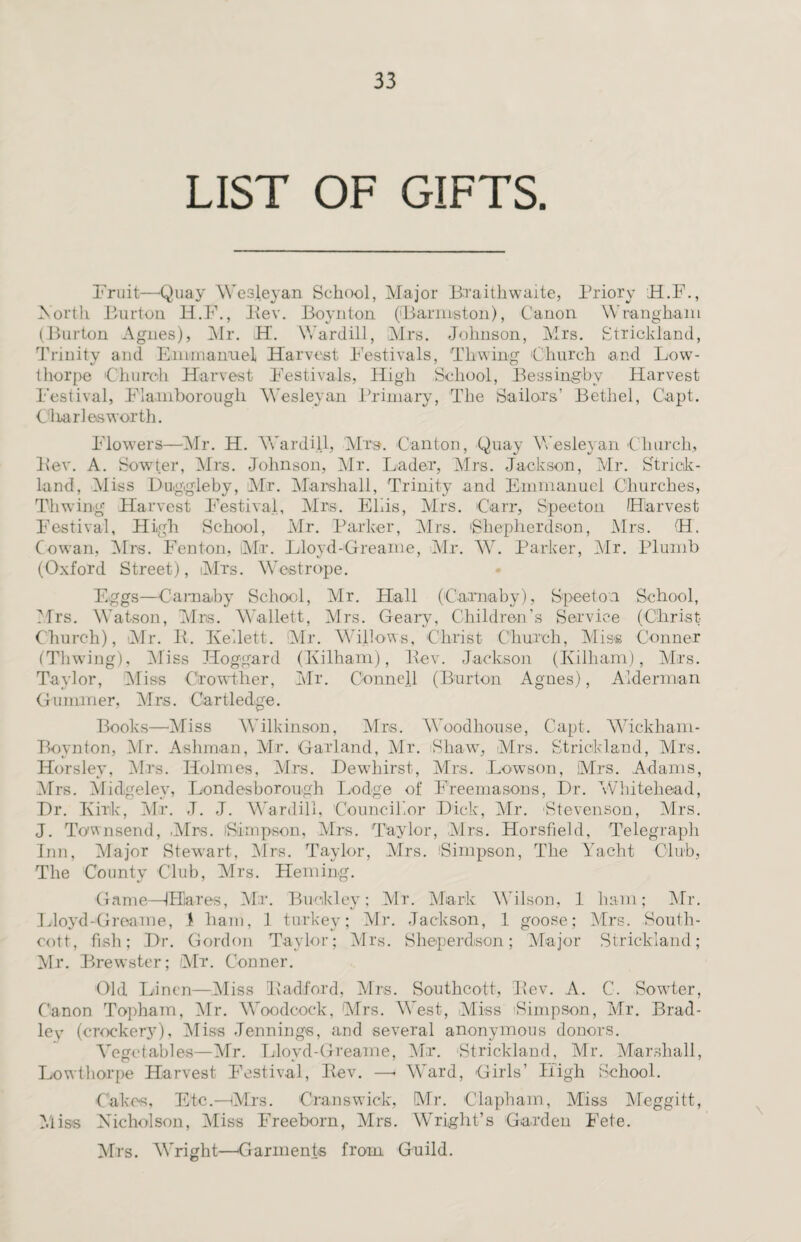 LIST OF GIFTS. Fruit—-Quay Wesleyan School, Major Braithwaite, Priory H.F., North Burton Ii.F., Bev. Boynton (Barnuston), Canon Wrangham (Burton Agnes), Mr. H. Wardill, Mrs. Johnson, Mrs. Strickland, Trinity and Emmanuel Harvest Festivals, Thwing Church and Low- thorpe 'Church Harvest Festivals, High School, Bessingby Harvest Festival, Flamborougli Wesleyan Primary, The Sailors’ Bethel, Gapt. Clearies worth. Flowers—Air. H. Wardill, Mrs. Canton, Quay Wesleyan Church, Bev. A. Sow ter, Mrs. Johnson, Mr. Lader, Mrs. Jackson, Mr. Strick¬ land, Miss Duggleby, Mr. Marshall, Trinity and Emmanuel Churches, Thwing Harvest Festival, Mrs. Ellis, Mrs. Carr, Speeton Harvest Festival, High School, Air. Parker, Airs. 'Shepherdson, Airs. H. Cowan, ATrs. Fenton, Mr. Lloyd-Greame, Air. AV. Parker, Air. Plumb (Oxford Street), Airs. Westrope. Eggs—Carnaby School, Air. Hall (Carnaby), Speeton School, Airs. Watson, Airs. Wallett, Mrs. Geary, Children’s Service (Christ Church), Mr. B. ICellett. Air. Willows, Christ Church, Aliss Conner (Thwing), Aliss Hog'gard (Kilham), Bev. Jackson (Killiam), Airs. Taylor, Aliss Crowther, Air. Connell (Burton Agues), Alderman Glimmer, Mrs. Cartledge. 7 P Books—Aliss Wilkinson, Mrs. Woodhouse, Capt. AVickham- Boynton, Air. Ashman, Air. Garland, Mr. Shaw, Airs. Strickland, Mrs. Horsley, Airs. Holmes, Airs. Dewhirst, Mrs. Lowson, Mrs. Adams, Airs. Alictgelev, Londesborough Lodge of Freemasons, Dr. Whitehead, Dr. Kirk, Air. J. J. Wardill, Councilor Dick, Air. Stevenson, Airs. J. Townsend, Mrs. Simpson, Mrs. Taylor, Airs. Horsfield, Telegraph Inn, Alajor Stewart, Airs. Taylor, Airs. 'Simpson, The AMcht Club, The County Club, Airs. Heming. Game—IHares, Air. Buckley; Air. Mark Wilson, 1 ham; Mr. Lloyd-Greame, 1 ham, 1 turkey; Mr. Jackson, 1 goose; Airs. South- cott, fish; Dr. Gordon Taylor; Airs. Sheperdison; Major Strickland; Air. Brewster; Air. Conner. Old Linen—Aliss Badford, Mrs. Southcott, Bev. A. C. Sowter, Canon Tophain, Air. Woodcock, Mrs. West, Miss 'Simpson, Air. Brad¬ ley (crockery), Aliss Jennings, and several anonymous donors. Vegetable's—Air. Lloyd-Greame, Air. Strickland, Mr. Marshall, Lowthorpe Harvest Festival, Bev. —• Ward, Girls’ High School. Cakes, Etc.—Mrs. Cranswick, Air. Clapham, Miss Aleggitt, Miss Nicholson, Aliss Freeborn, Mrs. Wright’s Garden Fete. Mrs. AVright—'Garments from Guild.