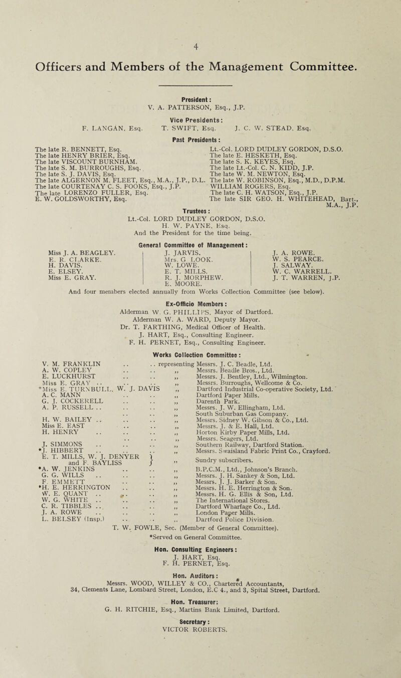 Officers and Members of the Management Committee. President: V. A. PATTERSON, Esq., J.P. Vice Presidents: F. LANGAN, Esq. T. SWIFT, Esq. J. C. W. STEAD, Esq. Past Presidents: The late R. BENNETT, Esq. The late HENRY BRIER, Esq. The late VISCOUNT BURNHAM. The late S. M. BURROUGHS, Esq. The late S. J. DAVIS, Esq. The late ALGERNON M. FLEET, Esq., M.A., J.P., D. The late COURTENAY C. S. FOOKS, Esq., J.P. The late LORENZO FULLER, Esq. E. W. GOLDSWORTHY, Esq. Lt.-Col. LORD DUDLEY GORDON, D.S.O. The late E. HESKETH, Esq. The late S. K. KEYES, Esq. The late Lt.-Col. C. N. KIDD, J.P. The late W. M. NEWTON, Esq. The late W. ROBINSON, Esq., M.D., D.P.M. WILLIAM ROGERS, Esq. The late C. H. WATSON, Esq., J.P. The late SIR GEO. H. WHITEHEAD, Bart., M.A., J.P. Trustees: Lt.-Col. LORD DUDLEY GORDON, D.S.O. H. W. PAYNE, Esq. And the President for the time being. Miss J. A. BEAGLEY. E. R. CLARKE. H. DAVIS. E. ELSEY. Miss E. GRAY. Genera! Committee of Management: J. JARVIS. Mrs. G LOOK. W. LOWE. E. T. MILLS. R. J. MORPHEW. E. MOORE. J. A. ROWE. W. S. PEARCE. J. SALWAY. W. C. WARRELL. J. T. WARREN, J.P. And four members elected annually from Works Collection Committee (see below). Ex-Officio Members: Alderman W. G. PHILLIPS, Mayor of Dartford. Alderman W. A. WARD, Deputy Mayor. Dr. T. FARTHING, Medical Officer of Health. J. HART, Esq., Consulting Engineer. F. H. PERNET, Esq., Consulting Engineer. V. M. FRANKLIN A. W. COPLEY E. LUCKHURST Miss E. GRAY •• *Miss E. TURNBULL, W A. C. MANN G. J. COCKERELL A. P. RUSSELL .. H. W. BAILEY .. Miss E. EAST H. HENRY J. SIMMONS *J. HIBBERT E. T. MILLS, W. J. DENYER and F. BAYLISS *A. W. JENKINS G. G. WILLS F. EMMETT *H. E. HERRINGTON W. E. QUANT .. W. G. WHITE .. C. R. TIBBLES .. J. A. ROWE L. BELSEY (Insp.) Works Coilection Committee: .. representing Messrs. J. C. Beadle, Ltd. . . ,, Messrs. Beadle Bros., Ltd. ,, Messrs. J. Bentley, Ltd., Wilmington. ,, Messrs. Burroughs, Wellcome & Co. J. DAVIS ,, Dartford Industrial Co-operative Society, Ltd. .. ,, Dartford Paper Mills. .. ,, Darenth Park. ,, Messrs. J. W. Ellingham, Ltd. .. ,, South Suburban Gas Company. ,, Messrs. Sidney W. Gibson & Co., Ltd. ,, Messrs. J. & E. Hall, Ltd. ,, Horton Kirby Paper Mills, Ltd. .. ,, Messrs. Seagers, Ltd. ,, Southern Railway, Dartford Station. „ Messrs. Swaisland Fabric Print Co., Crayford. } Sundry subscribers. B.P.C.M., Ltd., Johnson’s Branch. Messrs. J. H. Sankey & Son, Ltd. Messrs. J. J. Barker & Son. Messrs. H. E. Herrington & Son. Messrs. H. G. Ellis & Son, Ltd. The International Stores. Dartford Wharfage Co., Ltd. London Paper Mills. Dartford Police Division. T. W. FOWLE, Sec. (Member of General Committee). *Served on General Committee. Hon. Consulting Engineers: J. HART, Esq. F. H. PERNET, Esq. Hon. Auditors: Messrs. WOOD, WILLEY & CO., Chartered Accountants, 34, Clements Lane, Lombard Street, London, E.C 4., and 3, Spital Street, Dartford. Hon. Treasurer: G. H. RITCHIE, Esq., Martins Bank Limited, Dartford. Secretary: VICTOR ROBERTS.