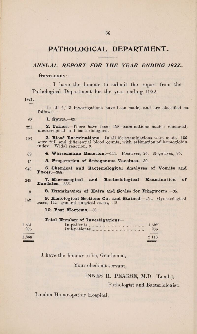 PATHOLOGICAL DEPARTMENT. ANNUAL REPORT FOR THE YEAR ENDING 1922, Gentlemen :— I have the honour to submit the report from the Pathological Department for the year ending 1922. 1921. In all 2,113 investigations have been made, and are classified as follows:— 68 1. Sputa.—69. 221 2. Urines.—There have been 459 examinations made : chemical, microscopical and bacteriological. 103 3. Blood Examinations.—In all 165 examinations were made : 156 were full and differential blood counts, with estimation of haemoglobin index. Widal reaction, 9. 62 4. Wassermann Reaction.—111. Positives, 26. Negatives, 85. 45 5. Preparation of Autogenous Vaccines.—30. 943 6. Chemical and Bacteriological Analyses of Vomits and Faeces.—388. 249 7. Microscopical and Bacteriological Examination of Exudates.—566. 9 8. Examination of Hairs and Scales for Ringworm.—35. 142 9- Histological Sections Cut and Stained.—254. Gfynsecological cases, 142; general surgical cases, 112. 10. Post Mortems.—36. Total Number of Investigations— 1,661 In-patients . 1,827 205 Out-patients. 286 1,866 2,113 I have the honour to be, Gentlemen, Your obedient servant, INNES H. PEARSE, M.D. (Loud.), Pathologist and Bacteriologist. London Homoeopathic Hospital.