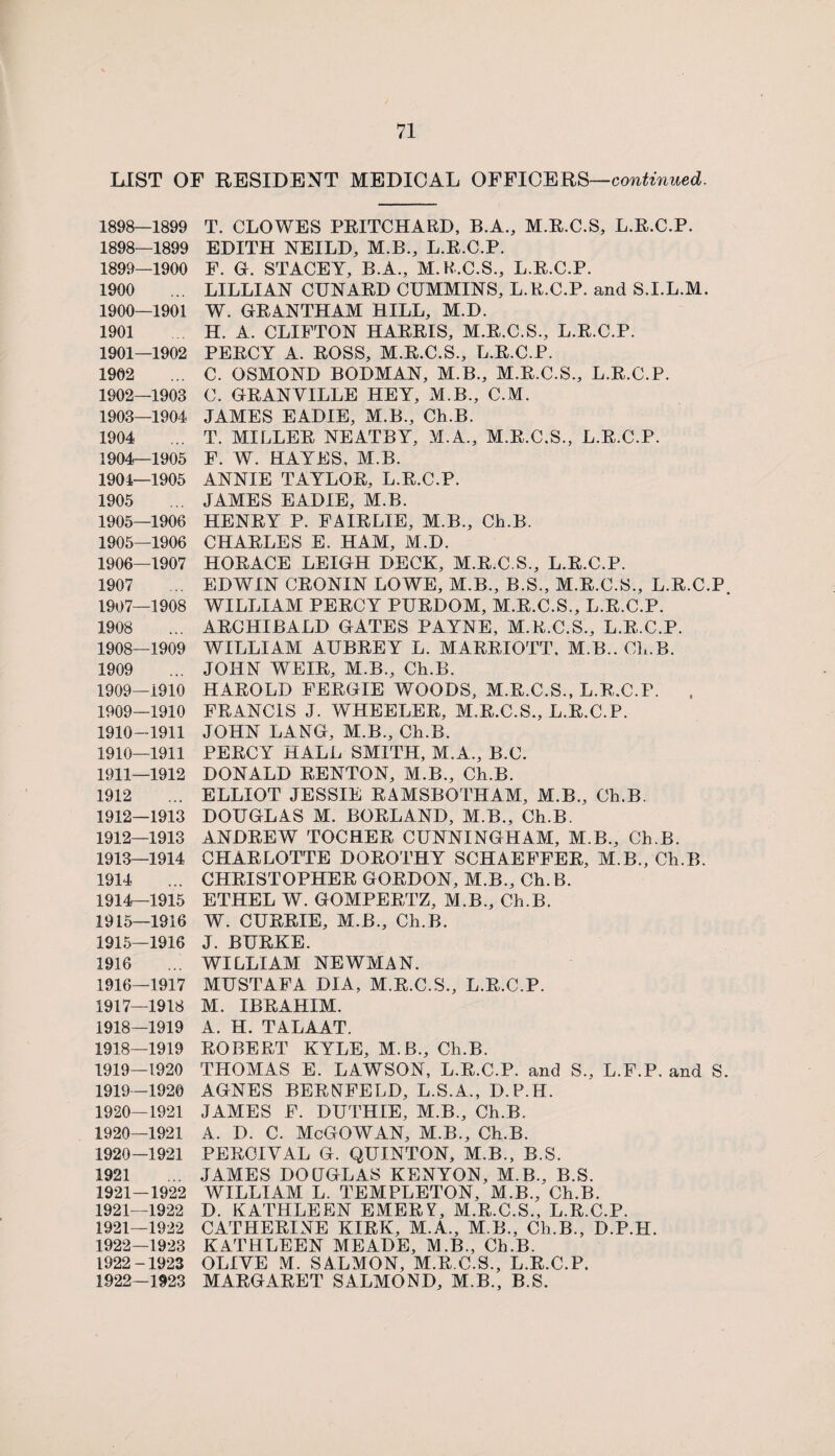LIST OF RESIDENT MEDICAL OFFICERS—continued. 1898—1899 T. CLOWES PRITCHARD, B.A., M.R.C.S, L.R.C.P. 1898— 1899 EDITH NEILD, M.B., L.R.C.P. 1899— 1900 F. G. STACEY, B.A., M.R.C.S., L.R.C.P. 1900 ... LILLIAN CUNARD CUMMINS, L.R.C.P. and S.I.L.M. 1900— 1901 W. GRANTHAM HILL, M.D. 1901 H. A. CLIFTON HARRIS, M.R.C.S., L.R.C.P. 1901— 1902 PERCY A. ROSS, M.R.C.S., L.R.C.P. 1902 ... C. OSMOND BODMAN, M.B., M.R.C.S., L.R.C.P. 1902— 1903 C. GRANVILLE HEY, M.B., C.M. 1903— 1904 JAMES EADIE, M.B., Ch.B. 1904 ... T. MILLER NEATBY, M.A., M.R.C.S., L.R.C.P. 1904— 1905 F. W. HAYES, M.B. 1904— 1905 ANNIE TAYLOR, L.R.C.P. 1905 JAMES EADIE, M.B. 1905— 1906 HENRY P. FAIRLIE, M.B., Ch.B. 1905— 1906 CHARLES E. HAM, M.D. 1906— 1907 HORACE LEIGH DECK, M.R.C.S., L.R.C.P. 1907 ... EDWIN CRONIN LOWE, M.B., B.S., M.R.C.S., L.R.C.P 1907— 1908 WILLIAM PERCY PURDOM, M.R.C.S., L.R.C.P. 1908 ... ARCHIBALD GATES PAYNE, M.R.C.S., L.R.C.P. 1908— 1909 WILLIAM AUBREY L. MARRIOTT, M.B.. Ch.B. 1909 ... JOHN WEIR, M.B., Ch.B. 1909— 1910 HAROLD FERGIE WOODS, M.R.C.S., L.R.C.P. 1909— 1910 FRANCIS J. WHEELER, M.R.C.S., L.R.C.P. 1910- 1911 JOHN LANG, M.B., Ch.B. 1910— 1911 PERCY HALL SMITH, M.A., B.C. 1911— 1912 DONALD RENTON, M.B., Ch.B. 1912 ... ELLIOT JESSIE RAMSBOTHAM, M.B., Ch.B. 1912— 1913 DOUGLAS M. BORLAND, M.B., Ch.B. 1912— 1913 ANDREW TOCHER CUNNINGHAM, M.B., Ch.B. 1913— 1914 CHARLOTTE DOROTHY SCHAEFFER, M.B., Ch.B. 1914 ... CHRISTOPHER GORDON, M.B., Ch.B. 1914— 1915 ETHEL W. GOMPERTZ, M.B., Ch.B. 1915— 1916 W. CURRIE, M.B., Ch.B. 1915— 1916 J. BURKE. 1916 ... WILLIAM NEWMAN. 1916— 1917 MUSTAFA DIA, M.R.C.S., L.R.C.P. 1917— 1918 M. IBRAHIM. 1918— 1919 A. H. TALAAT. 1918— 1919 ROBERT KYLE, M.B., Ch.B. 1919— 1920 THOMAS E. LAWSON, L.R.C.P. and S., L.F.P. and S. 1919— 1920 AGNES BERNFELD, L.S.A., D.P.H. 1920— 1921 JAMES F. DUTHIE, M.B., Ch.B. 1920—1921 A. D. C. McGOWAN, M.B., Ch.B. 1920- 1921 PERCIVAL G. QUINTON, M.B., B.S. 1921 ... JAMES DOUGLAS KENYON, M.B., B.S. 1921- 1922 WILLIAM L. TEMPLETON, M.B., Ch.B. 1921—1922 D. KATHLEEN EMERY, M.R.C.S., L.R.C.P. 1921— 1922 CATHERINE KIRK, M.A., M.B., Ch.B., D.P.H. 1922- 1923 KATHLEEN MEADE, M.B., Ch.B. 1922-1923 OLIVE M. SALMON, M.R.C.S., L.R.C.P. 1922—1923 MARGARET SALMOND, M.B., B.S.