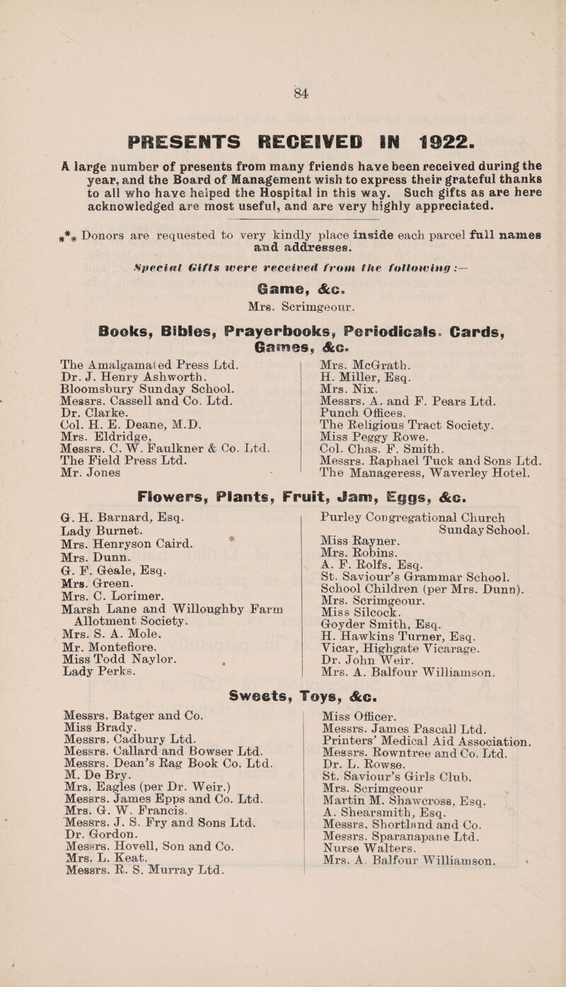 PRESENTS RECEIVED M 1922. A large number of presents from many friends have been received during the year, and the Board of Management wish to express their grateful thanks to all who have helped the Hospital in this way. Such gifts as are here acknowledged are most useful, and are very highly appreciated. ### Donors are requested to very kindly place inside each parcel full names and addresses. Special Gifts were received from the following Game, <&c. Mrs. Scrimgeour. Books, Bibles, Prayerbooks, Periodicals.. Cards, Games, The Amalgamated Press Ltd. Dr. J. Henry Ashworth. Bloomsbury Sunday School. Messrs. Cassell and Co. Ltd. Dr. Clarke. Col. H. E. Deane, M.D. Mrs. Eldridge, Messrs. C. W. Faulkner & Co. Ltd. The Field Press Ltd. Mr. Jones Mrs. McGrath. H. Miller, Esq. Mrs. Nix. Messrs. A. and F. Pears Ltd. Punch Offices. The Religious Tract Society. Miss Peggy Eowe. Col. Chas. F. Smith. Messrs. Eaphael Tuck and Sons Ltd. The Manageress, Waverley Hotel. Flowers, Plants G. H. Barnard, Esq. Lady Burnet. Mrs. Henryson Caird. Mrs. Dunn. G. F. Geale, Esq. Mrs. Green. Mrs. C. Lorimer. Marsh Lane and Willoughby Farm Allotment Society. Mrs. S. A. Mole. Mr. Montefiore. Miss Todd Naylor. Lady Perks. Fruit, Jam, Eggs, &c. Purley Congregational Church Sunday School. Miss Bayner. Mrs. Robins. A. F. Rolfs, Esq. St. Saviour’s Grammar School. School Children (per Mrs. Dunn). Mrs. Scrimgeour. Miss Silcock. Goyder Smith, Esq. H. Hawkins Turner, Esq. Vicar, Highgate Vicarage. Dr. John Weir. Mrs. A. Balfour Williamson. Sweets, Toys, &c. Messrs. Batger and Co. Miss Brady. Messrs. Cadbury Ltd. Messrs. Callard and Bowser Ltd. Messrs. Deanes Rag Book Co. Ltd. M. De Bry. Mrs. Eagles (per Dr. Weir.) Messrs. James Epps and Co. Ltd. Mrs. G. W. Francis. Messrs. J. S. Fry and Sons Ltd. Dr. Gordon. Messrs. Hovell, Son and Co. Mrs. L. Keat. Messrs. R. S. Murray Ltd. Miss Officer. Messrs. James Pascal! Ltd. Printers’ Medical Aid Association. Messrs. Rowntree and Co. Ltd. Dr. L. Rowse. St. Saviour’s Girls Club. Mrs. Scrimgeour Martin M. Shawcross, Esq. A. Shearsmith, Esq. Messrs. Shortbmd and Co. Messrs. Sparanapane Ltd. Nurse Walters. Mrs. A. Balfour Williamson.