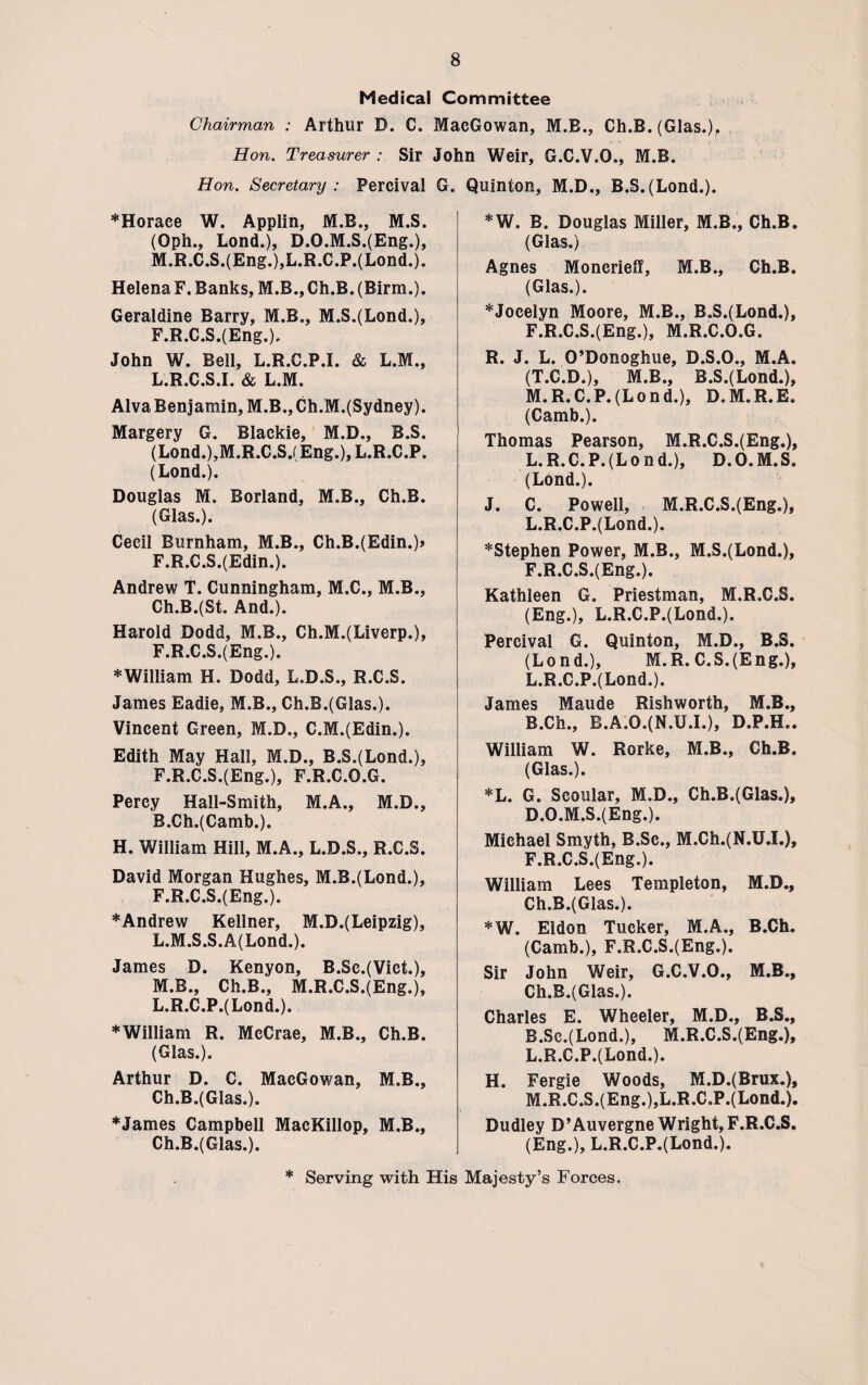Medical Committee Chairman : Arthur D. C. MacGowan, M.B., Ch.B. (Glas.), Hon. Treasurer : Sir John Weir. G.C.V.O.. M.B. Hon. Secretary : Percival G. *Horaee W. Applin, M.B., M.S. (Oph., Lond.), D.O.M.S.(Eng.), M.R.C.S.(Eng.),L.R.C.P.(Lond.). Helena F. Banks, M.B., Ch.B. (Birm.). Geraldine Barry, M.B., M.S.(Lond.), F.R.C.S.(Eng.), John W. Bell, L.R.C.P.I. & L.M., L.R.C.S.I. & L.M. Alva Benjamin, M.B.,Ch.M.(Sydney). Margery G. Blackie, M.D., B.S. (Lond.),M.R.C.S.(Eng.), L.R.C.P. (Lond.). Douglas M. Borland, M.B., Ch.B. (Glas.). Cecil Burnham, M.B., Ch.B.(Edin.)> F.R.C.S.(Edin.). Andrew T. Cunningham, M.C., M.B., Ch.B.(St. And.). Harold Dodd, M.B., Ch.M.(Liverp.), F.R.C.S.(Eng.). * William H. Dodd, L.D.S., R.C.S. James Eadie, M.B., Ch.B.(Glas.). Vincent Green, M.D., C.M.(Edin.). Edith May Hall, M.D., B.S.(Lond.), F.R.C.S.(Eng.), F.R.C.O.G. Percy Hall-Smith, M.A., M.D., R.Ch.(Camb.). H. William Hill, M.A., L.D.S., R.C.S. David Morgan Hughes, M.B.(Lond.), F.R.C.S.(Eng.). ♦Andrew Kellner, M.D.(Leipzig), L. M.S.S.A(Lond.). James D. Kenyon, B.Se.(Vict.), M. B., Ch.B., M.R.C.S.(Eng.), L.R.C.P.(Lond.). ♦William R. McCrae, M.B., Ch.B. (Glas.). Arthur D. C. MacGowan, M.B., Ch.B.(Glas.). ♦James Campbell MacKillop, M.B., Ch.B.(Glas.). Quinton, M.D., B.S.(Lond.). *W. B. Douglas Miller, M.B., Ch.B. (Glas.) Agnes Moncrieff, M.B., Ch.B. (Glas.). ♦Jocelyn Moore, M.B., B.S.(Lond.), F.R.C.S.(Eng.), M.R.C.O.G. R. J. L. O’Donoghue, D.S.O., M.A. (T.C.D.), M.B., B.S.(Lond.), M.R.C.P.(Lond.), D.M.R.E. (Camb.). Thomas Pearson, M.R.C.S.(Eng.), L.R.C.P. (Lond.), D.O.M.S. (Lond.). J. C. Powell, M.R.C.S.(Eng.), L.R.C.P.(Lond.). ♦Stephen Power, M.B., M.S.(Lond.), F.R.C.S.(Eng.). Kathleen G. Priestman, M.R.C.S. (Eng.), L.R.C.P.(Lond.). Percival G. Quinton, M.D., B.S. (Lond.), M.R. C.S.(Eng.), L.R.C.P.(Lond.). James Maude Rishworth, M.B., B.Ch., B.A.O.(N.XJ.L), D.P.H.. William W. Rorke, M.B., Ch.B. (Glas.). ♦L. G. Scoular, M.D., Ch.B.(Glas.), D.O.M.S.(Eng.). Michael Smyth, B.Sc., M.Ch.(N.U.I.), F.R.C.S.(Eng.). William Lees Templeton, M.D., Ch.B.(Glas.). *W. Eldon Tucker, M.A., B.Ch. (Camb.), F.R.C.S.(Eng.). Sir John Weir, G.C.V.O., M.B., Ch.B.(Glas.). Charles E. Wheeler, M.D., B.S., B.Se.(Lond.), M.R.C.S.(Eng.), L. R.C.P.(Lond.). H. Fergie Woods, M.D.(Brux.), M. R.C.S.(Eng.),L.R.C.P.(Lond.). Dudley D’Auvergne Wright,F.R.C.S. (Eng.), L.R.C.P.(Lond.). ♦ Serving with His Majesty’s Forces.