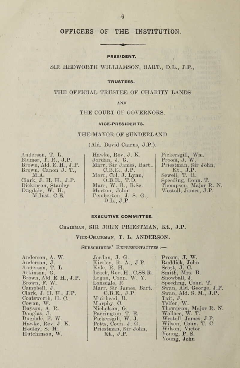 OFFICERS OF THE INSTITUTION. PRESIDENT. » SIR HEDWQRTH WILLIAMSON, BART., D.L., J.P., TRUSTEES. THE OFFICIAL TRUSTEE OF CHARITY LANDS AND THE COURT OF GOVERNORS. VICE-PR ESi DENTS. THE MAYOR OF SUNDERLAND Anderson, T. L. Blumer, T. R., J.P. Brown, Aid. E. H., J.P. Brown, Canon J. T., M.A. Clark, J. H. H., J.P. Dickinson, Stanley Dugdale, VV. H., M.Inst. C.E. (Aid. David Cairns, J.P.) Hawke, Rev. J. K. Jordan, J. G. Marr, Sir James, Bart., C. B.E., J.P. Marr, Col. J. Lynn, O.B.E., T.D. Marr, W. B., B.So. Morton, John Pemberton, J. S. G., D. L., J.P. EXECUTIVE COMMITTEE. Pickersgill, Wm. Proom, J. W. Priestman, Sir John, Kt., J.P. Sewell, T. R. Speeding, Goun. T. Thompson, Major R. N. Westoll, James, J.P. Chairman, SIR JOHN PRIESTMAN, Kt., J.P. Vice-Ohairman, T. L. ANDERSON. SUBSCRIBERS’ REPRESENTATIVES :- Anderson, A. W. Anderson, J. Anderson, T. L. Atkinson, G. Brown, Aid. E. H., J.P. Brown, F. W. Campbell, J. Clark, J. H. H., J.P. Coats worth, H. C. Cowan, W. Day son, A. It. Douglas, J. Dugdale, F. W. Hawke, Rev. J. K. Hedley, S. H. Hutchinson, W. Jordan, J. G. Kirtley, R. A., J.P. Kyle, R, H. Leach, Rev. H., O.SS.R. Logan, Coun. W. Y. Lonsdale, R Marr, Sir James, Bart. O.B.E., J.P. Muirhead, R. Murphy, 0. Nicholson, G. Parrington, T. E. Pickersgill, W. J. Potts, Coun. J. G. Priestman, Sir John, Kt., J.P. Proom, J. W. Ruddick, John Scott, J. 0. Smith, Mrs. B. Snowball, J. Speeding, Coun. T. Swan, Aid. George, J.P. Swmn, Aid. S. M., J.P. Tait, J. Teller, W. Thompson, Major R. N. Wallace, W. T. Westoll, James, J.P. Wilson, Coun. T. C. Wilson, Victor Young, P. S. Young, John