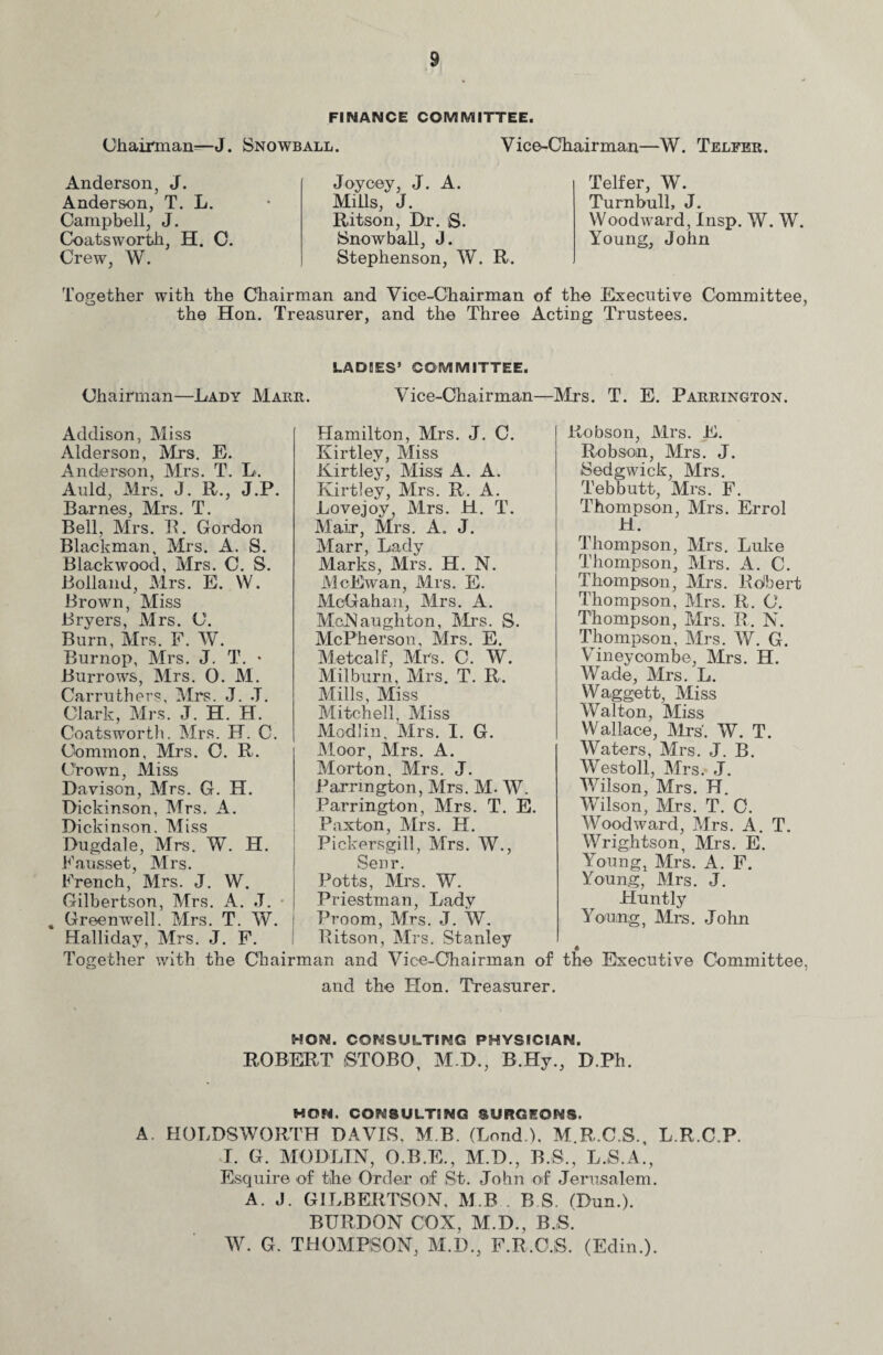 FINANCE COMMITTEE. Chairman—J. Snowball. Vice-Chairman—W. Telfer. Anderson, J. Anderson, T. L. Campbell, J. Coatsworth, H. C. Crew, W. Joycey, J. A. Mills, J. Ritson, Dr. S. Snowball, J. Stephenson, W. R. Telfer, W. Turnbull, J. Woodward, Insp. W. W. Young, John Together with the Chairman and Vice-Chairman of the Executive Committee, the Hon. Treasurer, and the Three Acting Trustees. LADIES5 COMMITTEE. Chairman—Rady Marr. Vice-Chairman—Mrs. T. E. Parrington. Addison, Miss Alderson, Mrs. E. Anderson, Mrs. T. L. Auld, Mrs. J. R., J.P. Barnes, Mrs. T. Bell, Mrs. E. Gordon Blackman, Mrs. A. S. Blackwood, Mrs. C. S. Bolland, Mrs. E. W. Brown, Miss Bryers, Mrs. C. Burn, Mrs. F. W. Burnop, Mrs. J. T. • Burrows, Mrs. 0. M. Carruthers, Mrs. J. J. Clark, Mrs. J. H. H. Coatsworth. Mrs. H. C. Common, Mrs. C. R. Crown, Miss Davison, Mrs. G. H. Dickinson, Mrs. A. Dickinson. Miss Dugdale, Mrs. W. H. Fausset, Mrs. French, Mrs. J. W. Gilbertson, Mrs. A. J. • Greenwell. Mrs. T. W. Halliday, Mrs. J. F. Hamilton, Mrs. J. C. Kirtley, Miss Kirtley, Miss; A. A. Kirtley, Mrs. R. A. Lovejoy, Mrs. H. T. Mair, Mrs. A. J. Marr, Lady Marks, Mrs. H. N. McEwan, Mrs. E. MoGahan, Mrs. A. McNaugliton, Mrs. S. McPherson, Mrs. E. Metcalf, Mrs. 0. W. Milburn, Mrs. T. R. Mills, Miss Mitchell, Miss Modi in, Mrs. I. G. Moor, Mrs. A. Morton, Mrs. J. Parrington, Mrs. M. W. Parrington, Mrs. T. E. Paxton, Mrs. H. Pickersgill, Mrs. W., Senr. Potts, Mrs. W. Priestman, Lady Proom, Mrs. J. W. Ritson, Mrs. Stanley Robson, Mrs. E. Robson, Mrs. J. Sedgwick, Mrs. Tebbutt, Mrs. F. Thompson, Mrs. Errol H. Thompson, Mrs. Luke Thompson, Mrs. A. C. Thompson, Mrs. Robert Thompson, Mrs. R. O. Thompson, Mrs. R. N. Thompson, Mrs. W. G. Vineycombe, Mrs. H. Wade, Mrs. L. Waggett, Miss Walton, Miss Wallace, Mrs'. W. T. Waters, Mrs. J. B. Westoll, Mrs. J. Wilson, Mrs. H. Wilson, Mrs. T. C. Woodward, Mrs. A. T. Wrightson, Mrs. E. Young, Mrs. A. F. Young, Mrs. J. Huntly Young, Mrs. John « the Executive Committee Together with the Chairman and Vice-Chairman of and the Hon. Treasurer. MON. CONSULTING PHYSICIAN. ROBERT (STOBO, M.D., B.Hy., D.Ph. HON. CONSULTING SURGEONS. A. HOLDSWORTH DAVIS, M B. (Bond.), M.R.C.S., L.R.C.P. T. G. MODLIN, O.B.E., M.D., B.S., L.S.A., Esquire of the Order of St. John of Jerusalem. A. J. GILBERTSON, M B . B S. (Dun.). BURDON COX, M.D., B,S. W. G. THOMPSON, M.D., F.R.O.iS, (Edin.).