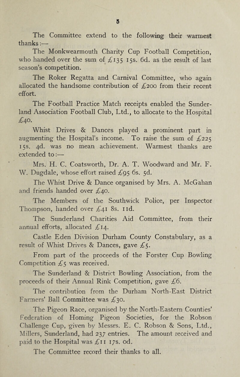 5 The Committee extend to the following their warmest thanks:— The Monkwearmouth Charity Cup Football Competition, who handed over the sum of £135 15s. 6d. as the result of last seasons competition. The Roker Regatta and Carnival Committee, who again allocated the handsome contribution of £200 from their recent effort. The Football Practice Match receipts enabled the Sunder¬ land Association Football Club, Ltd., to allocate to the Hospital £4°- Whist Drives & Dances played a prominent part in augmenting the Hospital’s income. To raise the sum of £225 15s. 4d. was no mean achievement. Warmest thanks are extended to:— Mrs. H. C. Coatsworth, Dr. A. T. Woodward and Mr. F. W. Dugdale, whose effort raised £g$ 6s. 5d. The Whist Drive & Dance organised by Mrs. A. McGahan and friends handed over £40. The Members of the Southwick Police, per Inspector Thompson, handed over £41 8s. nd. The Sunderland Charities Aid Committee, from their annual efforts, allocated £14. Castle Eden Division Durham County Constabulary, as a result of Whist Drives & Dances, gave £$. From part of the proceeds of the Forster Cup Bowling Competition £$ was received. The Sunderland & District Bowling Association, from the proceeds of their Annual Rink Competition, gave £6. The contribution from the Durham North-East District Farmers’ Ball Committee was £30. The Pigeon Race, organised by the North-Eastern Counties’ Federation of Homing Pigeon Societies, for the Robson Challenge Cup, given by Messrs. E. C. Robson & Sons, Ltd., Millers, Sunderland, had 237 entries. The amount received and paid to the Hospital was £11 17s. od. The Committee record their thanks to all.