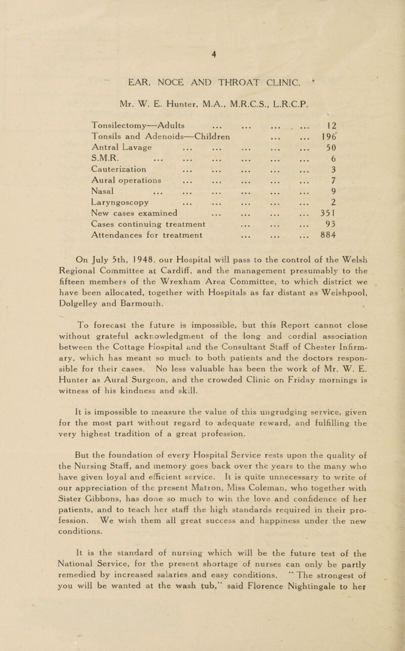 EAR, NOCE AND THROAT CLINIC. ‘ Mr. W. E. Hunter, M.A., M.R.C.S., L.R.C.P. Tonsilectomy—Adults Tonsils and Adenoids-Children Antral Lavage S.M.R. Cauterization Aural operations Nasal Laryngoscopy New cases examined Cases continuing treatment Attendances for treatment 12 196 50 6 3 7 9 2 351 93 884 On July 5th, 1948, our Hospital will pass to the control of the Welsh Regional Committee at Cardiff, and the management presumably to the fifteen members of the Wrexham Area Committee, to which district we have been allocated, together with Hospitals as far distant as V/elshpool, Dolgelley and Barmouth. To forecast the future is impossible, but this Report cannot close without grateful acknowledgment of the long and cordial association between the Cottage Hospital and the Consultant Staff of Chester Infirm¬ ary, which has meant so much, to both patients and the doctors respon¬ sible for their cases. No less valuable has been the work of Mr. W. E. Hunter as Aural Surgeon, and the crowded Clinic on Friday mornings is witness of his kindness and skill. It is impossible to measure the value of this ungrudging service, given for the most part without regard to adequate reward, and fulfilling the very highest tradition of a great profession. But the foundation of every Hospital Service rests upon the quality of the Nursing Staff, and memory goes back over the years to the many who have given loyal and efficient service. It is quite unnecessary to write of our appreciation of the present Matron, Miss Coleman, who together with Sister Gibbons, has done so much to win the love and confidence of her patients, and to teach her staff the high standards required in their pro¬ fession. We wish them all great success and happiness under the new conditions. It is the standard of nursing which will be the future test of the National Service, for the present shortage of nurses can only be partly remedied by increased salaries and easy conditions. “ The strongest of you will be wanted at the wash tub,” said Florence Nightingale to her